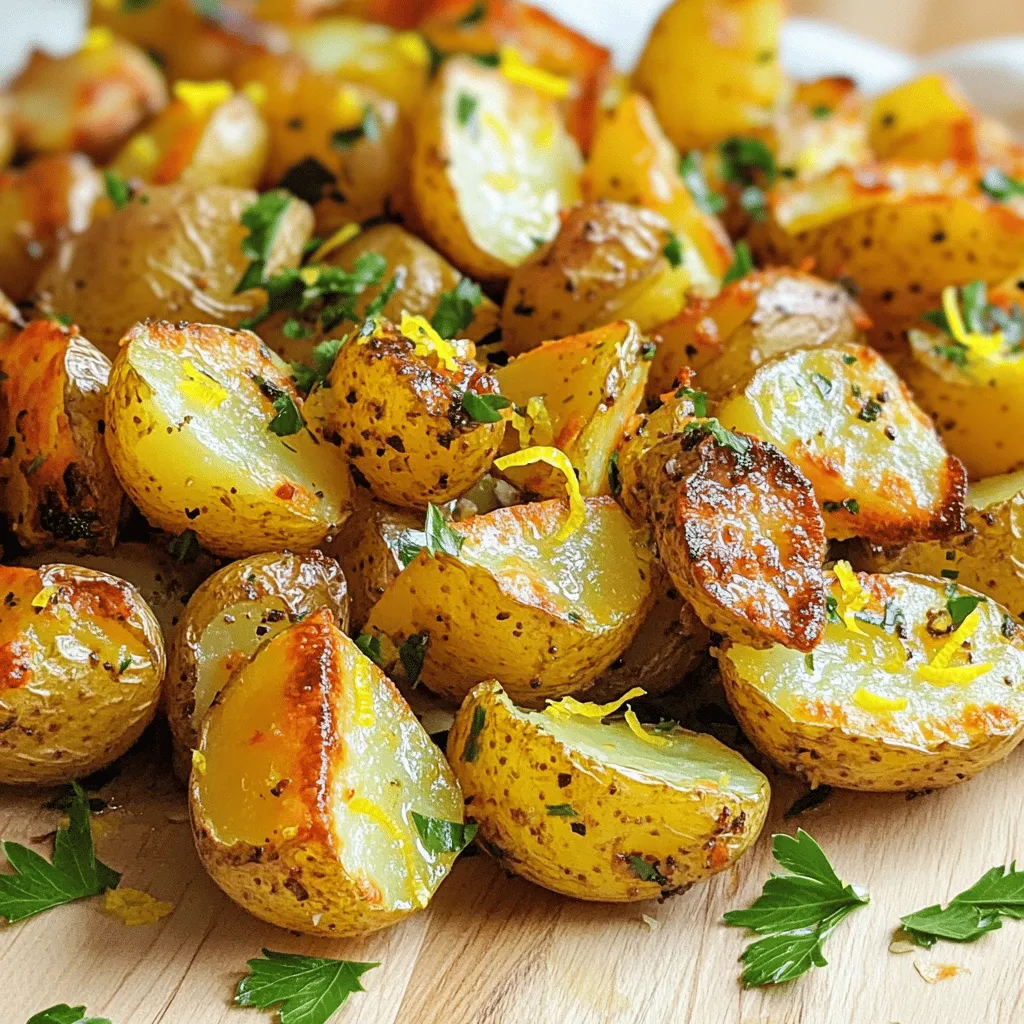 To make Greek Lemon Garlic Roasted Potatoes, gather these key ingredients. Each one adds a unique flavor to the dish. - 2 pounds baby potatoes, halved - 4 cloves garlic, finely minced - 1/4 cup high-quality extra virgin olive oil - Zest and juice of 2 fresh lemons - 1 teaspoon dried oregano - 1 teaspoon dried thyme - Salt and freshly ground black pepper, to taste - Fresh parsley or dill, chopped, for garnish These ingredients work together to create a bright and zesty dish. The baby potatoes provide a creamy texture, while garlic adds depth. Olive oil helps the potatoes roast beautifully, giving them that perfect crispiness. The lemon zest and juice brighten the flavors, making every bite refreshing. Dried herbs like oregano and thyme bring warmth and earthiness. Lastly, fresh herbs add a pop of color and freshness as a garnish. Enjoy cooking with these simple yet flavorful ingredients! 1. Preheat the oven. Start by setting your oven to 425°F (220°C). This hot temperature helps the potatoes become crispy. 2. Prepare the baking sheet. Line a large baking sheet with parchment paper. This helps prevent sticking and makes cleanup easy. 3. Mix the ingredients. In a big bowl, combine 2 pounds of halved baby potatoes, 4 cloves of minced garlic, 1/4 cup of extra virgin olive oil, the zest and juice from 2 fresh lemons, 1 teaspoon each of dried oregano and thyme, and salt and pepper. Toss everything well so each potato gets coated. 1. Spread potatoes on the baking sheet. Pour the coated potatoes onto the baking sheet in a single layer. Make sure they are not too close together. This helps them crisp up nicely. 2. Roast time and flipping technique. Put the baking sheet in the oven. Roast the potatoes for 30-35 minutes. Halfway through, flip them over with a spatula to roast evenly. 3. Check for doneness. When they turn golden brown and crispy, they should be done. You can poke one with a fork to see if it's tender inside. 1. Transfer to serving dish. Once done, carefully move the hot potatoes to a serving dish. 2. Garnish with fresh herbs. For a fresh touch, sprinkle chopped parsley or dill on top before serving. This adds color and flavor. To get crispy potatoes, you must space them out. When the potatoes sit too close, steam builds up. This steam prevents them from becoming crispy. Keep them in a single layer on your baking sheet. Each piece needs room to breathe. Flipping the potatoes is another key step. Halfway through roasting, turn them over. This helps them brown evenly. The result? Perfectly crispy potatoes with a golden crust. Fresh herbs can make a big difference. They add brightness and depth. If you have fresh parsley or dill, use them instead of dried. Fresh herbs give a burst of flavor that dried herbs cannot match. You can also spice things up. Consider adding paprika or cumin for a warm twist. A pinch of chili flakes can add heat. Experiment with flavors that you love. Overcrowding the baking sheet is a common error. It may seem like a good idea to fit more potatoes, but it leads to soggy results. Always spread them out for the best texture. Not preheating the oven is another mistake. A hot oven ensures the potatoes roast quickly. It helps them become crispy and golden. Always check that your oven is at the right temperature before you start cooking. {{image_4}} You can use many types of potatoes in this recipe. Baby potatoes are great, but you can try Yukon Gold or red potatoes. These varieties add different textures and flavors. If you're looking for vegan options, replace the olive oil with a plant-based oil. You can also use vegetable broth instead of oil for a lighter dish. Adding cheese can take the dish to a new level. Feta cheese works well with the lemon and garlic. Sprinkle it on right before serving for a creamy touch. You can also use different citrus fruits. Try limes or oranges for a twist. Their juice can brighten the dish and add unique flavors. Air frying the potatoes is a quick and healthier option. It makes them crispy without using much oil. Set your air fryer to 400°F (200°C) and cook for about 20 minutes. Boiling potatoes before roasting can help them get tender inside. After boiling, drain them well and toss them with the other ingredients. Then, roast them until crispy for the best of both worlds. To keep your Greek lemon garlic roasted potatoes fresh, store them in the fridge. Place the leftovers in an airtight container. They will stay tasty for up to four days. If you want to keep them longer, consider freezing. Lay the cooled potatoes on a baking sheet. Freeze them for about an hour, then move them to a freezer bag. This method helps avoid clumping. When reheating, aim for that crispiness. The best way is to use the oven. Preheat it to 400°F (200°C). Spread the potatoes on a baking sheet and heat for about 10-15 minutes. This keeps them crispy. You can also use an air fryer for a quicker option. Just heat them at 350°F (175°C). For flavor, add a sprinkle of salt or fresh herbs before serving. This little touch enhances the taste. In the fridge, these roasted potatoes last up to four days. If frozen, they can stay good for about two months. Just remember to label the bag with the date. This way, you can enjoy them later without worry. To make Greek Lemon Garlic Roasted Potatoes vegan, simply use the same ingredients. This recipe already is plant-based. The baby potatoes, garlic, olive oil, and herbs are all vegan-friendly. So, you don’t need to change anything. Yes, you can use larger potatoes. Just cut them into smaller chunks. Aim for pieces that are similar in size. This helps them cook evenly. You may need to adjust the cooking time. Larger pieces may take a bit longer to roast. These potatoes pair well with many dishes. You can serve them with grilled chicken or fish. They also go great with a fresh salad. For a vegetarian option, try them with stuffed peppers. Don’t forget to add a dollop of tzatziki for extra flavor! The potatoes are done when they are golden brown and crispy. Insert a fork or knife into a piece. It should go in easily. If they feel soft on the inside and crispy outside, they are ready. Keep an eye on them to avoid burning! Roasting Greek Lemon Garlic Potatoes is easy and fun. Start with fresh ingredients like baby potatoes and garlic. Follow simple steps from prepping to roasting. Remember key tips to avoid mistakes. Make it your own with variations and flavors. With a bit of care, you can serve perfect roasted potatoes at your next meal. Enjoy your cooking adventure and wow your guests with this tasty side dish!