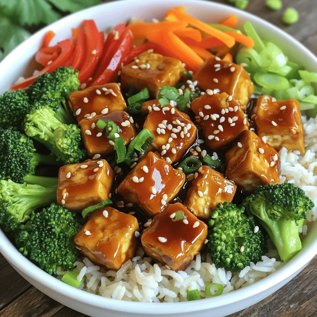 - 1 block (14 oz) firm tofu, pressed and cubed - 1/4 cup low-sodium soy sauce - 2 tablespoons pure maple syrup - 1 cup broccoli florets, cut into bite-sized pieces - 1 medium carrot, julienned - 1 red bell pepper, sliced into thin strips - 2 green onions, finely chopped - Sesame seeds, for a delightful garnish The main ingredients in this dish create a strong base for flavor. Firm tofu gives a hearty texture. Low-sodium soy sauce adds a savory kick, while maple syrup brings in sweetness. This balance makes each bite enjoyable. The vegetables add color and nutrition. Broccoli florets give a nice crunch. The carrot adds sweetness and texture. Red bell pepper brings a vibrant look and a slight bite. These fresh veggies make the bowl not just tasty but also visually appealing. For garnishes, chopped green onions add freshness and zing. Sesame seeds, sprinkled on top, provide a nutty flavor and crunch. Together, these elements make a simple meal feel special. These ingredients work together to create a dish that is not only easy to make but also packed with flavor. They showcase the beauty of plant-based cooking. You can mix and match these components based on your tastes. Enjoy the vibrant flavors and textures in every bite! First, gather a small mixing bowl. In it, whisk together: - 1/4 cup low-sodium soy sauce - 2 tablespoons pure maple syrup - 1 tablespoon rice vinegar - 1 tablespoon toasted sesame oil - 1 teaspoon freshly grated ginger - 2 cloves garlic, minced Mix these ingredients well until they blend smoothly. After mixing, set the sauce aside. Letting it sit lets all the flavors meld together. This step makes your sauce rich and delicious. Next, grab a non-stick skillet and heat it over medium heat. Add a splash of water. Place your broccoli florets, julienned carrots, and sliced red bell pepper into the skillet. Cover the skillet with a lid. Steam the vegetables for about 3-4 minutes. You want them tender but still crisp. Once they are done, take them out and keep them warm on a plate. Now it's time to cook the tofu. In the same skillet, drizzle a bit of oil and turn the heat to medium-high. Carefully add the cubed tofu in an even layer. Let it fry without stirring for 3-4 minutes. This helps to achieve a nice golden-brown color. After that, gently turn the tofu cubes to brown all sides evenly. Cook for another 3-4 minutes until they are golden and crisp. Once your tofu is golden, it's time to glaze it. Pour the prepared teriyaki sauce over the tofu. Sauté gently for about 3-4 minutes. Stir occasionally until the sauce thickens. You want each tofu cube to be well coated with the glossy sauce. This adds great flavor and makes the dish shine. To serve, start by evenly distributing the fluffy jasmine rice into four bowls. Top each bowl generously with the teriyaki glazed tofu. Then, arrange the steamed vegetables on top. This makes a colorful and inviting dish. Finally, it’s time to add some flair. Sprinkle chopped green onions and sesame seeds on each bowl. This adds crunch and a fresh look. For a special touch, serve the bowls on a wooden platter or colorful plates. A slice of lime on the side can brighten up the dish even more. To get the best texture, start by pressing the tofu. This removes extra moisture. Wrap the tofu in a clean towel and place something heavy on top. Let it sit for 15-20 minutes. This step helps the tofu soak up flavors and become crisp. When cooking, heat your skillet to medium-high. Add a bit of oil before placing the tofu in. Let it fry without stirring for 3-4 minutes. This helps it turn golden brown. After that, gently flip the tofu to cook all sides. You can adjust the teriyaki sauce to match your taste. If you want it sweeter, add more maple syrup. For a tangy kick, increase the rice vinegar. Feel free to experiment with the sauce. Adding spices can also boost the flavor. Try a pinch of red pepper flakes for heat or a little garlic powder for depth. Fresh herbs like cilantro or basil can add freshness, too. The best tools for this recipe include a non-stick skillet and a good knife. A non-stick pan helps prevent the tofu from sticking and burning. A sharp knife makes cutting the veggies easy and safe. For skillet selection, choose one that heats evenly. This helps cook the tofu and veggies consistently. A cast-iron skillet can also work well but requires more oil to prevent sticking. {{image_4}} If you want to change things up, consider using tempeh or seitan. Both options are great plant-based proteins. Tempeh has a nutty flavor and a firm texture that holds up well in stir-fries. Seitan mimics meat closely and adds a chewy texture. You can also try chickpeas or lentils for a different twist on protein. Feel free to swap out the vegetables based on what you have. Snow peas, zucchini, or snap peas all work well. You can use seasonal veggies like asparagus in spring or sweet potatoes in the fall. This flexibility helps keep your meal fresh and exciting throughout the year. Want a kick? Try a spicy teriyaki sauce by adding chili paste or sriracha. It gives a nice heat that pairs well with the sweet glaze. If you prefer, substitute honey or agave syrup for the maple syrup. Each option offers a unique flavor twist that can change the whole dish. To keep your Teriyaki Glazed Tofu Bowls fresh, store them in airtight containers. Make sure to allow the dish to cool before sealing. This helps keep moisture out. In the fridge, they last about 3 to 5 days. Always check for signs of spoilage before eating. When reheating, use the microwave or a skillet. For the microwave, place the bowl covered with a damp paper towel. This keeps moisture in. Heat in short bursts, stirring in between. If using a skillet, add a splash of water to avoid dryness. Heat on low until warm, stirring gently to keep the tofu from getting soggy. To freeze your bowls, store them in freezer-safe containers. Leave space for expansion as the food freezes. Label and date the containers for easy access. They can stay frozen for up to 3 months. When ready to eat, thaw overnight in the fridge. Reheat as mentioned above for best results. You can serve many sides with Teriyaki Glazed Tofu Bowls. Here are some tasty options: - Steamed edamame - Pickled vegetables - Cucumber salad - Miso soup - Seaweed salad - Fresh fruit like pineapple or mango These sides add flavor and color to your meal. They also complement the tofu’s taste. Making teriyaki sauce is simple. Here’s an easy recipe: - 1/4 cup low-sodium soy sauce - 2 tablespoons pure maple syrup - 1 tablespoon rice vinegar - 1 tablespoon toasted sesame oil - 1 teaspoon freshly grated ginger - 2 cloves minced garlic Whisk all the ingredients together in a bowl. Let it sit for a few minutes. This helps the flavors mix well. Yes, you can make this dish gluten-free. Here are some substitutes: - Use tamari instead of soy sauce. - Ensure your maple syrup is pure. - Choose gluten-free rice vinegar. These swaps keep your meal gluten-free without losing flavor. Jasmine rice is ideal for Teriyaki Glazed Tofu Bowls. It has a lovely aroma and fluffy texture. You can also use: - Brown rice for more fiber. - Cauliflower rice for a low-carb option. - Sushi rice for a stickier texture. Choose what you like best! Yes, Teriyaki Glazed Tofu is a healthy meal choice. Here are some benefits: - Tofu is a great source of protein. - It is low in calories and high in nutrients. - The veggies add fiber and vitamins. - The dish is rich in flavor without heavy fats. This meal is both tasty and nutritious! This blog post covered how to make tasty Teriyaki Glazed Tofu Bowls. We explored key ingredients like firm tofu, fresh vegetables, and a flavorful sauce. I shared step-by-step instructions for preparing the sauce, steaming veggies, and cooking tofu. Remember, you can customize this dish to fit your taste. Experiment with different proteins and vegetables. Pay attention to cooking techniques for the best results. Enjoy this healthy meal, and keep it fun in the kitchen!