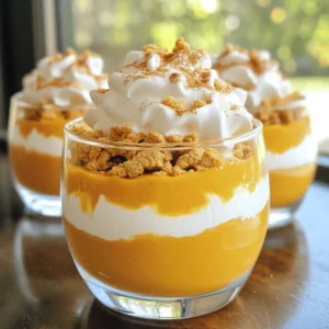 To make these tasty pudding cups, you need the following: - 1 cup pumpkin puree - 2 cups milk - 1/2 cup heavy cream - 1/2 cup granulated sugar - 1/4 cup cornstarch - 1 teaspoon pumpkin pie spice - 1 teaspoon pure vanilla extract - 1/4 cup strong brewed coffee, cooled These ingredients create a creamy base with rich pumpkin flavor. The pumpkin puree gives it that classic taste, while the coffee adds depth. The milk and heavy cream help achieve a smooth texture. If you want a dairy-free version, you can easily swap some ingredients. Use almond milk instead of regular milk. For the heavy cream, coconut cream is a great choice. Both options work well and still taste fantastic. To make your pudding cups even more special, consider these garnishes: - Whipped cream - Crushed graham crackers - Ground cinnamon These toppings add texture and flavor. The whipped cream gives a light touch, while the graham crackers add crunch. A sprinkle of cinnamon brings all the flavors together beautifully. To start, grab a medium-sized saucepan. In it, mix 1/2 cup of granulated sugar, 1/4 cup of cornstarch, and 1 teaspoon of pumpkin pie spice. Whisk these dry ingredients together over medium heat. This helps combine them well, so your pudding will be smooth. Next, slowly pour in 2 cups of milk and 1/2 cup of heavy cream. Keep whisking as you add the liquids. This prevents lumps from forming. Cook this mixture, stirring often, for about 5 to 7 minutes. You’ll know it’s ready when it thickens and starts to bubble gently. Once your mixture is thick, take the saucepan off the heat. Stir in 1 cup of pumpkin puree, 1 teaspoon of pure vanilla extract, and 1/4 cup of cooled, strong brewed coffee. Mix these ingredients until the pudding is smooth and well combined. This step adds that rich pumpkin spice flavor we love. The coffee adds a hint of depth, perfect for a latte twist. Now it's time to pour your pudding. Carefully fill individual cups or glasses with the mixture. You can fill them to your desired level, but leave some space for toppings. Cover each cup with plastic wrap. This prevents a skin from forming on top. Place the cups in the fridge and let them chill for at least 2 hours. This time allows the pudding to set properly. Once set, top each cup with whipped cream. Add a sprinkle of crushed graham crackers and ground cinnamon for a festive look. Enjoy your delicious Pumpkin Spice Latte Pudding Cups! To get that creamy texture, whisk the dry ingredients well. This helps mix the sugar, cornstarch, and pumpkin pie spice fully. When you add milk and cream, do it slowly while whisking. This keeps the mixture smooth. Cook the mix until you see small bubbles. This signals it’s thick enough. If it feels too thick, add a splash of milk. This keeps it silky and light. To boost flavor, try adding a pinch of nutmeg or ginger. These spices add warmth and depth. For a fun twist, use flavored coffee, like hazelnut or vanilla. When serving, layer the pudding in clear cups. This shows off the lovely color. Top each cup with whipped cream and a sprinkle of crushed graham crackers. A sprinkle of cinnamon adds a sweet touch. You can even place a tiny cinnamon stick in each cup for charm. These pudding cups shine at parties or cozy nights in. Serve them chilled for a refreshing treat. You can make them a day ahead. Just keep them covered in the fridge. Offer a variety of toppings like chocolate shavings or caramel sauce. This lets guests customize their dessert. For a fun touch, serve with coffee or spiced tea. This keeps the pumpkin spice theme alive and adds warmth. {{image_4}} You can play with flavors in your pudding cups. Try adding chocolate. Just mix in some cocoa powder with the dry ingredients. This will give your pudding a rich twist. You can also use caramel. Drizzle some caramel sauce in each cup before adding the pudding. It adds a sweet layer that everyone will love. If you want a vegan version, swap the milk for almond milk. You can use coconut cream instead of heavy cream. This keeps the pudding rich and creamy without dairy. For gluten-free options, use cornstarch as your thickener. Make sure your vanilla extract is pure and gluten-free. For fall gatherings, add a touch of maple syrup for sweetness. In winter, stir in some peppermint extract for a fresh flavor. You can even change the toppings. Use crushed candy canes for a fun twist. During holidays, add festive sprinkles or edible glitter for a touch of sparkle. This keeps your pudding cups fun and seasonal! Always cover your pudding cups with plastic wrap. This keeps them fresh and prevents a skin from forming. Place them in the fridge right after they set. This helps maintain their creamy texture. You can store the pudding cups in the fridge for up to 4 days. After that, they may lose their flavor and texture. Check for any signs of spoilage before you serve them. You can freeze these pudding cups if you want to keep them longer. Use an airtight container to prevent freezer burn. They will last for about 1 month in the freezer. To enjoy them, thaw in the fridge overnight before serving. They may lose some creaminess but will still taste great! Yes, you can prepare these pudding cups ahead of time. Make them a day before your event. They need at least two hours in the fridge to set. This makes them a great choice for busy days or gatherings. Just cover them well to keep them fresh. The flavors will meld together nicely as they chill. If you need substitutes, here are some options: - Milk: Use almond milk or oat milk for a dairy-free choice. - Heavy cream: Coconut cream works well if you want a dairy-free option. - Granulated sugar: You can swap in honey or maple syrup if you prefer. - Pumpkin puree: You can use butternut squash puree if you can’t find pumpkin. - Coffee: Brewed decaf coffee is a good choice for a lighter option. To serve more people, you can easily double the recipe. Use double the amounts for each ingredient. This will give you eight pudding cups. If you want more, triple the amounts for twelve cups. Just remember to adjust your cooking time if needed. Keep an eye on the mixture as it thickens. This blog post shows you how to make pumpkin spice latte pudding cups. We covered the key ingredients and the steps to prepare this tasty treat. You learned tips for texture and presentation, plus fun variations to try. Remember, these cups store well and can be frozen. With the right tweaks, anyone can enjoy them, no matter their diet. Dive in, get creative, and make these pudding cups your own!