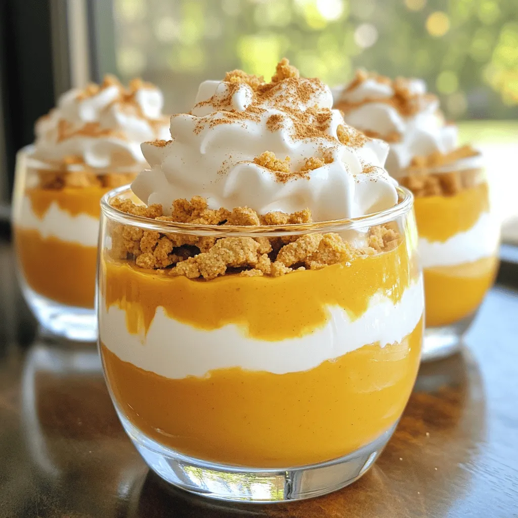 To make these tasty pudding cups, you need the following: - 1 cup pumpkin puree - 2 cups milk - 1/2 cup heavy cream - 1/2 cup granulated sugar - 1/4 cup cornstarch - 1 teaspoon pumpkin pie spice - 1 teaspoon pure vanilla extract - 1/4 cup strong brewed coffee, cooled These ingredients create a creamy base with rich pumpkin flavor. The pumpkin puree gives it that classic taste, while the coffee adds depth. The milk and heavy cream help achieve a smooth texture. If you want a dairy-free version, you can easily swap some ingredients. Use almond milk instead of regular milk. For the heavy cream, coconut cream is a great choice. Both options work well and still taste fantastic. To make your pudding cups even more special, consider these garnishes: - Whipped cream - Crushed graham crackers - Ground cinnamon These toppings add texture and flavor. The whipped cream gives a light touch, while the graham crackers add crunch. A sprinkle of cinnamon brings all the flavors together beautifully. To start, grab a medium-sized saucepan. In it, mix 1/2 cup of granulated sugar, 1/4 cup of cornstarch, and 1 teaspoon of pumpkin pie spice. Whisk these dry ingredients together over medium heat. This helps combine them well, so your pudding will be smooth. Next, slowly pour in 2 cups of milk and 1/2 cup of heavy cream. Keep whisking as you add the liquids. This prevents lumps from forming. Cook this mixture, stirring often, for about 5 to 7 minutes. You’ll know it’s ready when it thickens and starts to bubble gently. Once your mixture is thick, take the saucepan off the heat. Stir in 1 cup of pumpkin puree, 1 teaspoon of pure vanilla extract, and 1/4 cup of cooled, strong brewed coffee. Mix these ingredients until the pudding is smooth and well combined. This step adds that rich pumpkin spice flavor we love. The coffee adds a hint of depth, perfect for a latte twist. Now it's time to pour your pudding. Carefully fill individual cups or glasses with the mixture. You can fill them to your desired level, but leave some space for toppings. Cover each cup with plastic wrap. This prevents a skin from forming on top. Place the cups in the fridge and let them chill for at least 2 hours. This time allows the pudding to set properly. Once set, top each cup with whipped cream. Add a sprinkle of crushed graham crackers and ground cinnamon for a festive look. Enjoy your delicious Pumpkin Spice Latte Pudding Cups! To get that creamy texture, whisk the dry ingredients well. This helps mix the sugar, cornstarch, and pumpkin pie spice fully. When you add milk and cream, do it slowly while whisking. This keeps the mixture smooth. Cook the mix until you see small bubbles. This signals it’s thick enough. If it feels too thick, add a splash of milk. This keeps it silky and light. To boost flavor, try adding a pinch of nutmeg or ginger. These spices add warmth and depth. For a fun twist, use flavored coffee, like hazelnut or vanilla. When serving, layer the pudding in clear cups. This shows off the lovely color. Top each cup with whipped cream and a sprinkle of crushed graham crackers. A sprinkle of cinnamon adds a sweet touch. You can even place a tiny cinnamon stick in each cup for charm. These pudding cups shine at parties or cozy nights in. Serve them chilled for a refreshing treat. You can make them a day ahead. Just keep them covered in the fridge. Offer a variety of toppings like chocolate shavings or caramel sauce. This lets guests customize their dessert. For a fun touch, serve with coffee or spiced tea. This keeps the pumpkin spice theme alive and adds warmth. {{image_4}} You can play with flavors in your pudding cups. Try adding chocolate. Just mix in some cocoa powder with the dry ingredients. This will give your pudding a rich twist. You can also use caramel. Drizzle some caramel sauce in each cup before adding the pudding. It adds a sweet layer that everyone will love. If you want a vegan version, swap the milk for almond milk. You can use coconut cream instead of heavy cream. This keeps the pudding rich and creamy without dairy. For gluten-free options, use cornstarch as your thickener. Make sure your vanilla extract is pure and gluten-free. For fall gatherings, add a touch of maple syrup for sweetness. In winter, stir in some peppermint extract for a fresh flavor. You can even change the toppings. Use crushed candy canes for a fun twist. During holidays, add festive sprinkles or edible glitter for a touch of sparkle. This keeps your pudding cups fun and seasonal! Always cover your pudding cups with plastic wrap. This keeps them fresh and prevents a skin from forming. Place them in the fridge right after they set. This helps maintain their creamy texture. You can store the pudding cups in the fridge for up to 4 days. After that, they may lose their flavor and texture. Check for any signs of spoilage before you serve them. You can freeze these pudding cups if you want to keep them longer. Use an airtight container to prevent freezer burn. They will last for about 1 month in the freezer. To enjoy them, thaw in the fridge overnight before serving. They may lose some creaminess but will still taste great! Yes, you can prepare these pudding cups ahead of time. Make them a day before your event. They need at least two hours in the fridge to set. This makes them a great choice for busy days or gatherings. Just cover them well to keep them fresh. The flavors will meld together nicely as they chill. If you need substitutes, here are some options: - Milk: Use almond milk or oat milk for a dairy-free choice. - Heavy cream: Coconut cream works well if you want a dairy-free option. - Granulated sugar: You can swap in honey or maple syrup if you prefer. - Pumpkin puree: You can use butternut squash puree if you can’t find pumpkin. - Coffee: Brewed decaf coffee is a good choice for a lighter option. To serve more people, you can easily double the recipe. Use double the amounts for each ingredient. This will give you eight pudding cups. If you want more, triple the amounts for twelve cups. Just remember to adjust your cooking time if needed. Keep an eye on the mixture as it thickens. This blog post shows you how to make pumpkin spice latte pudding cups. We covered the key ingredients and the steps to prepare this tasty treat. You learned tips for texture and presentation, plus fun variations to try. Remember, these cups store well and can be frozen. With the right tweaks, anyone can enjoy them, no matter their diet. Dive in, get creative, and make these pudding cups your own!