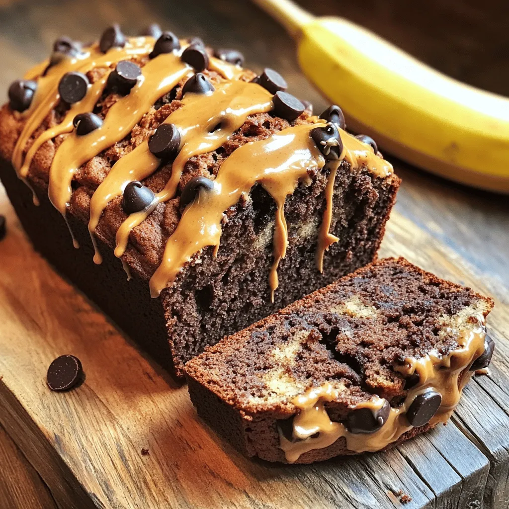 - 3 ripe bananas, thoroughly mashed - 1/2 cup creamy peanut butter - 1/2 cup granulated sugar - 1/4 cup packed brown sugar - 1/4 cup unsweetened applesauce - 2 large eggs - 1 teaspoon pure vanilla extract - 1 1/2 cups all-purpose flour - 1/2 teaspoon baking soda - 1/2 teaspoon baking powder - 1/4 teaspoon salt - 1/2 cup chocolate chips (dark or semi-sweet) - 1/4 cup chopped walnuts (optional) The key to this banana bread is the balance of flavors. The ripe bananas add natural sweetness and moisture. I always choose bananas that are very ripe for the best taste. Creamy peanut butter gives it a rich flavor and creamy texture. Next, we have sugars. Granulated sugar adds sweetness, while brown sugar brings a hint of molasses. Applesauce replaces some fat and keeps the bread moist. Adding eggs gives structure. Pure vanilla extract enhances the overall flavor. For the dry part, all-purpose flour is the base. Baking soda and baking powder help it rise. A little salt rounds out the flavors. Finally, chocolate chips add a delightful richness, while walnuts, if you choose to add them, give an awesome crunch. Each ingredient plays an important role in making this a delightful treat. First, preheat your oven to 350°F (175°C). This step is key for even baking. While the oven heats, prepare your loaf pan. You can grease it lightly with cooking spray or butter. Alternatively, you might line it with parchment paper. This makes it easy to remove the bread later. Next, take three ripe bananas and mash them well in a large bowl. Then, add in 1/2 cup of creamy peanut butter. Mix these until smooth. Now, it's time to add the sugars. Include 1/2 cup of granulated sugar and 1/4 cup of brown sugar. Add 1/4 cup of unsweetened applesauce and two large eggs. Finish with 1 teaspoon of pure vanilla extract. Whisk everything until it’s creamy and well combined. In another bowl, whisk together the dry ingredients. Use 1 1/2 cups of all-purpose flour, 1/2 teaspoon of baking soda, 1/2 teaspoon of baking powder, and 1/4 teaspoon of salt. Mixing these first ensures they blend well into the batter. Now, take the dry mix and add it to the wet mix. Use a spatula to fold the two together gently. Be careful not to over-mix; it's okay if a few lumps remain. After that, fold in 1/2 cup of chocolate chips and, if you like, 1/4 cup of chopped walnuts for some crunch. Once your batter is ready, transfer it to the prepared loaf pan. Smooth the top with your spatula. Place the pan in the preheated oven. Bake for 60-65 minutes. You know it's done when a toothpick comes out clean or with a few moist crumbs. After baking, let the banana bread cool in the pan for about 10 minutes. Then, carefully move it to a wire rack to cool completely. To serve, slice the bread and arrange it on a plate. Drizzle some extra peanut butter on top and scatter a few chocolate chips for flair. You can even place a fresh banana beside the slices for a lovely touch. You can switch out some ingredients for healthier options. Instead of peanut butter, try almond butter. It adds a nice touch. For sugar, use coconut sugar. It gives a deeper flavor with a lower glycemic index. If you need to make this vegan, replace the eggs with applesauce. Use 1/4 cup of applesauce for each egg. This keeps the bread moist and tasty. Getting the texture just right is key. You want your bread moist but not soggy. If the batter seems too thick, add a splash of milk to loosen it. To check if your bread is done, insert a toothpick in the center. If it comes out clean or with a few crumbs, it’s ready. If there’s wet batter, bake it a bit longer. To serve this bread beautifully, slice it evenly. Use a sharp knife for clean cuts. Place the slices on a rustic wooden board. Drizzle some creamy peanut butter on top. Scatter a few chocolate chips for extra appeal. For a lovely touch, add a fresh banana beside the slices. This makes the dish look inviting and adds some color. {{image_4}} You can easily change the flavor of your chocolate peanut butter banana bread. Adding spices like cinnamon or nutmeg brings warmth and depth. Just a pinch can change the taste. You might also try adding mix-ins like dried fruit or seeds. Chopped dates or cranberries add sweetness. Pumpkin seeds or sunflower seeds offer a nice crunch. If you need a gluten-free option, use alternative flours. Almond flour or oat flour work great. They keep the bread moist and tasty. For a low-sugar version, you can use less sugar or a sugar substitute. Applesauce already adds sweetness, so you can cut back on granulated sugar. Seasonal fruits can enhance your banana bread. Try adding fresh berries in the summer or chopped apples in the fall. Nuts, like pecans or hazelnuts, can add a seasonal twist too. For festive occasions, think about adding spices like ginger or cloves. They give a holiday vibe to every slice. To store banana bread at room temperature, wrap it in plastic wrap. This keeps it fresh. Place it in a cool and dry spot, away from sunlight. It can last for 2 to 3 days. Enjoy the soft texture and rich flavors during this time. Refrigerating banana bread helps it stay fresh longer. It can last for about a week in the fridge. Just place it in an airtight container. This method slows down spoilage and helps keep the bread moist. However, it may lose some freshness in flavor. Freezing banana bread is a great way to save it for later. First, wrap it tightly in plastic wrap, then place it in a freezer bag. This protects it from freezer burn. It can last for up to 3 months in the freezer. When ready to eat, let it thaw in the fridge overnight. For the best texture, warm it up in the oven for a few minutes before serving. Yes, you can use frozen bananas. They are perfect for banana bread. Frozen bananas are often riper and sweeter. To use them, thaw the bananas first. Drain any extra liquid. Then mash them well before mixing. This helps keep your bread moist and flavorful. To reduce the sweetness, cut back on sugar. You can use half the granulated sugar. You can also skip the brown sugar. Add more mashed bananas for flavor. You might try unsweetened applesauce too. This will keep the bread moist without adding extra sugar. If your banana bread is too dense, check your mixing method. Over-mixing can cause density. Mix wet and dry ingredients just until combined. If your bananas are too large, use smaller ones. You can also add a bit more baking powder. This helps to lighten the texture. Chocolate peanut butter banana bread lasts a few days at room temperature. Store it in a sealed container. If you refrigerate it, it can last up to a week. For longer storage, freeze it for up to three months. Just slice and wrap each piece tightly. Yes, you can add protein powder. Use a small amount, about 1/4 cup. Choose a protein that blends well. Mix it with the dry ingredients before combining. This way, it won’t change the bread’s texture too much. Adjust the liquid slightly if needed to keep it moist. This article covered all you need to know about making Chocolate Peanut Butter Banana Bread. You learned the key ingredients, step-by-step instructions, and useful baking tips. Remember, you can customize the recipe to suit your diet and taste. Store it well to enjoy later! Experiment with flavors and have fun baking. Your kitchen will fill with delicious scents and smiles. Happy baking!