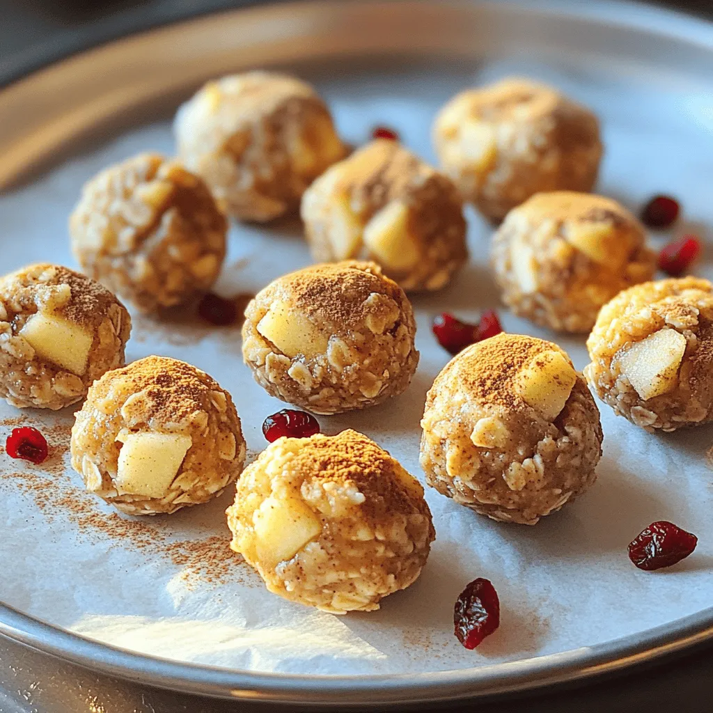 - 1 cup rolled oats - 1/2 cup almond butter (or any nut butter of your choice) - 1/4 cup honey or maple syrup - 1 small apple, peeled and finely chopped - 1 teaspoon ground cinnamon - 1/2 teaspoon ground nutmeg - 1/4 cup chopped walnuts or pecans - 1/4 cup raisins or dried cranberries - A pinch of salt The main ingredients make these bites tasty and healthy. The rolled oats give a nice base. The almond butter adds creaminess and protein. Honey or maple syrup sweetens the mix naturally. The fresh apple gives a juicy crunch, while the spices create that warm, cozy flavor. Nuts add healthy fats, and dried fruits offer extra sweetness. A bit of salt balances everything. - Additional toppings (e.g., chopped nuts or shredded coconut) - Suggested flavor enhancers You can add toppings to make these bites even better. Try rolling them in chopped nuts or shredded coconut for a fun twist. If you like more flavor, consider adding a dash of vanilla extract or a sprinkle of cocoa powder. These options let you customize your bites to your taste. Feel free to experiment! Start by taking a large mixing bowl. Add 1 cup of rolled oats, 1/2 cup of almond butter, and 1/4 cup of honey. You can also use maple syrup if you prefer. Mix the ingredients well with a spatula or spoon. Keep mixing until you get a sticky dough. It should hold together nicely without falling apart. Next, you want to add some flavor and texture. Stir in 1 small peeled apple that you’ve finely chopped. Then add 1 teaspoon of ground cinnamon and 1/2 teaspoon of ground nutmeg for that warm, cozy taste. Toss in 1/4 cup of chopped walnuts or pecans, and 1/4 cup of raisins or dried cranberries. Don’t forget a pinch of salt! Mix everything until it's evenly spread throughout the dough. Now it's time to shape your bites. Use clean hands to grab small amounts of the mixture. Aim for about 1 tablespoon each. Roll these portions into balls that are about 1 inch wide. Make sure they are similar in size so they look nice and cook evenly. After rolling the bites, it’s important to chill them. Place the energy bites on a baking tray lined with parchment paper. This will stop them from sticking. Put the tray in the fridge for at least 30 minutes. Chilling helps the bites firm up, making them easier to eat later. To make the best Apple Pie Energy Bites, focus on the mixture. You want it sticky, not dry. If it feels crumbly, add a bit more almond butter or honey. If it is too wet, add a little more oats. This balance keeps your bites together. You can also adjust sweetness. Use more honey or maple syrup if you like it sweeter. If you prefer less sweetness, cut back a little. If you have nut allergies, use sunflower seed butter instead of almond butter. This swap keeps the flavor while keeping it safe. For a vegan version, replace honey with maple syrup. Both choices work great and keep your snacks healthy! To make your bites even tastier, try adding spices. A dash of ginger or allspice can add warmth. You can also mix in more fruits. Consider adding dried apples or chopped dates for extra sweetness. If you like a crunch, toss in some seeds or coconut flakes. These additions make each bite unique and fun! {{image_4}} You can change the fruit in your energy bites. Instead of apples, try pears. They add a juicy taste and soft texture. Dried apples work well too. They give a sweet flavor and chewy bite. You can also mix in berries for a different twist. Blueberries or cranberries add color and fun flavors. If you need a nut-free snack, use sunflower seed butter or tahini. Both options keep the bites creamy and rich. Sunflower butter gives a slightly nutty taste without the nuts. Tahini adds a unique flavor and pairs well with the spices. These swaps let everyone enjoy the bites safely. For those who love chocolate, add chocolate chips or cocoa powder. Mixing in dark chocolate chips makes the bites extra special. Cocoa powder adds a deep chocolate flavor without extra sweetness. You can adjust the amount based on how chocolatey you want them. This variation makes a great treat for chocolate fans while keeping it healthy. To keep your Apple Pie Energy Bites fresh, store them in an airtight container. This helps prevent them from drying out. You can use glass jars or plastic containers. Just make sure they seal well. Keep them in the fridge for the best taste and texture. In the fridge, these bites last up to one week. After that, they may lose flavor and texture. If you want to keep them longer, freezing is a great option. Place the bites in a single layer on a baking tray. Freeze them for about an hour. Once firm, transfer them to a freezer-safe bag or container. They can last for up to three months in the freezer. When you want to eat them, just thaw in the fridge overnight. Enjoy the same great taste anytime! To make these energy bites vegan, you can swap honey for maple syrup. Use nut butter that is marked vegan. Rolled oats are already vegan, so no change is needed there. These simple swaps create a tasty vegan treat. You can use quick oats, but your bites might be softer. Rolled oats give a chewier texture. Quick oats blend more into the mix. Choose based on your texture preference. You can use peanut butter, cashew butter, or sunflower seed butter. Each nut butter has its unique flavor. Peanut butter adds a classic taste, while sunflower seed butter is great for allergies. These bites can last up to one week in the fridge. Store them in an airtight container to keep them fresh. Signs of spoilage include an off smell or change in texture. We explored how to make delicious Apple Pie Energy Bites using simple ingredients. You learned how to mix oats, nut butter, and spices. I shared tips for perfecting your bites and even suggested variations. Remember, you can easily adjust flavors and ingredients to suit your taste. Enjoy making these snacks that are yummy and good for you. With the right storage, they will stay fresh for longer. Try different combinations and find what you love best!