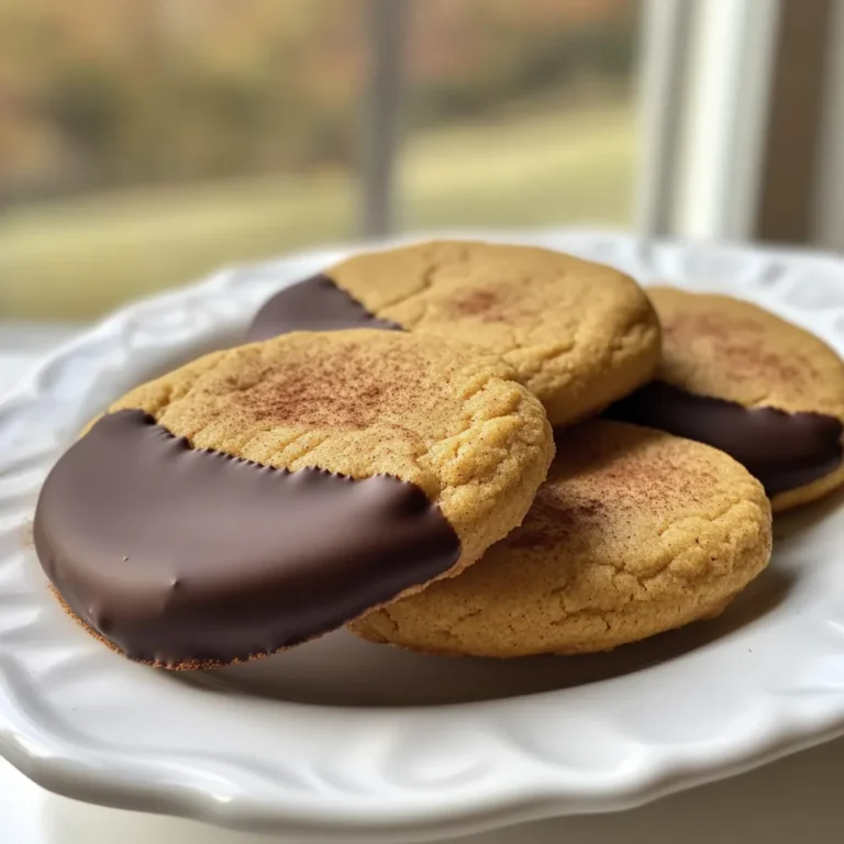 To make these delightful cookies, gather these simple ingredients: - 1 cup canned pumpkin puree - 1/2 cup unsalted butter, softened - 1 cup packed brown sugar - 1/2 cup granulated sugar - 1 large egg - 2 teaspoons pure vanilla extract - 3 cups all-purpose flour - 1 teaspoon baking soda - 1 teaspoon baking powder - 2 teaspoons pumpkin pie spice - 1/2 teaspoon salt - 1 cup semi-sweet chocolate chips - 2 tablespoons coconut oil Each ingredient plays a key role. The pumpkin puree adds moisture and flavor. Unsalted butter gives a rich taste. Brown sugar brings sweetness and a hint of caramel. Granulated sugar adds more sweetness and helps with the cookie's texture. Eggs act as a binder, holding everything together. Vanilla extract adds a lovely aroma. The flour creates the cookie structure. Baking soda and baking powder help the cookies rise. Pumpkin pie spice gives that warm, cozy flavor. Salt balances all the sweetness. The chocolate chips add a sweet finish. Coconut oil helps the chocolate melt smoothly. With these ingredients, you can create cookies that are soft, chewy, and full of flavor. First, preheat your oven to 350°F (175°C). This step warms your oven so the cookies bake evenly. Line a baking sheet with parchment paper. This helps cookies come off easily after baking. In a large bowl, combine softened butter, brown sugar, and granulated sugar. Use an electric mixer to beat these until light and fluffy. This usually takes about 3 to 5 minutes. Next, add pumpkin puree, egg, and vanilla extract. Mix until smooth and well combined. In another bowl, sift together flour, baking soda, baking powder, pumpkin pie spice, and salt. Sifting helps to blend the dry ingredients evenly. This step is key to avoiding lumps in the dough. Now, gradually add the dry mix to the wet mix. Make sure to mix on low speed. Stop mixing when the dough just comes together. A few flour streaks are okay. Overmixing can make the cookies tough. Using a tablespoon or cookie scoop, drop dough onto the baking sheet. Space them about 2 inches apart. Bake for 10 to 12 minutes until the edges are lightly golden. Let the cookies cool on the sheet for about 5 minutes. Then, move them to a wire rack to cool completely. Once your cookies are cool, melt the chocolate chips and coconut oil. Use a microwave-safe bowl for this. Heat in 30-second bursts, stirring in between. Keep heating until the mixture is smooth. Dip the edge of each cookie into the melted chocolate. Let any extra chocolate drip back into the bowl. This way, you get just the right amount of chocolate. Place the dipped cookies on another sheet of parchment paper to set. You can speed this up by chilling them in the fridge for a few minutes. To get soft and chewy cookies, use room temperature butter. Cream it well with sugars until fluffy. Mix the wet and dry ingredients gently. Overmixing can make cookies tough. Bake them until the edges turn golden. This ensures a soft center. Let them cool on the sheet for a bit, then move them to a rack. This helps maintain their texture. To keep your cookies fresh, store them in an airtight container. This prevents them from drying out. Place parchment paper between layers to keep them from sticking. For longer storage, freeze them. Wrap each cookie in plastic wrap and place them in a freezer bag. They can stay fresh for up to three months. When ready, just let them thaw at room temperature. Make your cookies look great on a platter. Arrange them neatly for a fun display. Consider sprinkling a little pumpkin pie spice on top for flair. Crushed nuts can add a nice touch too. For an added festive feel, use seasonal decorations. This makes your cookies even more inviting for guests. Enjoy your delightful treats! {{image_4}} You can change up your chocolate dip. Try white chocolate for a sweet twist. Melt it just like the semi-sweet chocolate. Drizzle it on top for a pretty look. You could also use dark chocolate for a rich flavor. Add sprinkles or crushed candy canes for fun colors and crunch. If you need to make changes, it is easy. Use dairy-free butter and chocolate chips for a vegan option. Swap the all-purpose flour for gluten-free flour to meet gluten needs. You can also use maple syrup instead of brown sugar for a different taste. Mix it up with flavors! Add a bit of orange zest for a fresh pop. Try almond extract instead of vanilla for a nutty taste. You can also add a pinch of cayenne for heat. This gives the cookie a fun kick! Each choice makes the cookie special and unique. To keep your cookies fresh, place them in an airtight container. Layer parchment paper between cookies to prevent sticking. Store them at room temperature for up to one week. For longer freshness, you can refrigerate them. Just remember to let them come to room temperature before eating. Freezing cookies is simple and great for long-term storage. First, let the cookies cool completely. Then, place them in a single layer on a baking sheet. Freeze for about one hour until solid. After that, transfer the cookies into freezer bags or airtight containers. They will stay fresh for up to three months. When you want one, just take it out and let it thaw. If you want to enjoy warm cookies again, reheating is easy. Preheat your oven to 350°F (175°C). Place the cookies on a baking sheet. Heat them for about 5-10 minutes. This warms them up and refreshes the texture. You can also use the microwave for quick reheating. Just heat for 10-15 seconds. Enjoy them warm for the best taste! You can make these cookies gluten-free by using a gluten-free flour blend. Look for one that has a good mix of flours and starches. You can also add a bit of xanthan gum if your blend doesn’t include it. This helps give the cookies the right texture. Just swap the all-purpose flour for your gluten-free option in the recipe. Yes, you can use milk chocolate. It will give the cookies a sweeter taste. Just remember, milk chocolate has a different melting point than semi-sweet chocolate. Keep an eye on it while melting to avoid burning. The creamy flavor will pair well with the spices too. The best way to melt chocolate is in a microwave. Use a microwave-safe bowl and heat it in 30-second bursts. Stir after each interval until smooth. You can also use a double boiler on the stove. Just be careful not to get any water in the chocolate, as it can seize up. You know the cookies are done when the edges turn a light golden color. They may look soft in the center but will firm up as they cool. Keep an eye on them around the 10-minute mark. Every oven is different, so check them early to avoid overbaking. Yes, you can add nuts like walnuts or pecans to the dough. They add a nice crunch and flavor. You can also mix in chocolate chunks or dried fruit for extra taste. Just make sure to adjust the amount of flour slightly if you add a lot of extras. Enjoy experimenting! This blog post guides you through making delicious pumpkin cookies. You learned about the key ingredients, detailed steps, and tips for perfect cookies. I shared ways to customize your cookies, store them, and even answered common questions. Now, you can bake these treats with confidence. Enjoy experimenting with different flavors and toppings. Your friends and family will love your pumpkin cookies, and they'll ask for more! Happy baking!