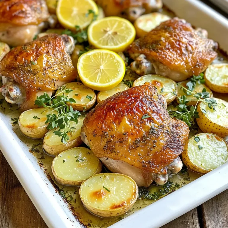For this dish, you need simple yet tasty ingredients. You will need: - 4 bone-in, skin-on chicken thighs - 1 pound baby potatoes, halved These chicken thighs give great flavor and stay juicy. The baby potatoes cook well and soak up all the goodness from the chicken. The marinade makes the chicken stand out. Gather these items: - 2 tablespoons olive oil (divided) - 2 lemons (1 zested and juiced, 1 sliced into rounds) - 4 garlic cloves, minced - 1 tablespoon fresh thyme leaves - 1 tablespoon fresh rosemary, finely chopped - 1 teaspoon paprika - Salt and freshly ground black pepper, to taste This mix of olive oil, lemon, and herbs brings bright flavors. The garlic and spices add depth, making each bite tasty. Adding fresh herbs makes this dish shine. You should use: - Fresh thyme leaves - Fresh rosemary These herbs bring life to the chicken. They add a fresh taste that complements the lemon perfectly. Plus, the smell while cooking is amazing! First, turn on your oven. Set it to 425°F (220°C). This gets it hot and ready for your dish. In a large bowl, mix two tablespoons of olive oil with lemon zest and juice. Add four minced garlic cloves, one tablespoon of fresh thyme, and one tablespoon of chopped rosemary. Sprinkle in one teaspoon of paprika, salt, and pepper. Stir everything together until it's smooth. Take four chicken thighs and place them in the bowl with the marinade. Use your hands or tongs to coat each thigh well. Cover the bowl and let it sit for at least 15 minutes. If you want deeper flavors, put it in the fridge for up to two hours. While the chicken marinates, grab one pound of baby potatoes. Cut them in half and put them in another bowl. Drizzle with the rest of the olive oil and season with salt and pepper. Toss them gently so they are well-coated. Get a large sheet pan. Lay your marinated chicken thighs in the center, skin-side up. Scatter the halved potatoes around the chicken. Add lemon slices on top for extra flavor. Put the sheet pan in the oven and bake for 35 to 40 minutes. The chicken should reach 165°F (75°C) inside. The skin will be crispy, and the potatoes will be tender and golden. When baking is done, carefully take out the pan. Let it rest for about 5 minutes. This step helps the juices settle in the chicken. Before serving, sprinkle freshly chopped parsley on top. This adds color and freshness to your dish. Enjoy your meal! To make the best marinade, balance flavors. Use fresh ingredients for the best taste. I love using lemon zest and juice. They add brightness to the chicken. Mix olive oil, garlic, thyme, rosemary, and paprika. This mix brings out the chicken's flavor. Marinate the chicken for at least 15 minutes. For deeper flavor, marinate for up to 2 hours. Just remember, don't rush this step! Crispy skin is a must for delicious chicken. Start by drying the chicken with paper towels. Moisture will make the skin soggy. Once dry, coat the skin with olive oil and seasoning. Place the chicken skin-side up on the pan. High heat helps crisp the skin. Bake at 425°F (220°C) for the best results. Check the chicken's internal temperature. It should reach 165°F (75°C) for safety. Cooking time matters for tender potatoes. Halve the baby potatoes for even cooking. Season them well with salt and pepper. They should cook alongside the chicken. Bake them for about 35-40 minutes. This timing gives them a nice golden color. Check with a fork to see if they are soft. If they are, you're good to go! {{image_4}} You can swap chicken thighs for other proteins. Try bone-in chicken breasts for a leaner option. They will remain juicy with the right marination. You could also use pork chops for a different taste. If you prefer plant-based options, try marinated tofu or tempeh. These will soak up the zesty flavors well. Feel free to mix up the veggies. Carrots, bell peppers, or zucchini work nicely. You can add broccoli for a crunchy texture. Just make sure to adjust cooking times. Softer veggies may cook faster than potatoes. Cut them into similar sizes for even cooking. This way, you’ll have a colorful and healthy dish. Get creative with flavor swaps. Use lime juice instead of lemon for a tangy twist. Swap fresh herbs like basil or oregano for thyme and rosemary. Adding a splash of balsamic vinegar can deepen the taste. For a spicy kick, sprinkle crushed red pepper flakes on top. These small changes can make the dish feel new and exciting. You can keep leftovers in the fridge for up to three days. Make sure to store the chicken and potatoes in an airtight container. This helps to keep them fresh and safe to eat. If you want to save space, you can place them in separate containers. Just remember to let them cool to room temperature first. When you're ready to eat, check that the chicken stays juicy and the potatoes remain tender. To freeze your dish, let it cool completely. Place the chicken and potatoes in freezer-safe bags or containers. Remove as much air as possible to avoid freezer burn. You can freeze them for up to three months. Label the bags with the date, so you know when to use them. When you want to eat them, move the bags to the fridge to thaw overnight. To reheat, preheat your oven to 350°F (175°C). Place the chicken and potatoes on a baking sheet. Cover them with foil to keep them moist. Heat for about 20-25 minutes, or until they reach an internal temperature of 165°F (75°C). You can also reheat in the microwave. Just be careful to not dry them out. Add a splash of water to keep moisture. Enjoy your meal, just like the first time! You should marinate the chicken for at least 15 minutes. This step lets the flavors soak in well. For best results, marinate it for up to 2 hours in the fridge. The longer the chicken sits, the more tasty it becomes. Yes, you can use chicken breasts. They will cook faster, so check them around 25-30 minutes. Breasts can be less juicy, so keep an eye on the cooking time to avoid dryness. This dish is great with simple sides. Consider a fresh salad or steamed green beans. You can also serve it with crusty bread to soak up any juices. Rice or quinoa can be a nice touch too! Use a meat thermometer to check the chicken's temperature. It should reach 165°F (75°C) inside. If you don’t have a thermometer, cut into the thickest part. The juices should run clear, with no pink meat remaining. This blog covered how to make a great chicken and potatoes dish. We started with fresh ingredients, focusing on the chicken, marinade, and herbs. Then, I shared step-by-step cooking instructions to guide you. You also learned tips for crispy chicken and tender potatoes. Don’t forget the fun variations to try. Proper storage advice ensures you can enjoy leftovers later. Cooking is simple when you follow these steps. Enjoy this tasty meal and share it with others!