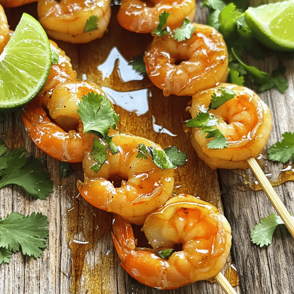 - 1 pound large shrimp, peeled and deveined - 3 tablespoons honey - 3 tablespoons soy sauce - 2 tablespoons extra virgin olive oil - 4 cloves garlic, finely minced - 1 teaspoon red pepper flakes - Juice of 1 fresh lime - Salt and freshly ground black pepper to taste - Fresh cilantro, chopped (for garnish) - Skewers (bamboo or metal) - Mixing bowl - Grill or grill pan The main ingredients in spicy honey garlic shrimp skewers bring rich flavor. Large shrimp form the base, soaking up the marinade. Honey adds sweetness, while soy sauce provides a savory kick. Olive oil enhances moisture and helps with cooking. For the additional ingredients, garlic gives a bold taste. Red pepper flakes bring the heat, which you can adjust to fit your spice level. Fresh lime juice adds a zesty touch that brightens the dish. Salt and pepper round out the flavors, while fresh cilantro gives a pop of color and freshness. You will need skewers for grilling. If you use bamboo, soak them in water to prevent burning. A mixing bowl helps you blend the marinade well. A grill or grill pan is perfect for cooking the skewers to a juicy finish. - Combine Ingredients for Marinade: In a medium bowl, mix together honey, soy sauce, olive oil, minced garlic, red pepper flakes, lime juice, salt, and pepper. Stir well until everything is blended. - Refrigerate for Flavor Development: Add the peeled and deveined shrimp to the marinade. Make sure each shrimp is coated. Cover the bowl with plastic wrap and let it sit in the fridge for at least 30 minutes. If you can wait, two hours will give even better flavor. - Preheat Instructions: Heat your grill or grill pan over medium-high heat. This will help to cook the shrimp evenly. - Soaking Bamboo Skewers: If you use bamboo skewers, soak them in water for 10-15 minutes. This step keeps them from burning on the grill. - Threading the Shrimp: Take the marinated shrimp and carefully slide them onto the skewers. Aim for 4-5 shrimp per skewer. Leave some space between each shrimp for even cooking. - Cooking Time per Side: Place the skewers on the hot grill. Cook for about 2-3 minutes on each side. The shrimp will turn pink and opaque when done. For extra flavor, baste them with leftover marinade while grilling. - Optimal Time for Flavor: I suggest marinating the shrimp for at least 30 minutes. This time lets the shrimp soak up all the flavors. If you have more time, go for two hours. The longer you marinate, the better the taste. - Adjusting Spice Levels: If you like it hot, add more red pepper flakes. For a milder kick, use less or skip it. You control the spice! - Basting While Cooking: While grilling, brush the shrimp with leftover marinade. This adds more flavor and keeps them juicy. Just be careful not to let the brush touch raw shrimp to avoid germs. - Checking for Doneness: The shrimp are done when they turn pink and opaque. This usually takes about 2-3 minutes on each side. Keep an eye on them; overcooking can make them tough! - Presentation Ideas: Serve the skewers on a nice platter with lime wedges. Drizzling extra honey on top makes it look fancy and taste even better. - Accompaniments: Pair the skewers with rice or a fresh salad. Rice soaks up the sauce, and a salad adds crunch. Enjoy the mix of flavors! {{image_4}} You can switch shrimp for other seafood. Scallops are a great choice. They have a sweet taste that pairs well with honey. You can also try fish like salmon or swordfish. Just cut them into bite-sized pieces for skewers. If you want a veggie option, use zucchini, bell peppers, or mushrooms. These add a nice crunch and soak up the honey garlic flavors. Adjusting sweetness is easy. Add more honey for a sweeter dish. If you want less sweetness, reduce the honey amount. You can also use maple syrup as a fun twist. For a spicier kick, increase the red pepper flakes. You can even add sliced jalapeños for more heat. Mix in some ginger for an extra zing. These skewers taste great over rice. White or brown rice works well. You can also serve them as a topping on salads. Toss some greens with a light dressing, then add the skewers. This makes a colorful and healthy meal. Don't forget to add lime wedges for an extra burst of flavor! To keep your spicy honey garlic shrimp skewers fresh, store them properly. Place them in an airtight container. This helps lock in flavor and moisture. Cooked skewers can last in the fridge for up to three days. If you want to keep them longer, consider freezing. Freezing is a great option if you want to save extra skewers. First, let the cooked skewers cool completely. Then, wrap them in plastic wrap or foil. Place them in a freezer-safe bag. This keeps out air and prevents freezer burn. When you’re ready to eat, thaw them in the fridge overnight. This keeps them safe and tasty. Reheating your shrimp skewers is simple. The best methods are grilling or pan-frying. Both methods keep the shrimp juicy and flavorful. If using a microwave, do so in short bursts. Heat them on low power to avoid overcooking. Always check that the shrimp are heated through before serving. Enjoy the bold flavors again! I recommend marinating the shrimp for at least 30 minutes. This time allows the shrimp to soak up all the tasty flavors. If you want a stronger taste, you can marinate them for up to 2 hours. Just remember, don’t go longer than that. The shrimp may become too soft. Yes, you can use frozen shrimp. First, you need to thaw them. Place the frozen shrimp in the fridge overnight. If you’re short on time, you can run them under cold water for about 10-15 minutes. Make sure to drain them well and pat them dry before marinating. These skewers pair well with many sides. Here are some tasty options: - Rice, like jasmine or basmati - Grilled vegetables, such as bell peppers or zucchini - A fresh salad with cilantro and lime - Quinoa for a healthy twist - Noodles tossed in a light sauce These choices enhance the flavors and make your meal complete! These shrimp skewers are a fun and tasty dish. You learned how to marinate shrimp, grill them, and choose great sides. Remember to try variations and store leftovers properly. Cooking can be simple and enjoyable. With these tips, you’ll impress family and friends with your skills. Keep experimenting and have fun with flavors. Happy grilling!