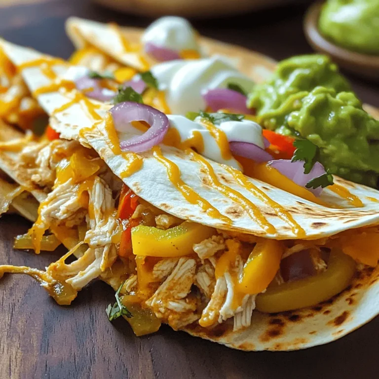 For these smoky chipotle chicken quesadillas, you need simple yet tasty items. Here’s the list: - 2 cups cooked shredded chicken - 1 cup shredded Monterey Jack cheese - 1 cup shredded cheddar cheese - 1-2 tablespoons chipotle peppers in adobo sauce, minced - 1 small red onion, finely chopped - 1 bell pepper (red or green), thinly sliced - 2 tablespoons olive oil - 1 teaspoon garlic powder - 1 teaspoon smoked paprika - Salt and pepper to taste - 4 large flour tortillas Each ingredient adds flavor and texture. The chicken brings protein, while the cheeses melt beautifully. The chipotle peppers give a nice smoky kick, and the veggies add freshness. You can make your meal even better with some extras. Consider serving with: - Sour cream - Guacamole These options add creaminess and richness, balancing the spice from the chipotle. For the best chicken, rotisserie chicken works great. It saves time and is full of flavor. If you prefer, you can cook your chicken. Just season it well before shredding. Look for chicken that is juicy and tender. This will make your quesadillas even more delicious. Always taste your chicken before adding it to the mix. A good chicken will elevate the whole dish. Start by mixing the shredded chicken in a large bowl. Add the minced chipotle peppers, garlic powder, smoked paprika, salt, and pepper. Stir well so the chicken gets covered in the spices. This step is key. It helps build the smoky flavor you want. Next, heat a skillet over medium heat. Pour in the olive oil and let it warm up. Once hot, add the chopped red onion and the sliced bell pepper. Sauté these for about five minutes. Stir them occasionally. The goal is to soften the veggies and give them a nice color. This step adds sweetness and crunch to your filling. Now, combine the sautéed vegetables with the chicken mixture. Gently fold in the Monterey Jack and cheddar cheeses. This mix will be your filling. Heat a clean skillet over medium heat. Place one tortilla in it and spread a generous portion of the filling over half of the tortilla. Fold the tortilla in half to cover the filling. Cook the quesadilla for three to four minutes on each side. You want it crispy and golden brown, with melted cheese inside. Repeat this for the other tortillas. After cooking, take the quesadillas out of the skillet. Let them rest for a minute. This resting time helps the filling set. Then, slice each quesadilla into wedges. This makes them easy to serve and eat. Enjoy them hot with sour cream and guacamole on the side. To get your quesadillas crispy, use a hot skillet. Preheat your skillet for a few minutes before adding oil. Use enough oil to coat the pan but not too much to make it greasy. Cook each side for about 3-4 minutes. You want a golden brown color. If you like it extra crispy, press down gently on the quesadilla with a spatula while cooking. This helps the tortilla brown better. Spice is key in these quesadillas. Start with one tablespoon of minced chipotle peppers. Taste the filling after mixing. If you want more heat, add a bit more pepper. Remember, the spice can increase as it cooks. If it gets too spicy, you can add more cheese to balance it out. Sour cream or guacamole can also help cool the heat when serving. Leftover quesadillas are a great option for lunch. Store them in an airtight container in the fridge for up to three days. To reheat, place them in a skillet over medium heat. This keeps them crispy. You can also use leftover chicken in salads or wraps. Mixing the chicken with different spices can create new flavors for your meals. {{image_4}} If you want a meat-free option, try cheese and veggie quesadillas. Use the same tortillas and cheese. For the filling, mix in sautéed mushrooms, zucchini, and spinach. You can add chipotle peppers for a smoky kick. This option is tasty and satisfying. Feel free to swap cheeses based on your taste. You can use pepper jack for more heat or gouda for a creamy texture. Mixing different cheeses can create a unique flavor. Just remember to stick with cheeses that melt well for the best results. You can enhance the quesadillas by adding beans or avocado. Black beans or pinto beans add protein and fiber. Avocado brings creaminess that balances the spice. Just layer them in with your chicken and cheese for a delicious twist. Leftover quesadillas are easy to store. Let them cool down to room temperature first. Then, wrap each quesadilla in plastic wrap or foil. Place them in an airtight container. This method keeps them fresh for up to three days in the fridge. If you want to enjoy them later, freezing is a great option. To freeze quesadillas, follow the same cooling steps. Wrap each one tightly. You can stack them in a freezer-safe bag or container. Label the bag with the date so you know when you made them. Frozen quesadillas last up to three months. This way, you have a quick meal ready whenever you want. Reheating quesadillas is simple. The best method is to use a skillet. Heat it over medium heat and add a little oil. Place the quesadilla in the skillet for about 3-4 minutes on each side. This makes the tortilla crispy again and melts the cheese. You can also use an oven. Preheat it to 350°F (175°C). Place the quesadilla on a baking sheet for 10-15 minutes. Either way, enjoy your tasty leftovers! For quesadillas, cooked shredded chicken works best. I often use rotisserie chicken for ease. It saves time and adds great flavor. Use chicken breast or thighs if you prefer cooking from scratch. Shred the chicken into small pieces for even filling. The chicken should mix well with the spices and cheese. Yes, you can make quesadillas ahead of time. Prepare the filling and store it in the fridge. You can assemble the quesadillas later. This way, they stay fresh and delicious. If you cook them early, let them cool before storing. When ready to eat, reheat in a skillet or oven for best results. Toppings enhance the flavors of your quesadillas. I recommend sour cream and guacamole for dipping. They add creaminess that balances the spice. Fresh cilantro or diced tomatoes can add brightness. You can also try salsa or pickled jalapeños for a kick. Choose toppings that suit your taste and enjoy! You’ve learned how to make great chicken quesadillas from scratch. We covered key ingredients, step-by-step cooking, and tips to enhance your meal. Remember, use fresh chicken and crisp veggies for the best taste. Explore fun variations like veggie quesadillas for extra flavor. Store leftovers wisely and enjoy them later. Cooking should be fun and tasty, so get creative in the kitchen. You now have the knowledge to impress friends and family with your quesadilla skills. Happy cooking!