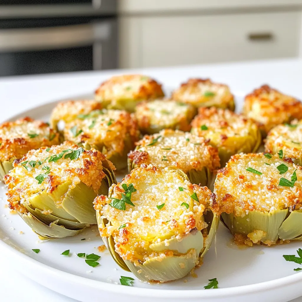 - 1 can (14 oz) artichoke hearts (drained and rinsed) - 2 tablespoons extra virgin olive oil - 3 cloves of garlic (finely minced) - 1 teaspoon freshly squeezed lemon juice - 1/2 teaspoon fine sea salt - 1/4 teaspoon freshly ground black pepper - 1/2 cup freshly grated Parmesan cheese - 1 teaspoon dried oregano - Optional: Chopped fresh parsley for garnish Gather these ingredients to create a tasty dish. Start with a can of artichoke hearts. Make sure they are drained and rinsed well. Next, grab some high-quality extra virgin olive oil. This oil adds great flavor. You also need minced garlic. Fresh garlic gives the best taste. Don’t forget the lemon juice. It brightens the dish and adds a nice zing. For seasoning, you will need sea salt and black pepper. These spices enhance the flavors. Parmesan cheese is key for richness. Use freshly grated cheese for the best results. Finally, add dried oregano for a hint of earthiness. If you want, sprinkle some fresh parsley on top for color. Now you have everything you need. Let’s make these delicious air fryer garlic Parmesan artichoke hearts! To prepare the artichoke hearts, start with a can of artichoke hearts. Drain them well and rinse under cold water. This step removes excess salt and ensures freshness. Place the artichoke hearts in a large mixing bowl. Next, pour in 2 tablespoons of extra virgin olive oil. Add 3 cloves of finely minced garlic, 1 teaspoon of freshly squeezed lemon juice, 1/2 teaspoon of fine sea salt, and 1/4 teaspoon of freshly ground black pepper. Gently stir with a spatula or spoon. Make sure each artichoke heart gets a nice coat of the mixture. Once combined, sprinkle in 1/2 cup of freshly grated Parmesan cheese and 1 teaspoon of dried oregano. Toss the artichokes lightly again. You want them to be evenly coated with that cheesy, herby goodness. Before cooking, preheat your air fryer to 375°F (190°C). This step takes about 3-5 minutes and helps ensure even cooking. Now, carefully arrange the coated artichoke hearts in a single layer in the air fryer basket. If your air fryer is small, cook in batches. Avoid overcrowding to get the best crispiness. Cook the artichoke hearts for 10-12 minutes. Halfway through, gently shake the basket. This helps them crisp evenly. They are done when they turn a lovely golden brown and reach that perfect crunchy texture. After cooking, transfer the artichokes to a serving platter. For a pop of color and flavor, garnish with freshly chopped parsley if you like. Serve these warm as a tasty appetizer or snack. You can pair them with marinara or aioli for dipping. Enjoy the delightful crispy textures and bold flavors of your air fryer garlic Parmesan artichoke hearts! To make your air fryer garlic Parmesan artichoke hearts even better, try adding herbs or spices. Fresh basil or thyme can give a nice twist. You could also use smoked paprika for a hint of heat. Mixing in a pinch of red pepper flakes can add some spice. Using different types of cheese can also change the flavor. Instead of just Parmesan, try mixing in some mozzarella or feta. Each cheese will bring its own taste. This way, you can create your perfect blend of flavors. When air frying, preheat your air fryer for best results. Set it to 375°F (190°C) for about 3-5 minutes. This step helps cook the artichokes evenly. To ensure crispiness, avoid overcrowding the basket. If needed, cook in batches. Shake the basket halfway through cooking. This helps the artichokes crisp up on all sides, creating that perfect texture. Garnishing can make your dish more appealing. Adding freshly chopped parsley on top adds color and freshness. You can also sprinkle some extra Parmesan for a cheesy finish. For serving, present them warm on a lovely platter. Pair with marinara or aioli for dipping. This makes your artichoke hearts a tasty appetizer or a fun snack for sharing. {{image_4}} You can make this dish lighter. Use low-fat cheese, like part-skim mozzarella. It melts well and keeps the flavor. For a dairy-free version, swap cheese for nutritional yeast. It adds a nutty taste and is vegan-friendly. If you can't find artichoke hearts, use canned mushrooms or even roasted peppers. They both have a nice texture. For olive oil, try avocado oil or coconut oil. Both oils give a different flavor but still taste great. Get creative with cheese! Mix in feta or goat cheese for a tangy twist. You can also add spices, like paprika or chili flakes, for heat. Want more veggies? Toss in sliced bell peppers or spinach. For protein, add cooked chicken or shrimp for a hearty snack. To keep your artichoke hearts fresh, store them in the fridge. Place them in an airtight container. Make sure they cool down before sealing. This keeps them crispy longer. If you want to save some for later, layer them with parchment paper. This helps to prevent sticking. To reheat your artichoke hearts, use the air fryer. Set it to 350°F (175°C) and cook for about 5 minutes. This restores their crispness. Shake the basket halfway through to heat evenly. If you don’t have an air fryer, you can use a regular oven. Preheat the oven to 350°F (175°C) and bake for about 10 minutes. Keep an eye on them to avoid drying out. Can I use frozen artichoke hearts? Yes, you can use frozen artichoke hearts. Just thaw and drain them well. This helps keep the artichokes crisp when cooking. How do I know when the artichokes are done? You can tell when they are done by looking for a golden brown color. They should also feel crispy to the touch. Can I use a traditional oven instead of an air fryer? Yes, you can bake them in a regular oven. Set it to 400°F (200°C) and bake for 15-20 minutes. Why are my artichoke hearts not crispy? If they aren't crispy, they may be too crowded in the air fryer. Make sure to spread them out. Also, check that you used enough oil. What to do if they're overcooked? If your artichokes are overcooked, there isn't much you can do. You can try adding a creamy dip to help balance the texture. What can I serve with air fryer artichoke hearts? Serve them warm with marinara sauce or aioli for dipping. They make a great appetizer or snack. Are there any wine pairings? A crisp white wine, like Sauvignon Blanc, pairs well with the flavors. It complements the garlic and cheese nicely. This blog discussed how to make delicious air fryer artichoke hearts. We covered ingredients, preparation, and cooking steps. You learned tips to enhance flavor and found variations for health needs. We also gave advice on storing leftovers and reheating them properly. In the end, enjoy this tasty dish in many ways. Experiment with it to make it your own. Happy cooking!