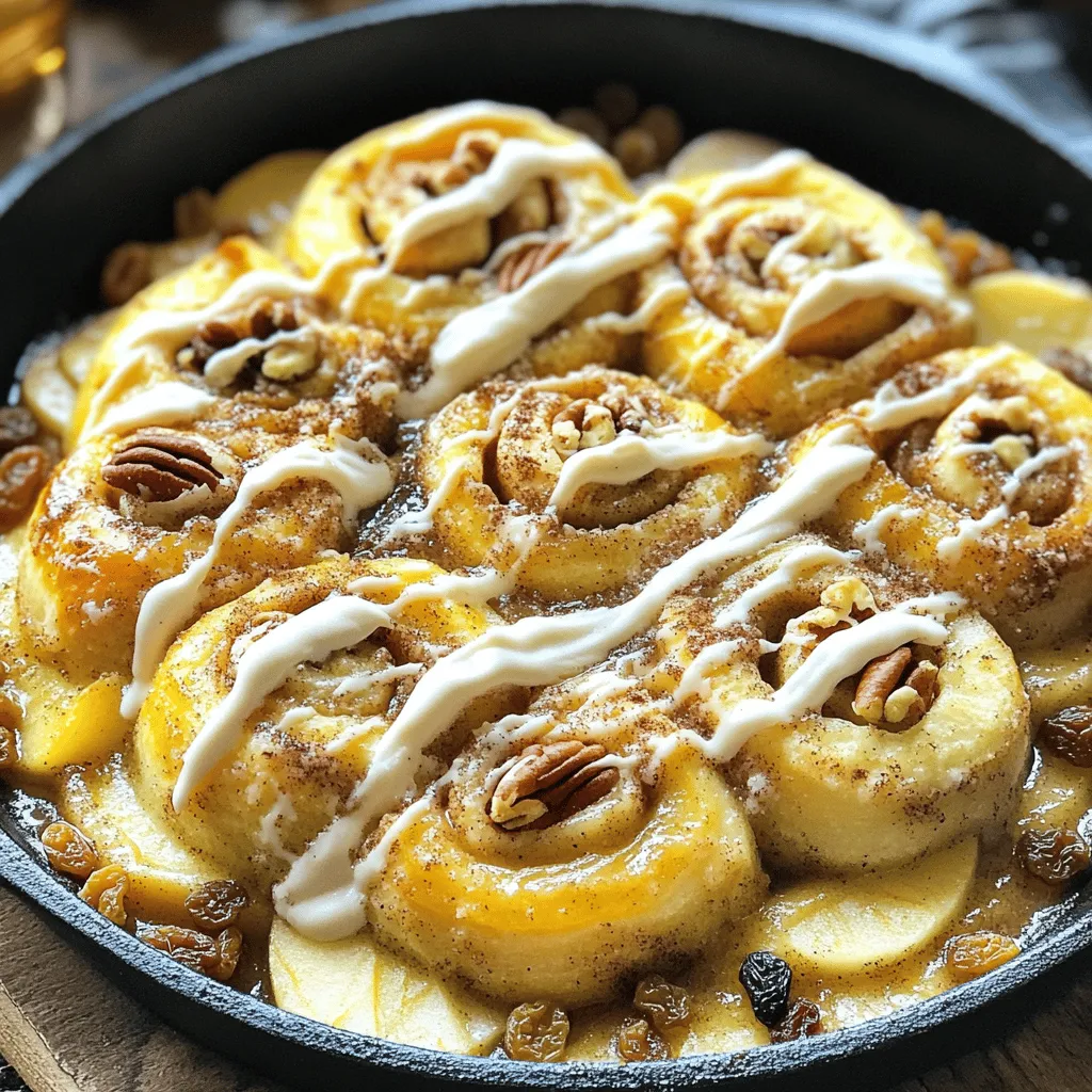 To create this delightful dessert, gather these essential ingredients: - 2 large apples, peeled, cored, and diced into bite-sized pieces - 1 package (8 rolls) refrigerated cinnamon roll dough - 1/4 cup packed brown sugar - 1 teaspoon ground cinnamon - 1/4 cup unsalted butter, melted - 1/4 cup chopped pecans (optional for added crunch) - 1/4 cup raisins (optional for sweetness) - 1 teaspoon pure vanilla extract - 1/2 cup light cream cheese frosting (provided in the cinnamon roll package) Want to boost the flavor? Try these add-ins: - Chopped walnuts for a nutty taste - A pinch of nutmeg for warmth - Sliced bananas for fruitiness - A drizzle of maple syrup for extra sweetness For this recipe, make sure you have: - A cast-iron skillet or any oven-safe skillet - A sharp knife or kitchen scissors for cutting the rolls - A mixing spoon for stirring the ingredients - An oven mitt for safe removal from the oven - A serving spoon to dish out the warm skillet dessert With these ingredients and tools, you'll create a warm and inviting dish that everyone will love! Start by preheating your oven to 350°F (175°C). Grab a cast-iron skillet or any oven-safe skillet. Melt 1/4 cup of unsalted butter over medium heat until it bubbles. Add 2 large apples, peeled, cored, and diced into bite-sized pieces. Next, sprinkle in 1/4 cup of packed brown sugar, 1 teaspoon of ground cinnamon, and 1 teaspoon of pure vanilla extract. Stir everything well to coat the apples. Cook for about 5 minutes. You want the apples to soften but stay firm. If you like a crunch, fold in 1/4 cup of chopped pecans and 1/4 cup of raisins for sweetness. This step adds flavor and texture to your dish. Open the package of refrigerated cinnamon roll dough. Cut each roll into quarters with a sharp knife or kitchen scissors. This helps them cook evenly. After the apples are ready, remove the skillet from the heat. Spread the quartered cinnamon roll pieces evenly over the apples. Make sure they cover the apples well. Now, place the skillet in the preheated oven and bake for 25-30 minutes. Watch for the cinnamon rolls to turn golden brown. You should also see the apples bubbling in their sweet juices. When the skillet is done baking, take it out of the oven. Let it cool for a few minutes. Then, drizzle the cream cheese frosting from the cinnamon roll package on top. Make a fun zigzag pattern for a nice look. Serve the Warm Cinnamon Roll Apple Skillet warm. Use a large spoon or fork to scoop out portions. Enjoy the blend of warm spices and sweet apples with each bite! To get soft apples, choose firm ones like Granny Smith or Honeycrisp. These apples hold their shape well. Start by peeling and coring them. Dice them into small pieces, about one inch in size. Cook them for about five minutes in butter. This short time helps soften them without turning mushy. Stir them often to coat them with sugar and cinnamon. This step makes the apples sweet and tasty. Using refrigerated cinnamon roll dough is easy and fun. Open the package carefully. Cut each roll into four pieces. This size cooks well and mixes nicely with the apples. Spread the pieces over the apples in the skillet. Make sure they cover the apples evenly. This way, every bite has both cinnamon rolls and apples. To make your dish look great, serve it right from the skillet. This adds a cozy feel. Drizzle the cream cheese frosting in a fun zigzag pattern on top. For an extra touch, add a scoop of vanilla ice cream beside it. A sprinkle of cinnamon on top enhances the look and flavor. Use a large spoon to serve generous portions for everyone. This dessert will wow your guests! {{image_4}} You can switch up the apples in this recipe. Try pears, peaches, or berries instead. Each fruit will give a new taste. For example, peaches add a sweet, juicy flavor. Berries bring a nice tartness. Just make sure to adjust the sugar based on the fruit's sweetness. Keep the cooking time similar. This way, your dish stays delicious and fun! While the cream cheese frosting is great, you can explore other choices. Try using vanilla icing or a drizzle of caramel sauce. You could even make a simple glaze with powdered sugar and milk. This gives a lighter touch. If you want a healthier option, use Greek yogurt mixed with honey. Each choice changes the flavor and style of your dish. To make this dessert a bit healthier, you can swap some ingredients. Use whole wheat cinnamon roll dough instead of regular. This adds more fiber. You can also reduce the brown sugar by half. The apples will still add sweetness. If you want, add some oats for extra texture. This creates a tasty, nutritious twist on the classic recipe. To keep your Warm Cinnamon Roll Apple Skillet fresh, let it cool down first. Once cool, cover it tightly with plastic wrap or aluminum foil. You can also place it in an airtight container. Store it in the fridge for up to three days. The flavors will stay good, but the texture may change a bit. When you want to enjoy the leftovers, preheat your oven to 350°F (175°C). Place the skillet in the oven for about 10-15 minutes. This warms it up and helps revive the soft texture. If you are in a hurry, you can use the microwave. Place a portion on a microwave-safe plate and heat it for 30 seconds. Check if it's warm enough; if not, heat in 15-second bursts. If you want to save some for later, you can freeze the dish. First, let it cool completely. Then, slice it into portions and wrap each piece in plastic wrap. Place the wrapped pieces in a freezer-safe bag or container. You can freeze it for up to three months. To reheat, let it thaw in the fridge overnight, then warm it up in the oven or microwave. Yes, you can use homemade cinnamon rolls. The key is to cut them into bite-sized pieces, just like the refrigerated ones. This ensures even cooking. Homemade rolls may add a fresh taste and a personal touch to your dish. It takes about 25 to 30 minutes to bake the skillet dish. Keep an eye on it as it bakes. You want the cinnamon roll pieces to turn golden brown and the apples to bubble. This baking time allows the flavors to meld beautifully. You can serve this dish with a scoop of vanilla ice cream. The cold ice cream pairs well with the warm skillet. Whipped cream is also a great choice for added creaminess. A sprinkle of cinnamon on top adds a nice touch. Enjoy it warm for the best experience! This blog post covered how to make a Warm Cinnamon Roll Apple Skillet. We explored the key ingredients, optional add-ins, and tools needed. I shared step-by-step instructions and helpful tips to ensure soft apples and great dough. We also discussed tasty variations and how to store leftovers properly. In summary, this dish is fun and easy to make. It’s a delicious treat for anyone. Enjoy the process and share it with friends!
