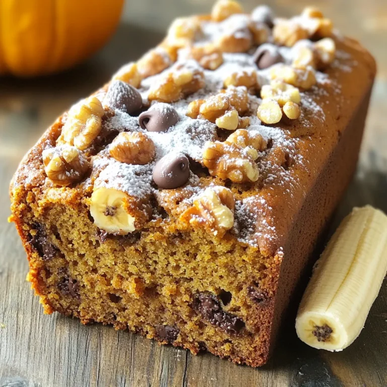 To make pumpkin spice banana bread, you need fresh and simple ingredients. Here’s what you’ll need: - 3 ripe bananas, thoroughly mashed - 1 cup pumpkin puree (canned or homemade) - 1/2 cup unsalted butter, melted and slightly cooled - 3/4 cup packed brown sugar - 1/4 cup granulated sugar - 2 large eggs, at room temperature - 1 teaspoon pure vanilla extract - 1 1/2 cups all-purpose flour, sifted - 1 teaspoon baking soda - 1/2 teaspoon fine salt - 2 teaspoons pumpkin spice blend - 1/2 cup chopped walnuts (optional) - 1/2 cup semi-sweet chocolate chips (optional) These ingredients bring together warm, cozy flavors. The ripe bananas add natural sweetness. Pumpkin puree adds moisture and a rich taste. The butter gives a lovely texture. Both sugars help create a sweet crust. The eggs bind everything together. As for the dry ingredients, the flour provides structure, while baking soda helps the bread rise. Salt enhances the flavors, and pumpkin spice brings that fall essence. Feel free to add walnuts or chocolate chips for extra crunch or sweetness. These options make the bread even more delicious. Set your oven to 350°F (175°C). This temperature helps the bread rise well. Grease a 9x5 inch loaf pan with butter or non-stick spray. This step keeps the bread from sticking. In a large mixing bowl, mash the 3 ripe bananas. Add 1 cup of pumpkin puree, 1/2 cup of melted unsalted butter, 3/4 cup of brown sugar, and 1/4 cup of granulated sugar. Stir with a spatula or whisk until the mixture is smooth and well blended. Crack 2 large eggs into the wet mixture, one at a time. Make sure to mix well after each egg. Then, pour in 1 teaspoon of pure vanilla extract and mix until everything is combined. In a separate bowl, whisk together 1 1/2 cups of all-purpose flour, 1 teaspoon of baking soda, 1/2 teaspoon of fine salt, and 2 teaspoons of pumpkin spice blend. This ensures even mixing of dry ingredients. Gradually add the dry mix to the wet ingredients. Use a spatula to stir gently. Be careful not to overmix; this keeps the bread light and fluffy. If you want extra flavor, fold in 1/2 cup of chopped walnuts and/or 1/2 cup of semi-sweet chocolate chips. Gently stir them into the batter to avoid breaking them. Carefully pour the batter into your prepared loaf pan. Use a spatula to spread it out evenly and smooth the top. This helps it bake evenly. Place the loaf pan in the preheated oven. Bake for 60-70 minutes. Check for doneness by inserting a toothpick into the center. It should come out clean or with a few moist crumbs. Once baked, let the bread cool in the pan for about 10 minutes. Then, move it to a wire rack to cool completely before slicing. To make great pumpkin spice banana bread, you must avoid overmixing the batter. When you combine the wet and dry ingredients, stir gently. Overmixing makes the bread tough. Instead, mix until just combined for a soft texture. After baking, check for doneness by inserting a toothpick into the center. If it comes out clean or with a few moist crumbs, the bread is ready. If it’s still wet, bake for a few more minutes. Every oven is different, so keep an eye on it. You can serve banana bread warm or at room temperature. It tastes great on its own, but you can elevate it. Consider spreading a bit of butter on each slice. You can also dust it with powdered sugar for a sweet touch. For beverages, I suggest pairing the bread with a hot cup of coffee or tea. The warmth of the drink enhances the spices in the bread. If you want something sweeter, a glass of milk goes well too. Want to boost the flavor even more? You can add spices like nutmeg or cinnamon to the batter. A splash of almond extract adds a nice twist too. Experiment with your favorite spices to make this bread your own. Feel free to get creative! Adding dried fruits or fresh zest can change the flavor profile. Each time you bake, you can try something new! {{image_4}} You can make this banana bread vegan. For eggs, use a flaxseed meal. Mix 1 tablespoon of flaxseed meal with 3 tablespoons of water. Let it sit for 5 minutes until it thickens. For butter, use coconut oil or vegan butter. This keeps the bread moist and tasty. If you need a gluten-free version, use gluten-free flour. Almond flour or oat flour works well. You can also mix gluten-free all-purpose flour blends. Just be sure to check the blend contains xanthan gum for better texture. You can change the flavors in this recipe. Try adding a dash of cinnamon or nutmeg for extra warmth. Dried fruits like cranberries or raisins add a sweet touch. If you want a twist, chop up some apples or pears. The options are endless! To keep your pumpkin spice banana bread fresh, wrap it tightly in plastic wrap. You can also use an airtight container. Store it at room temperature for up to three days. For longer storage, place it in the fridge. This will keep it good for about a week. If you notice any mold, throw it away. Freezing your banana bread is simple. First, let it cool completely. Then, slice the bread into pieces. Wrap each piece in plastic wrap. Place the wrapped slices in a freezer bag or container. Label the bag with the date. Your bread can stay in the freezer for up to three months. When you want to enjoy it, just thaw it at room temperature. Reheating pumpkin spice banana bread is easy. You can use a microwave or an oven. For the microwave, place a slice on a plate. Heat it for about 15 to 20 seconds. For the oven, preheat to 350°F (175°C). Wrap the bread in foil to keep it moist. Heat for about 10 to 15 minutes. Enjoy your warm, delicious treat! Yes, you can use other types of flour. Here are some options: - Whole wheat flour - Almond flour - Oat flour Keep in mind, using these flours may change the texture. Whole wheat flour makes it denser. Almond flour adds a nutty taste. Oat flour offers a softer crumb. You might need to adjust the liquid if using nut or oat flour. For the best flavor, use very ripe bananas. Look for bananas with: - Brown spots - Soft texture These bananas are sweeter and mix well. They also help keep the bread moist. Avoid using green bananas; they will not provide enough sweetness. If you don't have pumpkin puree, consider these options: - Butternut squash puree - Sweet potato puree - Applesauce These substitutes add similar texture and moisture. Each option will give a unique taste. Make sure to use unsweetened varieties for the best results. Pumpkin spice banana bread stays fresh for about 3 to 4 days. Store it at room temperature in an airtight container. You can also refrigerate it for a week. For longer storage, freeze it. Wrap it well to prevent freezer burn. It can last up to 3 months in the freezer. Yes, you can make mini loaves! Here’s how: - Use mini loaf pans instead of a regular loaf pan. - Fill each mini loaf pan about 2/3 full with batter. - Bake for 20 to 30 minutes. Check for doneness by inserting a toothpick in the center. They are done when it comes out clean! Mini loaves are great for sharing or gifting. This blog shared how to make pumpkin spice banana bread, covering key ingredients and simple steps. You learned tips for baking, serving suggestions, and variations for different diets. With this recipe, homemade bread is easy and tasty. I hope you enjoy making your own delicious loaves. The fun of baking brings joy and warmth to your home. Happy baking!