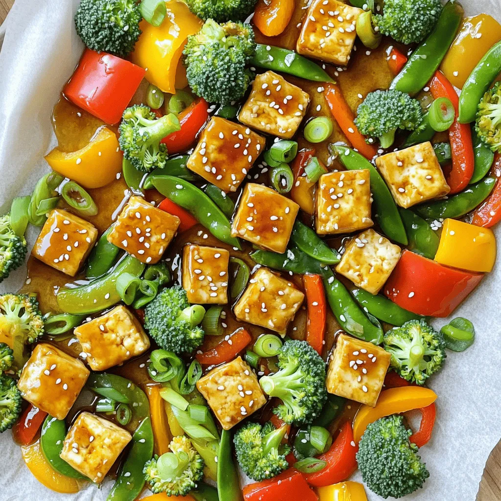 - 14 oz (400g) firm tofu, well-drained and pressed - 1 bell pepper, thinly sliced (choose your favorite color) - 1 cup broccoli florets, cut into small pieces - 1 cup snap peas, trimmed - 1 cup carrots, julienned - 4 cloves garlic, finely minced - 2 tablespoons cornstarch - 2 tablespoons olive oil, divided - 1/4 cup honey - 2 tablespoons soy sauce - 1 tablespoon apple cider vinegar - 1 teaspoon sesame oil - Salt and freshly ground black pepper, to taste The firm tofu is the star here. It soaks up flavors and gets crispy when cooked right. The colorful vegetables bring both taste and eye appeal. I love using a mix of bell pepper, broccoli, snap peas, and carrots. Each adds a unique crunch and color. - Sesame seeds - Sliced green onions These garnishes add a nice touch. Sesame seeds give a nutty flavor, while sliced green onions add fresh notes. You can use them to make the dish pop! - Large sheet pan - Parchment paper - Mixing bowls Using a large sheet pan makes everything easy. Lining it with parchment paper helps with cleanup. Mixing bowls are key for preparing the tofu and veggies. - Preheat your oven to 425°F (220°C). - Line the sheet pan with parchment paper. - Cut the pressed tofu into bite-sized cubes. - Transfer the tofu to a large mixing bowl. - Sprinkle the cornstarch over the tofu cubes. - Toss gently until each piece is coated. - Drizzle 1 tablespoon of olive oil over the tofu. - Season with salt and black pepper, then toss again. - Spread the tofu on one side of the sheet pan. - In the same bowl, add the sliced bell pepper, broccoli, snap peas, and carrots. - Drizzle the remaining olive oil over the veggies. - Season with salt and black pepper, then toss to mix. - Arrange the vegetables on the other side of the pan. - Place the sheet pan in the oven and bake for 20-25 minutes. - Flip the tofu and veggies halfway through for even cooking. - While they bake, prepare the honey garlic sauce. - In a small bowl, mix minced garlic, honey, soy sauce, apple cider vinegar, and sesame oil. - Whisk until smooth and well-blended. - After baking, remove the pan from the oven. - Drizzle the honey garlic sauce over the tofu and veggies. - Use tongs to toss everything gently until coated. - Return the pan to the oven for an extra 5-10 minutes. - This will caramelize the dish and make it golden brown. - After cooking, let it cool for a moment. - Garnish with sesame seeds and sliced green onions for crunch. Pressing tofu is key. It removes excess water, making it crispier. If you skip this step, the tofu can turn soggy. Coat the pressed tofu with cornstarch. This helps create a crunchy texture when baked. Cornstarch absorbs moisture and promotes browning. You will love the crisp outside and soft inside! Feel free to mix up the veggies! You can use seasonal or favorite vegetables. Zucchini, bell peppers, or mushrooms work great. Just keep colors and textures in mind. You want a nice balance. For flavor, add a dash of salt and pepper. This will enhance the dish and keep it delicious. Pair your stir fry with steamed rice or quinoa. These sides soak up the sweet sauce well. You can also serve it with a side salad for a fresh touch. This dish holds heat and flavor nicely. Serve it right from the pan or plate it for a fancy look. Enjoy every bite! {{image_4}} You can boost the protein in this dish with chickpeas or edamame. Both add great texture and flavor. To cook chickpeas, simply drain and rinse canned ones. Add them to the pan with the vegetables. For edamame, use frozen and thawed ones, tossing them in at the same time. Keep an eye on cooking time. If using chickpeas, 20 minutes works well. For edamame, 15 minutes is enough. Want more heat? Add chili sauce or red pepper flakes. A teaspoon of each should give you a nice kick. If you prefer it sweeter, you can add more honey. Start with a tablespoon and taste. This way, you can find the right balance for your liking. Make this stir fry your own by changing up the sauces. For an Asian twist, try teriyaki or hoisin sauce. Just swap them for the honey sauce. If you want a Mediterranean vibe, add olives and fresh herbs like oregano or thyme. This will give your dish a whole new taste. To keep your Sheet-Pan Honey Garlic Tofu Stir Fry fresh, store leftovers in airtight containers. This helps prevent moisture loss and keeps flavors intact. Make sure to let the stir fry cool down before sealing it. I recommend eating the leftovers within 3 to 4 days for the best taste and texture. You can freeze the cooked stir fry for later meals. Just place it in freezer-safe bags or containers. Remove as much air as possible to avoid freezer burn. When you're ready to eat, thaw it overnight in the fridge. Reheat in a pan over low heat until hot. You can also microwave it, stirring every minute to ensure even heating. Preparing this dish in bulk is a great way to save time. You can cook a larger batch and separate the tofu and veggies. This method helps keep everything fresh. Store the tofu and vegetables in different containers. They will stay crisp and tasty. This way, you can mix and match throughout the week for quick meals. Yes, you can use expired honey. Honey lasts a long time. It can stay good for years if stored right. It does not spoil due to its low moisture content. If the honey looks or smells off, it’s better to toss it. Otherwise, it’s safe to use in your stir fry. To make this dish gluten-free, swap out the soy sauce. Use tamari or coconut aminos instead. Both options give a great flavor without gluten. Ensure all other ingredients, like the cornstarch, are also gluten-free. This way, you can enjoy your stir fry without worry. You can swap tofu for other proteins. Chickpeas or edamame work well for a plant-based option. If you want meat, try chicken or shrimp. Adjust cooking times based on what you use. Make sure any meat is cooked fully before adding the sauce. You now have a complete guide to making a delicious and colorful tofu stir fry. We covered essential ingredients, step-by-step instructions, and helpful tips to ensure nice flavors. I shared variations for spice lovers and advice on storing leftovers. Remember, you can adapt this dish to suit your taste and ingredients on hand. Enjoy experimenting with flavors and making this recipe your own!