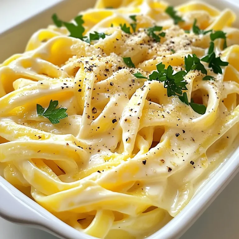 - 8 oz fettuccine pasta - 4 tablespoons unsalted butter - 3 cloves garlic, minced - 1 cup heavy cream - 1 cup freshly grated Parmesan cheese - 1/2 teaspoon salt (adjust to taste) - 1/4 teaspoon black pepper - 1/4 teaspoon red pepper flakes (optional) - 1 tablespoon fresh parsley, chopped To make creamy garlic Parmesan noodles, you need a few key ingredients. First, the fettuccine pasta gives the dish its heartiness. I love using 8 oz of this pasta because it cooks up perfectly. You also need 4 tablespoons of unsalted butter. Butter adds richness and depth to the sauce. Next, you can't forget the garlic. Three cloves of minced garlic bring a wonderful aroma and flavor to the dish. For creaminess, use 1 cup of heavy cream. It melds beautifully with the other ingredients. The star of the show is 1 cup of freshly grated Parmesan cheese. This cheese melts into the sauce, creating that rich, creamy texture we all love. To enhance the flavor, add just 1/2 teaspoon of salt, 1/4 teaspoon of black pepper, and red pepper flakes for a little kick if you like. These seasonings balance the richness perfectly. Lastly, for a fresh touch, sprinkle 1 tablespoon of chopped parsley on top. It adds color and a burst of flavor to the dish. With these simple yet essential ingredients, you can create a meal that feels special and comforting. To cook fettuccine, fill a large pot with salted water. Bring it to a boil. Add the fettuccine and cook until it is al dente. This usually takes about 8-10 minutes. Stir the pasta occasionally to prevent sticking. When done, drain the pasta. Remember to reserve about 1/2 cup of pasta water. This starchy water helps with the sauce later. In a large skillet, melt 4 tablespoons of unsalted butter over medium heat. Once the butter is melted and bubbly, add 3 minced garlic cloves. Sauté the garlic for 1-2 minutes. You want it to smell great but not brown. Next, pour in 1 cup of heavy cream. Stir the mixture for about 3-4 minutes. It should heat through and thicken a bit. Reduce the heat to low and whisk in 1 cup of freshly grated Parmesan cheese. Keep stirring until the cheese melts. This makes the sauce creamy and rich. Now it’s time to combine the pasta and sauce. Gently fold the cooked fettuccine into the creamy garlic sauce. Stir well to coat all the noodles. If it seems too thick, add the reserved pasta water a little at a time. Toss until you reach the creaminess you like. Taste your dish and adjust the salt or pepper if needed. This is the secret to making it just right! When cooking, timing is key. Add garlic to the pan after the butter melts. This helps it cook slowly and smell great. Stir it for one to two minutes. Don’t let it brown. If it burns, the taste turns bitter. If you want more garlic flavor, you can add garlic powder. Another option is to roast the garlic first. Roasted garlic has a sweet taste that pairs well with the creamy sauce. To make the sauce thicker, use heavy cream. If you like it creamier, add more cream or cheese. Always reserve some pasta water. This starchy water helps bind the sauce and noodles. Add it slowly to control thickness. Mix the pasta with the sauce off the heat. This helps keep the cream perfect and smooth. For a nice touch, serve the noodles in shallow bowls. This makes the dish look fancy. Sprinkle more Parmesan on top for extra flavor. You can add a slice of crispy garlic bread on the side. Fresh parsley also brings color and freshness. It makes the dish look inviting and delicious. {{image_4}} You can make your creamy garlic parmesan noodles even better by adding protein. Here are some tasty options: - Chicken: Grilled or sautéed chicken adds a nice texture and flavor. - Shrimp: Cooked shrimp brings a sweet and fresh taste. - Bacon: Crispy bacon bits give a smoky crunch. These proteins blend well with the creaminess of the sauce, making each bite even more delicious. If you want a lighter choice, try swapping the pasta. Here are a few great ideas: - Zucchini Noodles: Also known as zoodles, they are low in carbs and full of flavor. - Spaghetti Squash: This option is fun and adds a unique texture. - Whole Wheat Pasta: It’s more filling and has a nutty taste. These swaps keep the dish tasty and are great for different diets. Changing up the flavors can make your dish stand out. Here are some fun ideas: - Fresh Herbs: Try adding basil or thyme for a garden-fresh taste. - Lemon Zest: A bit of zest brightens the creamy sauce. - Spices: Consider adding paprika or Italian seasoning for extra warmth. These twists add new layers of flavor and keep your meals exciting. To store leftover creamy garlic parmesan noodles, let them cool first. Place them in an airtight container. This keeps them fresh and safe. You can store them in the fridge for up to three days. When ready to eat, just reheat them gently. Add a splash of cream or water to keep them creamy. You can freeze creamy garlic parmesan noodles too. Divide the noodles into portions. Use freezer-safe bags or containers. Remove as much air as possible before sealing. This will help keep them from getting freezer burn. To reheat, thaw them in the fridge overnight. Then, warm them on the stove over low heat. Add a little cream or water for the best texture. In the fridge, the noodles stay fresh for about three days. If you freeze them, they can last up to three months. Just remember to check for any off smells or changes in texture before eating. Enjoy your creamy garlic parmesan noodles at their best! Yes, you can use many types of pasta. Fettuccine works well, but you can try: - Spaghetti - Penne - Linguine - Farfalle Using these options can change the look and feel of the dish. Choose what you enjoy most. Yes, you can make it lighter! Here are some tips: - Use whole wheat pasta for more fiber. - Swap heavy cream for half-and-half or milk. - Reduce the butter to two tablespoons. These changes cut calories without losing flavor. This dish pairs well with many sides. Consider these options: - Garlic bread for a crunchy bite. - A fresh salad for some crispness. - Steamed vegetables for added nutrients. These sides create a balanced meal. Making this dish vegan is easy! Try these swaps: - Use vegan butter instead of regular butter. - Replace heavy cream with coconut cream or almond milk. - Use nutritional yeast instead of Parmesan cheese. These changes keep the flavors while making it plant-based. This article covered how to make creamy garlic parmesan noodles. We explored key ingredients, step-by-step cooking, and helpful tips. I shared various options for adding protein or making it vegetarian. Remember to reserve your pasta water for that perfect creamy sauce. You can also experiment with flavors, making this dish your own. With the right storage tips, you can enjoy this dish later, too. Now, you have all the tools to create a delicious meal. Enjoy cooking and stay creative!