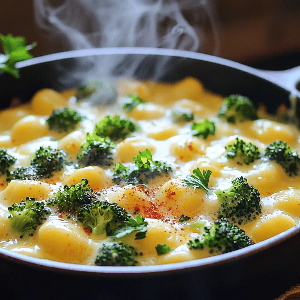 - 1 pound store-bought gnocchi - 2 cups fresh broccoli florets - 2 cups vegetable broth (low-sodium preferred) - 1 cup sharp cheddar cheese, shredded - 1 cup heavy cream - 1/2 cup grated Parmesan cheese - 2 cloves fresh garlic, minced - 1 tablespoon extra-virgin olive oil - Salt and pepper to taste - Red pepper flakes (optional, for a spicy kick) Gathering the right ingredients is key to making this dish shine. The gnocchi serves as the base, providing a soft and chewy texture. Fresh broccoli adds color and nutrition. I always choose low-sodium vegetable broth for better control over salt levels. Sharp cheddar cheese gives a rich flavor, while heavy cream adds creaminess. Parmesan cheese complements the cheddar perfectly. Fresh garlic brings a burst of flavor, and olive oil adds richness. Don't forget salt and pepper for seasoning, and red pepper flakes if you want some heat. This dish comes together quickly, so it’s best to have everything ready before you start cooking. Trust me, you will love the rich and cheesy taste of One-Pot Cheesy Broccoli Gnocchi! Heating the Olive Oil Start by heating 1 tablespoon of extra-virgin olive oil in a large pot over medium heat. Wait until the oil shimmers. This means it is hot enough to cook. Sautéing the Garlic Add 2 cloves of minced garlic to the oil. Sauté the garlic for 1-2 minutes. It should smell nice but not burn. Burning the garlic can make the dish taste bitter. Adding Broth and Broccoli Now, add 1 pound of store-bought gnocchi to the pot. Stir to coat the gnocchi in the oil and garlic. Then, pour in 2 cups of low-sodium vegetable broth. Next, add 2 cups of fresh broccoli florets. Simmering the Mixture Increase the heat slightly. Bring the mixture to a gentle simmer. This will help the flavors mix well. Let it cook until the broccoli is bright green and tender, about 5-7 minutes. Adding Heavy Cream Stir in 1 cup of heavy cream. Let it simmer for another few minutes. This will make the sauce rich and creamy. Incorporating Cheeses Lower the heat to a simmer. Gradually add 1 cup of shredded sharp cheddar cheese and 1/2 cup of grated Parmesan cheese. Stir continuously until the cheeses melt. The sauce will become smooth and thick. Seasoning the Dish Season with salt and freshly cracked black pepper. If you like some heat, sprinkle in red pepper flakes. Adjust the seasoning to your taste. Enjoy your creamy, cheesy broccoli gnocchi! Cooking Time for Gnocchi Gnocchi cooks quickly. In just 2-3 minutes, they turn golden. Keep an eye on them. Overcooking makes them mushy. Aim for a light golden color before adding other ingredients. Avoiding Overcooked Broccoli Broccoli should be bright green and tender, not mushy. Add it to the pot with the broth. Let it simmer for about 5-7 minutes. This time allows the broccoli to soften without losing its vibrant color. Recommended Seasonings Seasoning is key. Use salt and pepper to taste. For a little heat, add red pepper flakes. They bring a nice kick. You can also add garlic powder or onion powder for extra depth. Suggested Cheeses for Variations Cheese makes this dish creamy and rich. Sharp cheddar is great, but feel free to mix. Try Gruyère or mozzarella for different flavors. You can even use a spicy cheese if you like. Each cheese adds its own twist to your meal. {{image_4}} Gluten-Free Options You can enjoy this dish gluten-free by using gluten-free gnocchi. Many brands offer this option made from potato or rice flour. Just check the label to ensure it meets your needs. Vegan Alternatives For a vegan version, swap the heavy cream for coconut milk or cashew cream. Use nutritional yeast instead of cheese for a cheesy flavor. You can also find vegan gnocchi made from potatoes. Different Vegetables Feel free to change the broccoli. You can use spinach, kale, or even zucchini. Each vegetable brings its own taste and texture. Just remember to adjust the cooking time based on what you choose. Alternative Sauces If you want to mix things up, try adding different sauces. A light alfredo or pesto can add new flavors. You can also use a tomato-based sauce for a fun twist on this recipe. - How to Store Leftovers After enjoying your One-Pot Cheesy Broccoli Gnocchi, let it cool to room temperature. Place leftovers in an airtight container to keep it fresh. You can store it in the fridge for up to three days. If you want to save it longer, consider freezing it. - Recommended Storage Containers Use glass or plastic containers with tight-fitting lids. They keep flavors in and prevent spills. If you plan to freeze, make sure the container is freezer-safe. This will help protect the dish from freezer burn. - Best Methods for Reheating When it’s time to enjoy your leftovers, the best method is to reheat on the stove. Pour the gnocchi into a pot over low heat. Stir gently to warm it up evenly. You can also use a microwave. Just make sure to cover it and heat in short bursts to avoid drying it out. - Keeping the Dish Creamy To keep the sauce creamy, add a splash of milk or broth while reheating. This will help restore the rich texture. Stir slowly as it warms to blend everything back together. Enjoy your meal just like the first time! The total cooking time is about 25 minutes. You can easily whip this dish up on a busy night. The prep time is around 10 minutes, so you can start cooking right away. Yes, you can make this dish in advance. To meal prep, cook the gnocchi and broccoli as directed. Then, store them in an airtight container in the fridge. When you are ready to eat, just reheat it on the stove. Add a little extra cream if needed to keep it creamy. This dish pairs well with simple side salads. A fresh garden salad or a Caesar salad adds a nice crunch. You can also serve it with garlic bread for a cozy, hearty meal. Enjoying it with a glass of white wine can enhance your dining experience too. This blog post shared a simple and tasty recipe for One-Pot Cheesy Broccoli Gnocchi. You learned about the key ingredients, step-by-step cooking instructions, and tips to enhance flavor. We also discussed dietary modifications and proper storage methods. Overall, this dish is easy to make and customize. Enjoy cooking it and make it your own! You'll love how quick and satisfying it is. Happy cooking!