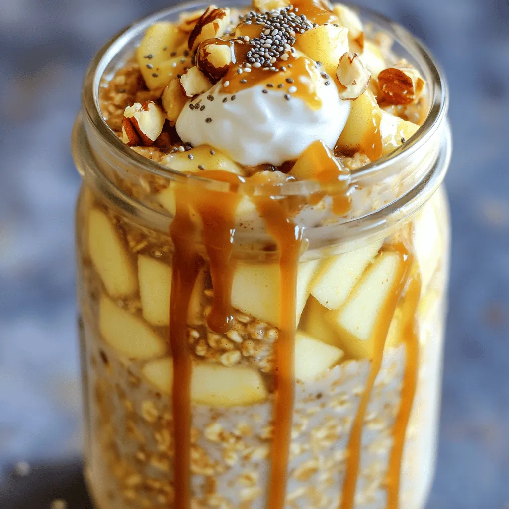 - 1 cup rolled oats - 1 cup almond milk (or your preferred dairy or non-dairy milk) - 1 large ripe apple, peeled and diced into small cubes - 2 tablespoons packed brown sugar - 1 teaspoon ground cinnamon - 1 tablespoon pure vanilla extract - 2 tablespoons caramel sauce (store-bought or homemade; plus extra for drizzling) - 1/4 cup Greek yogurt (optional for creaminess) - 1 tablespoon chia seeds (optional for nutrition) - Chopped nuts or granola for topping (optional for extra crunch) When I make caramel apple pie overnight oats, I love to use fresh ingredients. The rolled oats form the base. They soak up all the flavors overnight. Almond milk is my go-to, but you can use any milk you like. A ripe apple adds sweetness and crunch. The flavor enhancers really make this dish special. Brown sugar gives it that warm, sweet taste. Ground cinnamon adds a cozy spice that reminds me of fall. Pure vanilla extract brings everything together with its rich aroma. I also like to add some fun components. Caramel sauce is a must! You can use store-bought or make your own. Greek yogurt adds a nice creaminess, but it’s not necessary. Chia seeds boost the nutrition and are easy to mix in. For toppings, I enjoy chopped nuts or granola for added crunch. This mix of ingredients creates a delightful breakfast that is both tasty and satisfying. Each bite feels like a treat, and it’s simple to prepare. So, gather your ingredients and let’s get started! - First, grab a medium mixing bowl. - Combine 1 cup of rolled oats and 1 cup of almond milk. - Add 1 tablespoon of pure vanilla extract. - Stir until everything blends well. - Now, add 1 large diced apple to the oat mix. - Sprinkle in 2 tablespoons of packed brown sugar and 1 teaspoon of ground cinnamon. - If you want, include 1 tablespoon of chia seeds. - Fold in 1/4 cup of Greek yogurt for creaminess, if using. - Drizzle in 2 tablespoons of caramel sauce into the mixture. - Save a little caramel for topping later. - Mix gently until the caramel is well spread throughout. - Transfer the mixture into airtight containers or mason jars. - Seal them tightly and refrigerate overnight. - Before serving, give the oats a good stir to mix again. To make your oats just right, you can adjust the milk. If you want them thicker, use less milk. For creamier oats, add more almond milk. Greek yogurt also helps create a smooth texture. It makes each bite rich and creamy. You can change the fruits in this recipe. Try using pears or fresh berries instead of apples. They add a different taste and keep it fun. If you want a twist, swap caramel for chocolate or butterscotch. Each new flavor brings excitement to your breakfast. Toppings can add crunch to your oats. Chopped nuts or granola work well. They make each bite even better. You can also pair these oats with other breakfast dishes. A side of fresh fruit or yogurt adds variety to your meal. {{image_4}} You can make this recipe dairy-free with simple swaps. Use plant-based milk like almond, oat, or coconut milk. Just pick one you enjoy. If you skip the Greek yogurt, your oats will still taste great. The oats will remain creamy without it. To keep this recipe gluten-free, use certified gluten-free oats. Regular oats may contain gluten from cross-contamination. You can also replace any flour for toppings with almond flour or coconut flour. These options add flavor and keep it gluten-free. Want to boost the taste? Adding nut butters like almond or peanut butter gives richness to the oats. You can also sprinkle in spices like nutmeg or ginger for a warm kick. These extra flavors make every bite even more delightful. Caramel apple pie overnight oats last about 4 to 5 days in the fridge. To keep them fresh, use airtight containers. Glass jars work well for storage. This keeps the oats from drying out and helps hold the flavor. You can warm up your overnight oats if you prefer them hot. The best way is to use the microwave. Heat in 30-second bursts, stirring in between. You can also enjoy them chilled, which is great on warm days. To save time, prepare multiple jars for the week ahead. You can mix and match flavors in each jar. For example, swap apples for other fruits like pears or berries. Customizing each jar keeps breakfast fun and exciting! Caramel apple pie overnight oats can stay fresh for up to five days in the fridge. To keep them safe and tasty, store them in airtight containers. Make sure to seal them well to avoid any unwanted odors from your fridge. If you notice any off smells or changes in texture, it’s best to toss them. Yes, you can make these oats vegan easily. Use plant-based milk like oat, soy, or coconut milk instead of almond milk. For the yogurt, choose a vegan option or leave it out. The caramel sauce can also be checked for dairy ingredients or swapped for a homemade vegan version. If you don’t have almond milk, you can use any milk you like. Options include soy milk, oat milk, or coconut milk. You can also use regular cow’s milk if you prefer. Just remember to check for flavors that might change the taste of your oats. You can use instant oats, but they will change the texture. Instant oats cook faster and become softer. This means your overnight oats may not have the same chewy bite. If you choose instant oats, reduce the soaking time to about 30 minutes instead of overnight. This blog post shared a simple recipe for caramel apple pie overnight oats. We covered main ingredients, step-by-step instructions, and helpful tips. You can easily customize flavors and textures to suit your taste. Storing leftovers is easy, too. Just remember to keep them sealed. These oats are not just tasty; they're also great for meal prep. Enjoy the process and have fun with variations. Your mornings will thank you for this delicious start!