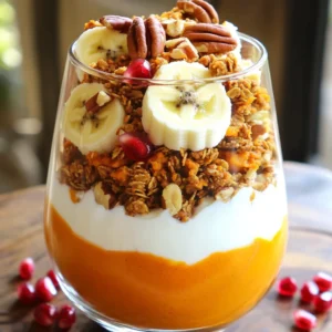 - 2 cups plain Greek yogurt - 1 cup pumpkin spice granola - 1/2 cup canned pumpkin puree - 1 tablespoon maple syrup - 1 teaspoon pumpkin pie spice - 1/2 teaspoon vanilla extract - 1/4 cup chopped pecans (optional) - Fresh fruits for topping (e.g., banana slices, pomegranate seeds, or berries) Tips for homemade pumpkin spice granola Making your own granola is easy and fun. Start with oats, nuts, and seeds. Add pumpkin spice, honey, and oil. Bake until golden. This will give a fresh taste and a perfect crunch. Choosing the right Greek yogurt Look for full-fat Greek yogurt for creaminess. If you want a lighter option, low-fat works too. Make sure it has no added sugars for a healthy base. Alternatives for maple syrup Honey can replace maple syrup for sweetness. You can also use agave nectar or brown sugar. Adjust to your taste for the right sweetness. To start, grab a mixing bowl. Add your canned pumpkin puree, maple syrup, and pumpkin pie spice. Mix these well. You want a smooth mixture with no lumps. The vanilla extract adds a nice touch of flavor. This spiced pumpkin layer makes your parfait rich and tasty. Now it's time to build your parfait. Start with a spoonful of the spiced pumpkin mixture. Place it at the bottom of your glass. Next, add a layer of Greek yogurt on top. Spread it evenly to cover the pumpkin. Then, sprinkle a layer of pumpkin spice granola for crunch. Repeat these layers until you fill your glass. Finish with yogurt and top it off with more granola for that perfect crunch. For a beautiful finish, consider garnishing with chopped pecans. They add a nice crunch and flavor. You can also add fresh fruits like banana slices, pomegranate seeds, or berries. These not only enhance the taste but also make your parfait look stunning. Serve in clear glasses to show off those lovely layers. A sprinkle of pumpkin spice on top adds an extra touch of fall flair. You can change the flavor of your parfait easily. Try adding chocolate chips for a sweet touch. If you prefer a nutty flavor, add some almond slivers or sunflower seeds. To make it dairy-free, swap Greek yogurt with coconut or almond yogurt. For a vegan option, use maple syrup and skip any dairy toppings. To save time, you can prepare layers in advance. Store the pumpkin layer and yogurt separately. Use airtight containers for the best freshness. When you're ready, just layer them in a glass. It’s best to assemble the granola right before serving to keep it crunchy. If you have guests, you can easily scale this recipe up. For larger gatherings, double the ingredients. Each serving should be about 1 cup. For kids, you can serve smaller portions, around 1/2 cup. This way, everyone can enjoy without wasting food. {{image_4}} You can bring new life to your pumpkin spice granola yogurt parfait by adding seasonal fruits. Slices of fresh apple or pear enhance the autumn vibe. Their sweet and crisp texture pairs well with the creamy yogurt and spiced pumpkin. You can also switch up the spices to match the seasons. In spring, try a hint of lemon zest for brightness. In summer, consider using fresh mint to create a refreshing twist. Not everyone loves plain Greek yogurt. You can use flavored yogurts too. Vanilla or cinnamon yogurt adds a nice touch of sweetness. If you prefer a dairy-free option, try coconut or almond yogurt. These choices also work great in this parfait. Each yogurt type brings its unique taste, making your parfait fun and exciting. Toppings can change your parfait game. Try different nuts like almonds, walnuts, or sunflower seeds. They add crunch and flavor. You can also mix in other fresh fruits. Berries, kiwi, or mango slices add color and sweetness. Experimenting with toppings keeps your parfait fresh and interesting. You can store your parfaits in the fridge for up to two hours. After that, the granola loses its crunch. To keep it fresh, store granola separately. Layer it just before serving for the best texture. Can you freeze parfaits? Yes, but it's not ideal. Freezing can change the texture of yogurt and fruit. If you want to freeze, layer the yogurt and pumpkin separately. This way, you can assemble fresh parfaits later. Got leftover ingredients? Use extra pumpkin puree in oatmeal or smoothies. You can also bake pumpkin muffins or pancakes. These ideas help reduce waste while enjoying your favorite flavors. Yes, you can use regular yogurt. It has a thinner texture and milder taste. Here are the pros and cons: Pros: - Creamy consistency, easy to mix. - Lower in calories than Greek yogurt. Cons: - Less protein, which may not keep you full. - Thinner, which can make layers less defined. If you want a richer flavor, stick with Greek yogurt. You can make this parfait healthier with a few simple swaps: - Use low-fat Greek yogurt to cut calories. - Reduce maple syrup or use a sugar-free alternative. - Add fresh fruits instead of extra granola for sweetness. These changes keep the flavor while cutting sugar and calories. Absolutely! If you skip the granola, try these crunch options: - Chopped nuts, like almonds or walnuts. - Seeds, such as pumpkin or sunflower seeds. - Cereal, like puffed rice or oat clusters. Each option adds a nice crunch without the granola! This blog post shared a quick and easy recipe for a spiced pumpkin yogurt parfait. You learned about the main ingredients, step-by-step assembly, and tips for personalization. Try customizing flavors or adding seasonal fruits. Remember to store layers correctly and keep your granola crunchy. Whether you're making this for yourself or a gathering, it’s a delightful and healthy treat. Enjoy your tasty creations and feel free to experiment!