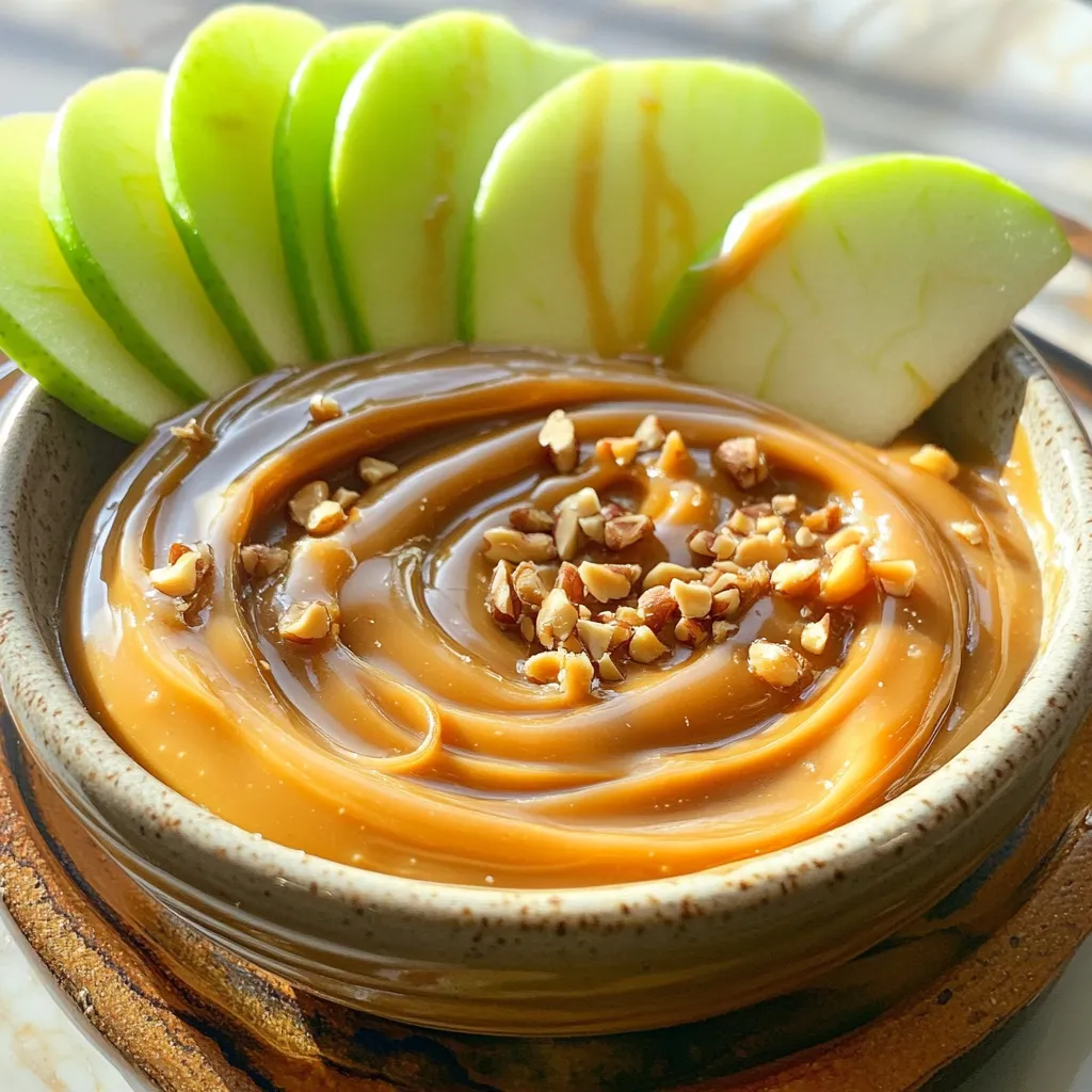 - 1 cup caramel sauce - 8 oz cream cheese - 1/2 cup packed brown sugar - 1 tsp pure vanilla extract - 1/2 cup toffee bits - 2 medium-sized apples - 1/4 cup chopped nuts (optional) To make this dip, start with 1 cup of caramel sauce. You can use store-bought or homemade. I love making my own for that extra touch. Next, grab 8 oz of cream cheese. Make sure it's softened for easy mixing. You will also need 1/2 cup of packed brown sugar. This adds sweetness and depth. Then, get 1 tsp of pure vanilla extract. It gives a hint of warmth to the dip. You will want 1/2 cup of toffee bits, which add a delightful crunch. For the apples, pick 2 medium-sized ones. I recommend using green apples for a nice tart flavor. Lastly, consider adding 1/4 cup of chopped nuts. Pecans or walnuts work great for added texture. With these ingredients, you will create a treat that everyone will love. The mix of sweet caramel and crunchy toffee makes it special. Plus, the fresh apples provide a crisp balance. Whether it’s for a party or a family snack, this dip is sure to impress! - Soften cream cheese: Start by letting your cream cheese sit at room temperature. This makes it easy to mix. - Mix cream cheese and brown sugar: In a bowl, combine the softened cream cheese and brown sugar. Use a hand mixer or whisk to blend them well. The mixture should be smooth and creamy. - Incorporate vanilla extract: Next, add one teaspoon of pure vanilla extract to your creamy mix. Mix until it’s fully blended in. - Fold in caramel sauce: Gently add the caramel sauce to the cream cheese mixture. Be careful not to deflate the creaminess while mixing. - Add toffee bits: Now, fold in the toffee bits. Make sure to save some bits for topping later. - Mix in optional nuts: If you want a crunchy texture, add chopped nuts. Pecans or walnuts work great. Mix until everything is evenly spread out. - Transfer to serving bowl: Spoon your dip into a nice serving bowl. Smooth the top for a pretty look. - Drizzle with caramel and toppings: To make it extra delicious, drizzle some caramel sauce on top. Then, sprinkle the reserved toffee bits and any nuts you used. This adds a nice crunch and looks great. Enjoy your caramel apple dip with crisp apple slices for a tasty treat! - Choosing the right apples: I recommend using green apples. Their tart flavor perfectly balances the sweet caramel. Crisp apples add a nice crunch too. - Storing caramel sauce properly: If you have leftover caramel, store it in an airtight container. Refrigerate for up to two weeks. When you're ready to use it, gently warm it in the microwave. - Avoiding deflation in mixing: When you fold in the caramel, do it gently. This keeps the dip creamy and light. If you mix too hard, the texture may become flat. - Pairing with snacks: Serve this dip with apple slices for a classic touch. You can also try pretzels or graham crackers. They add a fun twist to the flavor. - Presentation ideas: Use a clear bowl to showcase the layers of the dip. Add a drizzle of caramel on top and sprinkle with extra toffee bits. This makes your dip look as good as it tastes! {{image_4}} You can make caramel apple dip your own by adding different toppings. Try chocolate chips for a rich twist. Sprinkles can add a fun pop of color. Both options make the dip more exciting. You can also switch up the fruit. While apples are great, pears work just as well. Sliced bananas are another tasty choice. They add a creamy texture and sweetness. If you need gluten-free options, this dip is already a great choice. Just ensure your caramel sauce is gluten-free. Most brands are, but always check the label. For vegan alternatives, you can use coconut cream instead of cream cheese. Use a plant-based caramel sauce too. This way, everyone can enjoy the dip without worry. To keep your caramel apple dip fresh, store it in an airtight container. Refrigerate it right after serving to prevent spoilage. This dip stays creamy and delicious when sealed well. If you need to reheat it, do so gently. Place the dip in a microwave-safe dish, cover it loosely, and heat for about 10-15 seconds. Stir well to ensure even warmth. Avoid overheating, as it can change the texture. Your dip can last in the fridge for about 3-5 days. After that, it may lose its flavor and texture. Watch for signs of spoilage. If you see any discoloration or off smells, toss it out. Always trust your senses when it comes to food safety. Can I use homemade caramel sauce? Yes, you can use homemade caramel sauce. Making it at home adds a personal touch. Just ensure it is thick enough to hold its shape. What other fruits can I serve with the dip? You can serve many fruits with this dip. Try pears, bananas, or strawberries. These fruits pair well and add variety. How can I make it nut-free? To make this dip nut-free, just skip the nuts. It will still taste great. You can add more toffee bits for crunch instead. Can this be made ahead of time? Yes, you can prepare the dip ahead of time. Just store it in the fridge until you are ready to serve. What’s the best way to serve it for a party? For a party, serve the dip in a large bowl. Arrange apple slices around it. Add extra toffee bits on top for a fun look. This blog post covered a delicious caramel dip recipe. We explored ingredients like cream cheese, caramel sauce, and toffee bits. You learned easy steps for preparation and mixing. We discussed tips for perfecting this treat, along with fun ways to customize it. Storing leftovers was also addressed to keep your dip fresh. In summary, this dip is versatile and simple to make. Enjoy it with your favorite fruits or snacks. You’ll impress everyone at your next gathering with this sweet and creamy delight.