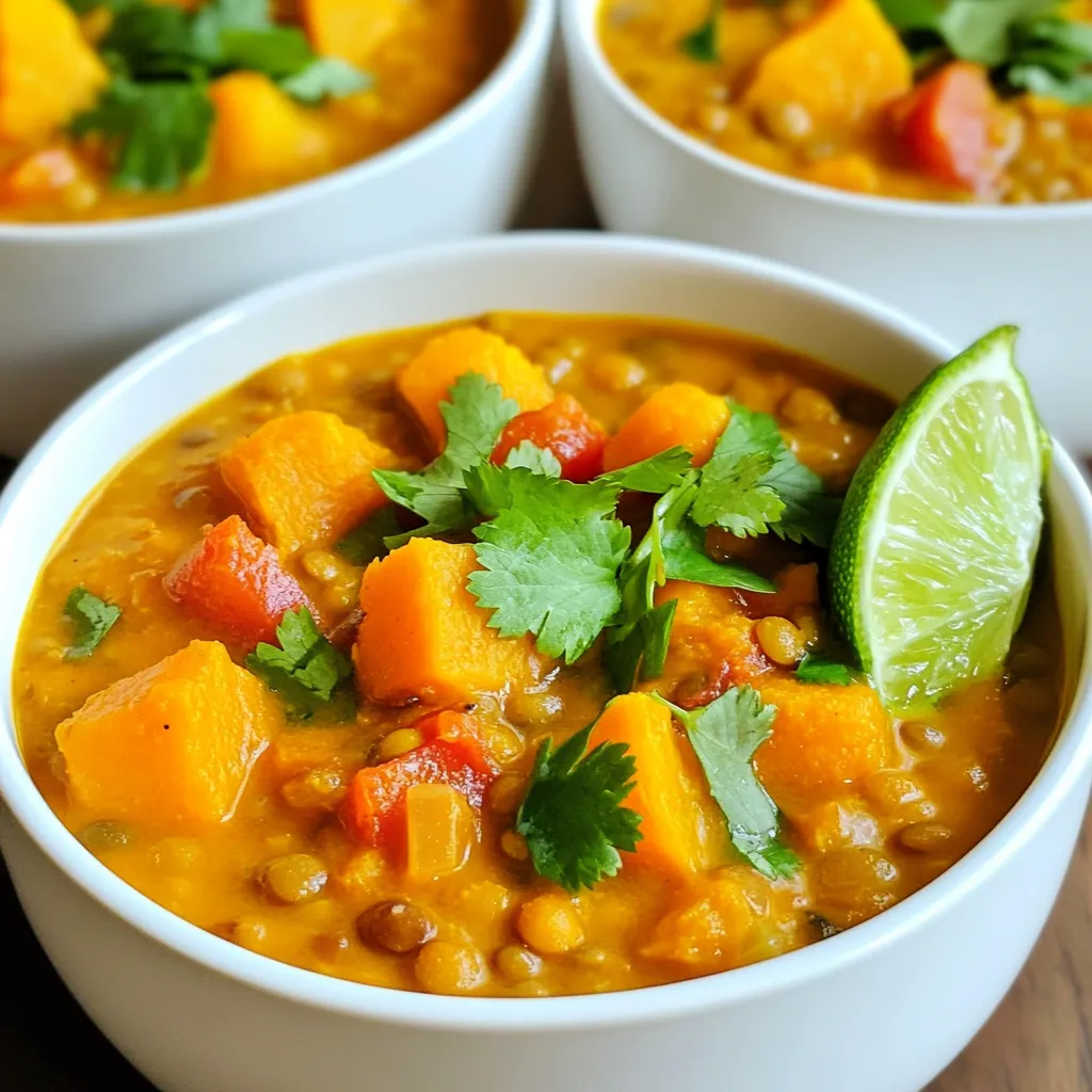 To create a rich and tasty Slow Cooker Butternut Squash Lentil Curry, gather these ingredients: - Medium butternut squash, diced - Green or brown lentils, rinsed - Coconut milk - Diced tomatoes - Chopped onion - Minced garlic - Fresh ginger - Red curry paste - Ground spices (cumin, coriander, turmeric) - Seasonings (salt, black pepper) - Vegetable broth - Garnishes (fresh cilantro, rice or quinoa) Each item plays a key role in building flavor. The butternut squash brings sweetness and creaminess. Lentils add protein and heartiness. Coconut milk creates a smooth texture, while diced tomatoes add acidity. Onion, garlic, and ginger give depth and warmth. The red curry paste and spices bring a delightful kick. You can mix and match the lentils or use different squash types. The choice of rice or quinoa as a base adds texture and nutrients. Don't forget the fresh cilantro for a bright finish! - Combine butternut squash, lentils, onion, garlic, and ginger. - Mix thoroughly for even distribution. First, you need to prep the base. Peel and cut the butternut squash into small cubes. This helps it cook evenly. Rinse the lentils to remove any dust. Chop the onion finely and mince the garlic. Grate the ginger to add a fresh kick. Toss all these ingredients into your slow cooker. Stir them well to mix everything together. - Stir in red curry paste and ground spices. - Pour coconut milk, diced tomatoes, and vegetable broth. Now it’s time to add flavor. Take the red curry paste and mix it in with the other ingredients. This paste brings a nice heat and depth. Sprinkle in the ground cumin, ground coriander, turmeric, salt, and black pepper. Give it another good stir. Next, pour in the creamy coconut milk and the diced tomatoes. Add the vegetable broth last. This liquid will help cook everything. Mix it all well so every bite is full of flavor. - Instructions for low setting (6-8 hours). - Instructions for high setting (3-4 hours). Cover your slow cooker with the lid. For a rich taste, set it to low for 6 to 8 hours. If you're short on time, the high setting works too, cooking in 3 to 4 hours. You know it’s ready when the lentils and squash are soft enough to pierce with a fork. After cooking, stir the curry again to blend the flavors. Adjust any seasonings if needed. Enjoy the warm, hearty meal with rice or quinoa, topped with fresh cilantro. - Adjusting seasoning before serving: After slow cooking, taste your curry. You might want to add more salt or spices. This small step brightens the dish and makes the flavors pop. - Mashing butternut squash for creaminess: To make your curry creamy, mash some of the squash. Use a fork to gently press it against the slow cooker’s sides. This adds a nice texture and richness to your dish. - Serving suggestions with rice or quinoa: Serve your curry over warm rice or quinoa. This adds a nice base and makes the meal more filling. - Using fresh cilantro and lime for garnish: Top your curry with fresh cilantro. A squeeze of lime adds a burst of flavor. This simple touch makes every bite more refreshing and appealing. {{image_4}} You can switch lentils for other legumes. Try chickpeas or black beans for a fun twist. Each legume gives a unique taste and texture. You can also use different types of squash. Acorn squash or pumpkin works well too. Each will add its own flavor to the curry. Want your curry milder? Use less red curry paste or add more coconut milk. You can also add a bit of sugar to balance the spice. For a spicier kick, add more red curry paste. Fresh chilies or cayenne pepper can also heat things up. Adjust the spices slowly to find your best flavor. This curry is vegan by nature. All ingredients are plant-based, making it a great choice. If you want gluten-free, check your broth and curry paste. Most brands are safe, but it’s best to confirm. Enjoy a delicious meal that fits your dietary needs! To keep your Slow Cooker Butternut Squash Lentil Curry fresh, follow these tips: - Refrigeration: Let the curry cool to room temperature. Transfer it into an airtight container. Store it in the fridge for up to 5 days. - Freezing: For longer storage, portion the curry into freezer-safe containers. It will last for about 3 months in the freezer. Thaw it overnight in the fridge before reheating. When you're ready to enjoy your curry again, here’s how to reheat it: - Stovetop method: Pour the curry into a pot. Heat it over medium heat. Stir often until it reaches your desired temperature. - Microwave method: Place the curry in a microwave-safe bowl. Cover it loosely. Heat on high for 2-3 minutes, stirring halfway through. Ensure it’s hot all the way through before serving. These methods will help keep the flavors intact and make your meal quick and easy! Yes, you can make this curry ahead of time. It tastes even better the next day. Just follow the recipe and store it in the fridge. Reheat it before serving. This curry pairs well with cooked rice or quinoa. You can also serve it with naan bread for a nice touch. A fresh salad or some roasted veggies add great color and crunch. You can use canned lentils, but it’s best to add them near the end. Canned lentils are already cooked. If you add them too soon, they may turn mushy. Store leftovers in an airtight container in the fridge. They will last for about three to four days. For longer storage, freeze the curry in a freezer-safe container. Yes, this recipe is great for meal prep. You can make a big batch and portion it out. Just reheat your portions when you are ready to eat. This saves time and makes meals easy. This Slow Cooker Butternut Squash Lentil Curry combines simple ingredients for big taste. We diced squash, added lentils, and mixed in spices. You can adjust flavors and serve it with rice or quinoa. Remember, you can change the ingredients to fit your taste. Store any leftovers in the fridge or freeze them for later. Enjoy experimenting with this easy and healthy recipe!