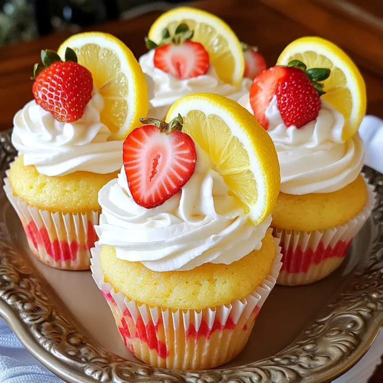 To create Strawberry Lemonade Cupcakes, gather these key ingredients. Each one plays an important role in making these treats taste great. - 1 ½ cups all-purpose flour - 1 teaspoon baking powder - ½ teaspoon baking soda - ¼ teaspoon salt - ½ cup unsalted butter, softened to room temperature - 1 cup granulated sugar - 2 large eggs, at room temperature - 2 teaspoons lemon zest (from about 1 medium lemon) - 2 tablespoons freshly squeezed lemon juice - ½ cup buttermilk, at room temperature - 1 cup fresh strawberries, hulled and diced - 1 teaspoon pure vanilla extract Using fresh ingredients makes a big difference in taste. Strawberries add sweetness, while lemon zest and juice bring a zesty kick. Buttermilk keeps the cupcakes moist and fluffy. Don’t skip the vanilla extract; it adds a warm, rich note to the flavor. When you measure your ingredients, be precise. This ensures your cupcakes rise perfectly and taste just right. Each ingredient works together to create the best summer treat. Enjoy the process, and get ready to share delicious cupcakes with friends and family! - Preheat the oven to 350°F (175°C). - Line a muffin tin with cupcake liners. - In a bowl, whisk together: - 1 ½ cups all-purpose flour - 1 teaspoon baking powder - ½ teaspoon baking soda - ¼ teaspoon salt - In a large bowl, cream together: - ½ cup unsalted butter, softened - 1 cup granulated sugar - Use an electric mixer for 3-4 minutes. - Add 2 large eggs, one at a time. - Mix in: - 2 teaspoons lemon zest - 2 tablespoons lemon juice - 1 teaspoon vanilla extract - Gradually mix in the dry ingredients with: - ½ cup buttermilk - Alternate adding dry and wet ingredients. - Mix gently until just combined. - Fold in 1 cup diced strawberries. - Fill liners two-thirds full with batter. - Bake for 18-22 minutes. - Check with a toothpick; it should come out clean. - Let cupcakes cool in the tin for 5 minutes. - Move them to a wire rack to cool completely. - Optional topping: whip 1 cup heavy cream until soft peaks form. - Add 2 tablespoons powdered sugar and a splash of lemon juice. - Fold in finely diced strawberries for topping. - Decorate cupcakes with a slice of lemon and a fresh strawberry. To get the best strawberry lemonade cupcakes, avoid overmixing the batter. Mix just until the dry and wet ingredients blend. Overmixing makes the cupcakes dense, not fluffy. Check for doneness by inserting a toothpick into the center of a cupcake. If it comes out clean, they are ready! If not, bake a few more minutes. Keep an eye on them to prevent burning. For a fruity whipped topping, whip heavy cream until soft peaks form. Gradually mix in powdered sugar and a splash of lemon juice. Continue until you see stiff peaks. Fold in small diced strawberries for extra flavor. When serving, arrange the frosted cupcakes on a pretty platter. Garnish each with a thin lemon slice and a fresh strawberry. This makes them look as delightful as they taste! {{image_4}} You can easily switch up the fruit in your cupcakes. For a fun twist, try using blueberries, raspberries, or even blackberries. Each berry adds its own unique flavor and color. If you want a zesty kick, add oranges or limes. These fruits blend well with lemon and create a refreshing taste. Mixing different fruits can bring new life to your cupcakes. You can modify the recipe to fit different diets. If you need a gluten-free option, use a gluten-free flour blend. Make sure it has a good balance of starch and protein. For those following a vegan diet, substitute the eggs with flaxseed meal or applesauce. You can also replace the butter with coconut oil or a vegan butter substitute. These changes keep the cupcakes delicious while fitting your dietary needs. To keep your Strawberry Lemonade Cupcakes fresh, store them in an airtight container. This helps to lock in moisture and flavor. Place a piece of wax paper between layers if stacking. For longer storage, you can freeze the cupcakes. First, let them cool completely. Then, wrap each cupcake tightly in plastic wrap. Finally, place them in a freezer bag. This method keeps them tasty for up to three months. To keep your cupcakes moist, avoid leaving them uncovered. Air can dry them out quickly. If you store them at room temperature, they last about three days. In the fridge, they can stay fresh for up to a week. Just remember, cold temperatures can change the texture. So, let them warm up a bit before serving for the best taste. To make Strawberry Lemonade Cupcakes, follow these simple steps: 1. Preheat your oven to 350°F (175°C) and line a muffin tin with cupcake liners. 2. In one bowl, whisk together flour, baking powder, baking soda, and salt. 3. In another bowl, cream softened butter and sugar until light and fluffy. 4. Add eggs one at a time, mixing well. Then add lemon zest, lemon juice, and vanilla. 5. Gradually mix dry ingredients into the wet batter, alternating with buttermilk. 6. Gently fold in diced strawberries. 7. Spoon the batter into the liners, filling each about two-thirds full. 8. Bake for 18-22 minutes until a toothpick comes out clean. 9. Cool cupcakes before frosting them with a fruity whipped cream topping. Yes, you can use frozen strawberries. They work well in this recipe. Just thaw them first. Drain any excess liquid to avoid soggy cupcakes. Fresh strawberries taste better, but frozen ones are great if fresh is not available. Strawberry Lemonade Cupcakes last about 3-4 days at room temperature. Store them in an airtight container. If you want them to last longer, keep them in the fridge for up to a week. You can also freeze them for up to three months. Just wrap each cupcake tightly in plastic wrap. These Strawberry Lemonade Cupcakes are a treat that anyone can make. We covered the ingredients, preparation, and baking steps needed to create them. With tips on ensuring the perfect outcome, you can feel confident in your baking skills. Remember that you can swap fruits or adjust for dietary needs. Finally, store your cupcakes the right way to keep them fresh. Enjoy your baking adventure and share these delicious cupcakes with friends and family!