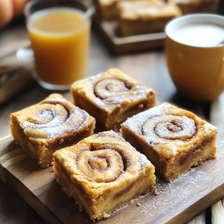 - 1 cup unsalted butter, melted - 1 1/2 cups packed brown sugar - 2 large eggs, at room temperature - 1 teaspoon pure vanilla extract - 1 cup all-purpose flour - 1 teaspoon baking powder - 1/2 teaspoon baking soda - 1/2 teaspoon salt - 1 tablespoon pumpkin spice mix - 1/2 cup canned pumpkin puree (not pumpkin pie filling) - 1/4 cup chopped pecans (optional) - For the Swirl: - 1/4 cup brown sugar - 1 tablespoon ground cinnamon - 2 tablespoons melted butter Measuring ingredients correctly is key. Use a dry measuring cup for flour and sugar. For the butter, melt it in a microwave or on the stove. Make sure the eggs are at room temperature; this helps them blend better. Prepare the baking pan by greasing it or lining it with parchment paper. This makes it easy to lift out the blondies once baked. Preheat your oven to 350°F (175°C) before you start mixing. You can customize these blondies to fit your taste. Here are a few ideas: - Swap pecans for walnuts or almonds. - Add chocolate chips for a sweet twist. - Use maple syrup instead of brown sugar for a different flavor. - Try adding dried cranberries for a fruity touch. These options can make your Pumpkin Spice Cinnamon Roll Blondies unique and fun! Start by heating your oven to 350°F (175°C). This step is key to getting soft, chewy blondies. Next, grab a 9x13-inch baking pan. Grease it with baking spray or line it with parchment paper. This helps when it's time to lift out the blondies. In a large mixing bowl, combine 1 cup of melted butter and 1 1/2 cups of packed brown sugar. Use a whisk to mix until smooth. Add 2 large eggs one at a time, whisking well after each. Then stir in 1 teaspoon of pure vanilla extract. In a small bowl, mix 1/4 cup of brown sugar, 1 tablespoon of ground cinnamon, and 2 tablespoons of melted butter. Stir until you get a thick paste. This will give your blondies that cinnamon roll flavor. Pour half of the blondie batter into the greased pan. Spread it out evenly. Dot the batter with spoonfuls of the swirl mixture. Use a knife or toothpick to swirl it into the batter. Then, pour the rest of the blondie batter on top and smooth it out. Bake in the oven for 25-30 minutes. Check if they are done by inserting a toothpick in the center; it should come out clean or with some moist crumbs. Let the blondies cool in the pan for 10-15 minutes. After that, transfer them to a wire rack to cool completely. Once cool, cut them into squares for serving. Enjoy these sweet treats! - Use room temperature eggs. This helps the batter mix smoothly. - Don’t overmix the batter. Mix until just combined for a soft texture. - Check the oven temperature. An oven thermometer ensures your blondies bake evenly. - Grease the pan well. Use baking spray or parchment paper for easy removal. - Using pumpkin pie filling. Always use pure pumpkin puree for the right texture. - Skipping the swirl. The cinnamon swirl adds great flavor and visual appeal. - Not cooling before cutting. Let them cool to set properly for clean cuts. - Overbaking. Check for doneness a few minutes early to keep them chewy. - Serve on a wooden board. It adds a rustic charm to your blondies. - Dust with powdered sugar. This gives a lovely finish and extra sweetness. - Drizzle cream cheese glaze. It enhances the flavor and looks tempting. - Pair with apple cider. A warm drink complements the cozy fall flavors beautifully. {{image_4}} You can change the nuts in your blondies. Try walnuts or almonds for a twist. Chopped dark chocolate or white chocolate chips also work well. These additions give your blondies a new look and taste. Just fold them in when adding the pumpkin. You can switch things up by changing the spices. In winter, add ginger or nutmeg for warmth. In spring, lemon zest can brighten the flavor. Experimenting keeps your blondies fresh and fun. Adjusting flavors gives you new treats for every season. Making these blondies gluten-free is easy. Use a gluten-free flour blend instead of all-purpose flour. For vegan options, swap eggs for flax eggs. Mix one tablespoon of flaxseed meal with three tablespoons of water. Let it sit for five minutes to thicken. These changes make your blondies suitable for everyone. Enjoy guilt-free treats that everyone can savor! Store your blondies in an airtight container. They will stay fresh for about four days at room temperature. If you want them to last longer, keep them in the fridge. Just remember to let them cool completely before storing. You can freeze these blondies for up to three months. First, cut them into squares. Wrap each piece tightly in plastic wrap. Then, place them in a freezer bag or airtight container. Label the bag with the date to keep track of freshness. When you're ready to enjoy your blondies again, preheat your oven to 350°F (175°C). Place the blondies on a baking sheet. Heat them for about 10 minutes. This will help restore their soft and chewy texture. You can also microwave them for about 15-20 seconds if you’re in a hurry. Enjoy the warm, cozy flavors! Yes, you can use fresh pumpkin. Just make sure to cook and puree it first. Fresh pumpkin has a different texture and taste. It might add a bit more moisture, so adjust your other ingredients if needed. I recommend using a food processor for a smooth finish. This will keep your blondies soft and tasty. To check if the blondies are done, insert a toothpick in the center. If it comes out clean or with a few moist crumbs, they are ready. The edges will be lightly golden, and the center will look set. Be careful not to overbake them; this keeps them chewy and moist. These blondies taste amazing on their own, but you can serve them with extras for fun. Here are some ideas: - A drizzle of cream cheese glaze for added sweetness. - A sprinkle of powdered sugar for a pretty touch. - A scoop of vanilla ice cream for a warm and cold treat. - A warm cup of apple cider or chai tea to match those cozy flavors. These options will make your blondies an even bigger hit! In this blog post, we explored how to make Pumpkin Spice Cinnamon Roll Blondies. We covered essential ingredients and tips for perfect baking. I shared step-by-step instructions so you can create these tasty treats. You learned about fun variations, plus how to store and reheat them. Baking can be simple and rewarding. With the right steps and tips, you will impress your friends and family. Enjoy your baking adventure!