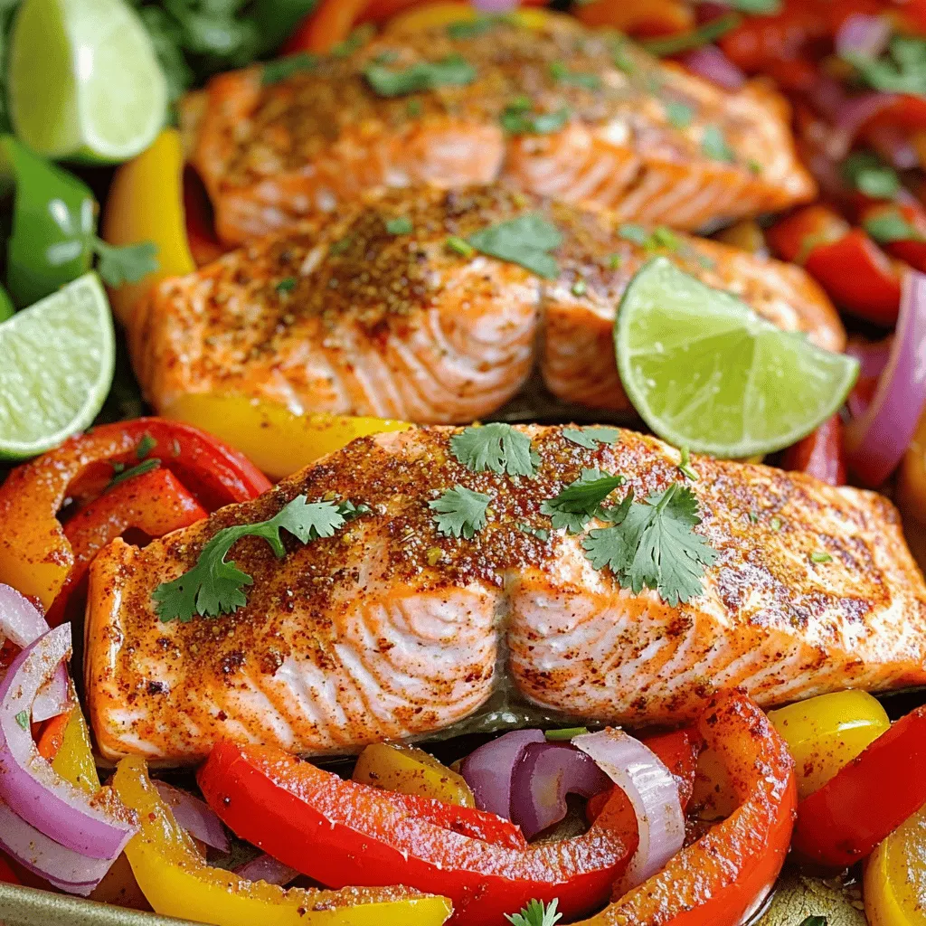 - 4 salmon fillets (approximately 6 oz each) - 1 red bell pepper, sliced - 1 yellow bell pepper, sliced - 1 medium red onion, sliced - 2 tablespoons extra-virgin olive oil - 2 teaspoons chili powder - 1 teaspoon ground cumin - 1 teaspoon garlic powder - 1 teaspoon smoked paprika - Sea salt and freshly ground black pepper to taste The main ingredients for this dish shine with vibrant colors and bold flavors. Salmon fillets form the star of the meal, while bell peppers and onions add crunch and sweetness. The marinade brings everything together with a mix of spices that create a fajita flair. - Fresh cilantro - Lime wedges Adding fresh cilantro on top gives a nice touch. It adds brightness and freshness. Lime wedges are also a great option. Squeezing lime juice over the dish enhances the flavor even more. These garnishes make the meal more appealing and tasty. First, preheat your oven to 400°F (200°C). This step is key for perfect cooking. Next, line a large sheet pan with parchment paper. This helps with easy cleanup and stops food from sticking. In a small bowl, mix 2 tablespoons of olive oil with spices. Use 2 teaspoons of chili powder, 1 teaspoon of ground cumin, 1 teaspoon of garlic powder, and 1 teaspoon of smoked paprika. Add a pinch of sea salt and black pepper. Whisk until it looks smooth and well combined. Now, place the 4 salmon fillets on one side of the sheet pan. Use a brush or spoon to spread half of the marinade over the salmon. Make sure each piece gets covered well. In another bowl, mix the sliced red and yellow bell peppers with the red onion. Drizzle the rest of the marinade over the veggies. Stir gently so they are all coated. Spread the marinated veggies on the other side of the pan. Keep some space around each salmon fillet for even cooking. Put the sheet pan in the oven. Bake for 12 to 15 minutes. The salmon should turn opaque and flake easily. The veggies will get tender and a bit caramelized. Once done, take the pan out and let it rest for a couple of minutes. This helps the flavors settle. Bake your salmon at 400°F (200°C). This temperature cooks the fish evenly. You want the salmon to be opaque and flaky. It usually takes 12 to 15 minutes. If your salmon is thick, it may need a bit more time. A food thermometer can help. Aim for an internal temperature of 145°F (63°C). Use red and yellow bell peppers and red onions. These veggies add color and flavor. Cut them into even pieces. This helps them cook at the same rate. Spread them on the pan with space around the salmon. This ensures they roast well and get nice and tender. Add more spice for a kick. Try cayenne pepper or paprika. You can also use lime zest for a fresh taste. If you want a sweeter touch, add a bit of honey. Fresh herbs like oregano or thyme can boost flavor too. Don’t be afraid to experiment! {{image_4}} You can switch salmon for other proteins. Try using chicken breasts or shrimp. Both cook well on a sheet pan. Chicken will need a longer cook time, about 20-25 minutes. Shrimp cooks faster, usually around 8-10 minutes. This way, you can enjoy the same tasty flavors with different proteins. If you need gluten-free or low-carb options, this recipe works great. The main ingredients, like salmon and veggies, are naturally gluten-free. You can also skip the lime and cilantro if you prefer. For low-carb, add more non-starchy veggies, such as zucchini or asparagus. This keeps your meal light and healthy. Changing spices can create new flavors. If you want a spicier kick, add cayenne pepper to the marinade. For a milder taste, use paprika only. You can also try herbs like oregano or thyme for a fresh twist. Experiment with your favorite spices for a unique dish every time! Store your leftover fajita salmon in an airtight container. Make sure the salmon and veggies cool down first. Place them in the fridge within two hours of cooking. This keeps your meal fresh for up to three days. Always label your containers with the date to track freshness. To reheat, use the oven for best results. Preheat it to 300°F (150°C). Place the salmon and veggies on a baking sheet. Cover them with foil to keep moisture in. Heat for about 10-15 minutes, or until warm. You can also use the microwave. Just heat for 30 seconds at a time. Check often to avoid drying out your meal. You can freeze portions of fajita salmon for later. First, let it cool completely. Wrap individual servings tightly in plastic wrap. Then place them in a freezer-safe bag or container. Label each bag with the date. It can last up to three months in the freezer. To thaw, move it to the fridge overnight before reheating. Bake salmon fillets for 12-15 minutes at 400°F (200°C). The exact time may vary based on thickness. Check the salmon at the 12-minute mark. You want it to be opaque and flaky. Yes, you can use frozen salmon. Just make sure to thaw it first. Place the salmon in the fridge overnight. If you need it fast, seal it in a bag and submerge it in cold water for 30 minutes. This helps keep the salmon moist. Serve with rice or quinoa for a hearty meal. Tacos are also great for a fun twist. Add a side of black beans or a fresh salad for extra flavor. You could even pair it with tortilla chips and salsa. Look for the salmon to change color to a light pink. It should flake easily when you use a fork. Use a meat thermometer to check if it reaches 145°F (63°C). If it meets these signs, it’s ready to serve! This blog post covered how to make sheet pan fajita salmon. We looked at the main ingredients like salmon, bell peppers, and marinade. You learned step-by-step instructions and tips for perfecting the dish. We also explored variations and storage info. In final thoughts, cooking can be fun and easy. Experiment with flavors you love. Enjoy your meals and share them with others!