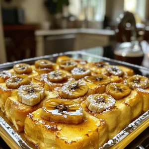 - 6 slices of stale brioche or challah bread, cut into 1-inch cubes - 3 ripe bananas, sliced into rounds - 4 large eggs - 1 cup whole milk - 1/2 cup heavy cream - 1/4 cup pure maple syrup - 1 teaspoon vanilla extract - 1 teaspoon ground cinnamon - 1/4 teaspoon ground nutmeg - Pinch of salt - 2 tablespoons unsalted butter for greasing - Powdered sugar for dusting 1. First, preheat your oven to 350°F (175°C). This gets the oven ready for baking. 2. Next, lightly grease a 9x13-inch baking dish with butter. This helps keep the bake from sticking. 3. Now, cut the stale brioche or challah bread into 1-inch cubes. Place them evenly in the baking dish. 4. Slice the ripe bananas into rounds. Set them aside for later. 1. In a medium skillet, melt 2 tablespoons of unsalted butter over medium heat. 2. When the butter is melted, add the banana slices to the skillet. 3. Cook the bananas gently for about 3-4 minutes. Stir them occasionally. 4. Look for the bananas to turn golden brown. This means they are caramelizing. 5. Once they are caramelized, take them off the heat and let them cool slightly. 1. In a large bowl, add the eggs, milk, heavy cream, maple syrup, vanilla extract, cinnamon, nutmeg, and a pinch of salt. 2. Whisk the mixture until it is smooth. This is your custard base. 3. Carefully pour the custard over the bread cubes in the baking dish. 4. Gently press down on the bread. Make sure it soaks up the custard. 5. Spoon the caramelized bananas evenly over the top of the bread mixture. 6. Cover the baking dish with aluminum foil. Place it in the preheated oven. 7. Bake for 25 minutes. After that, remove the foil and bake for another 15-20 minutes. 8. Check that the top is golden brown and the custard is set in the center. 9. Once baked, let the dish cool for 5-10 minutes before serving. Dust with powdered sugar if you like. Using stale bread is key to this dish. Stale bread soaks up the custard better. Fresh bread gets too mushy. So, let your brioche or challah sit out overnight. It will be perfect for baking. To achieve great caramelization, heat your skillet to medium. Melt two tablespoons of butter before adding the banana slices. Cook them gently for about 3-4 minutes. Stir them often until they turn golden brown. This step makes sure they caramelize evenly and get that sweet flavor. Garnish your French toast bake with extra banana slices. Drizzle maple syrup on top for a sweet touch. You can also sprinkle some cinnamon to boost the flavor. For an even richer experience, add whipped cream. A dollop of whipped cream makes it feel extra special. This turn your dish into a true treat! You can adjust the sweetness to fit your taste. Use more or less maple syrup as you like. If you want some crunch, add nuts like walnuts or pecans. You can also throw in other fruits. Berries or apples can add a fun twist. Get creative and make it your own! {{image_4}} You can change the bread for this recipe. Sourdough or whole wheat works well. These breads add a unique taste and texture. If you need gluten-free options, look for gluten-free bread. Many brands offer tasty substitutes that will still soak up the custard perfectly. Want to mix it up? Add chocolate chips for a sweet twist. The chocolate melts into the bake and creates a lovely flavor. You can also try spices like cardamom or vanilla bean. These spices add warmth and depth to each bite. Experiment to find your favorite blend. Feel free to use different fruits in your bake. Berries like strawberries or blueberries add a nice touch. Apples also work well when sliced thin. You can even layer in more caramelized toppings. This makes every slice a delightful surprise. Enjoy creating your own version! To store leftovers, let the dish cool first. This prevents moisture buildup. Use a glass or plastic container with a tight lid. This keeps the flavors fresh. You can enjoy it for up to three days in the fridge. When you reheat, use an oven for the best results. Preheat the oven to 350°F (175°C). Place pieces on a baking sheet. Cover them with foil to keep them moist. Bake for about 15 minutes. You can also microwave it, but the oven keeps the texture better. Serve with extra maple syrup or powdered sugar for a sweet touch. To freeze the bake, let it cool completely. Cut it into portions and wrap each in plastic wrap. Place them in a freezer-safe bag. This way, you can enjoy it later. For thawing, move it to the fridge overnight. Reheat in the oven as mentioned before. This keeps the bake tasty and warm. Yes, you can prepare this dish the night before. To do this, follow these steps: - Assemble the bake as directed. - Cover the baking dish with plastic wrap. - Place it in the fridge overnight. The next morning, remove the wrap. Let it sit for about 30 minutes. Then, bake it as usual. This method allows the bread to soak up the custard fully, giving you a rich flavor. If you need a lighter option, you can use whole milk instead. Here are some other good choices: - Almond milk - Cashew cream - Coconut cream These swaps keep the dish creamy while being lower in fat. Just make sure your substitute has a similar texture for the best results. This bake stays fresh for up to three days when stored properly. Here’s how to keep it tasty: - Allow it to cool completely before storing. - Use an airtight container for the fridge. When reheating, warm it in the oven for best texture. Enjoy it warm! This recipe for caramelized banana French toast bake features simple yet delicious ingredients. You learned about the key elements, like stale brioche, ripe bananas, and warm spices, which make the dish special. I also shared tips for perfect texture, custom variations, and smart storage methods. Unleashing your creativity in the kitchen is important. Customize it for your tastes and enjoy the sweet rewards. Now, get ready to savor your creation!