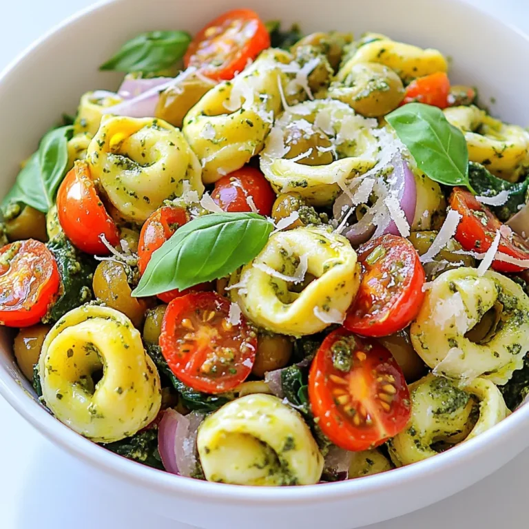 - 12 oz cheese tortellini - 1 cup cherry tomatoes, halved - 1 cup fresh spinach, roughly chopped - 1/2 cup olives, sliced (green or black) - 1/4 cup red onion, finely chopped - 1/2 cup pesto sauce (store-bought or homemade) - 1/4 cup freshly grated Parmesan cheese - 2 tablespoons extra virgin olive oil - Sea salt and freshly cracked black pepper to taste - Fresh basil leaves for garnish To make a tasty pesto tortellini pasta salad, gather the ingredients above. You want to use cheese tortellini for a creamy base. Fresh vegetables bring life and color to the dish. Cherry tomatoes add sweetness, while spinach gives a fresh crunch. Olives add a nice salty bite, and red onion gives a bit of zing. You can use store-bought or homemade pesto sauce. I like to make my own when I have time. It tastes fresh and bright. The Parmesan cheese adds a rich flavor as a topping. Use good quality olive oil for the best taste. Always season with sea salt and black pepper. It enhances all the flavors in the salad. Garnishing with fresh basil leaves brings a lovely aroma and a pop of color. This salad is not just pretty; it is packed with flavor and nutrition. Enjoy the mix of textures and tastes in each bite! {{ingredient_image_2}} First, grab a large pot. Fill it with water and add a pinch of salt. Place the pot on the stove over high heat. Wait for the water to come to a rolling boil. Once it boils, add the cheese tortellini. Cook them for about 3 to 5 minutes. You want them al dente, which means they should be tender but still firm. After cooking, drain the tortellini. Rinse them under cold water to stop the cooking. This helps keep them from getting mushy. Next, take a big mixing bowl. Add the cooled tortellini to it. Then, mix in the halved cherry tomatoes, chopped spinach, sliced olives, and finely chopped red onion. Make sure to combine everything well. This way, each bite is packed with flavor. Now, you’ll want to make the dressing. In a smaller bowl, add the pesto sauce. Pour in the extra virgin olive oil. Whisk them together until smooth. This creates a creamy dressing that will coat the pasta salad nicely. Pour the pesto mixture over the tortellini and veggies. Use a spatula or wooden spoon to toss everything together gently. Ensure that all the ingredients get coated in the vibrant pesto. Then, sprinkle sea salt and freshly cracked black pepper to taste. You can adjust these seasonings as you like. Finally, add the freshly grated Parmesan cheese on top for a rich flavor. Let the salad sit for about 15 to 20 minutes at room temperature. This resting time helps all the flavors meld together. Just before serving, garnish the salad with fresh basil leaves. This adds a nice pop of color and fresh aroma. Enjoy your savory and fresh pesto tortellini pasta salad! When making pesto tortellini pasta salad, you have options. You can use fresh or frozen tortellini. Fresh tortellini cooks quickly and has a soft texture. Frozen tortellini is easy to keep on hand and lasts longer. Both choices work well. Think about the flavors too. Cheese tortellini pairs marvelously with pesto. It adds a rich, creamy taste. You might also try spinach or mushroom-filled tortellini for a twist. If you have leftovers, store them well. Use an airtight container to keep your pasta salad fresh. It can last in the fridge for up to three days. When you’re ready to eat, you can eat it cold. If you prefer warm pasta, gently reheat it in a pan. Add a splash of olive oil to keep it moist. Boost the taste with spices and extras. A pinch of red pepper flakes adds heat. Garlic powder or Italian seasoning can enhance the flavors too. Pair your salad with grilled chicken or shrimp for protein. You can also serve it with crusty bread or a light soup. These options create a balanced meal and make it even more enjoyable. Pro Tips Use Fresh Ingredients: Opt for fresh vegetables and high-quality pesto to elevate the flavor of your pasta salad. Fresh produce enhances the overall taste and nutrition. Chill Before Serving: For the best flavor, refrigerate the pasta salad for at least 30 minutes before serving. This allows the ingredients to marinate and the flavors to meld beautifully. Customize Your Add-ins: Feel free to customize the salad by adding ingredients like roasted red peppers, artichokes, or even grilled chicken for added protein and variety. Perfect Pasta Cooking: Be careful not to overcook the tortellini. They should be al dente, as they will continue to absorb flavors and moisture from the salad as it sits. {{image_4}} If you need a gluten-free meal, try using gluten-free tortellini. Many brands offer great options that taste just as good. You can also swap out traditional pesto. For a nut-free choice, use sun-dried tomato spread or basil puree. These options keep your salad fresh and exciting. Want to make your salad heartier? You can add protein easily. Grilled chicken or shrimp works well. For a plant-based option, consider chickpeas or tofu. These choices boost protein and flavor. You can even use lentils for a unique twist. Adjust your salad based on the season. In spring, add asparagus or peas for freshness. Summer brings ripe tomatoes and zucchini. In fall, consider roasted butternut squash. Using local produce makes each salad unique and supports your community. Enjoy the colors and tastes of each season! To keep your pesto tortellini pasta salad fresh, use a tight-sealing container. Glass or plastic containers work well. This helps keep air out and the salad fresh. Store it in the refrigerator. It will stay good for about 3 to 5 days. If you want to save some salad for later, freezing is a great option. First, place the salad in a freezer-safe container. Make sure to leave some space at the top for expansion. You can freeze it for up to 2 months. To enjoy it later, thaw it in the fridge overnight. Avoid using a microwave, as it can change the texture. Yes, you can use homemade pesto. Making your own pesto gives you control over taste. You can adjust the flavors to suit your preference. Here are some benefits and tips for making pesto: - Fresh ingredients: Use fresh basil, garlic, and nuts. - Nut choices: Pine nuts are classic, but walnuts or almonds work too. - Cheese: Use Parmesan or Pecorino for a rich flavor. - Oil: Extra virgin olive oil gives a nice taste. Making pesto at home is easy and fun. It adds a personal touch to your dish. The salad can last up to three days in the fridge. It’s best to store it in an airtight container. However, the quality may change. The vegetables can become soft, and flavors might blend too much. To keep it fresh: - Check for freshness: Look for any signs of spoilage. - Taste test: If it tastes off, it’s best to discard it. Enjoy it within the first two days for the best taste! Yes, you can make the salad ahead of time. It’s great for meal prep or gatherings. Here are some tips: - Chill time: Let it sit for 15-20 minutes at room temp to meld flavors. - Add ingredients later: Keep the cheese and basil separate until just before serving. - Store properly: Use an airtight container for storage. This way, you can enjoy a fresh, tasty salad even on busy days! You can serve many dishes alongside this salad. Here are a few ideas: - Grilled chicken: It pairs well with the flavors of the salad. - Garlic bread: A crunchy side that complements the meal. - Roasted vegetables: They add color and nutrients. - Caprese salad: Freshness from tomatoes and mozzarella balances the pasta. These sides will create a delicious and colorful meal! In this article, I shared a simple way to make a tasty pesto tortellini salad. We covered the key ingredients, step-by-step cooking, and how to enhance flavors. Remember to play with different ingredients and store leftovers well to keep them fresh. You can adjust for seasons or add proteins to fit your taste. This dish is versatile and easy to personalize. Have fun creating your own version!