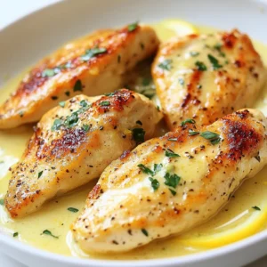 To create a delicious creamy lemon garlic chicken, gather these simple ingredients: - 4 boneless, skinless chicken breasts - 1 tablespoon extra virgin olive oil - 4 cloves garlic, finely minced - 1 cup heavy cream, chilled - 1 cup low-sodium chicken broth - 2 tablespoons fresh lemon juice (from about 1 lemon) - Zest of 1 medium lemon - 1 teaspoon dried thyme leaves - 1 teaspoon smoked paprika - Salt and freshly cracked black pepper to taste - Fresh parsley for garnish Each ingredient plays a key role in building the rich flavors of this dish. The chicken breasts form the base, while the garlic adds depth and aroma. Heavy cream creates the creamy texture, and chicken broth gives it body. Fresh lemon juice and zest bring a bright, zesty flavor, making the dish refreshing. Thyme and smoked paprika enhance the taste profile, while salt and pepper round out the seasoning. Lastly, the parsley adds a touch of color and freshness when serving. {{ingredient_image_2}} To start, season both sides of each chicken breast. Use salt, freshly cracked black pepper, and smoked paprika. Make sure each piece is covered well. Let the chicken rest for about 5 minutes. This time helps the flavors mix and soak in. Heat a large skillet over medium-high heat. Add 1 tablespoon of extra virgin olive oil. When the oil shimmers, add the seasoned chicken breasts. Sear one side for 6-7 minutes. Look for a nice golden crust. Then, flip the chicken and cook for another 6-7 minutes. Check the internal temperature; it should reach 165°F (75°C). Once cooked, move the chicken to a plate and cover it loosely with foil. This keeps it warm while you make the sauce. Lower the heat to medium. In the same skillet, add the 4 minced garlic cloves. Sauté the garlic for about 1 minute. Be careful not to burn it, as burnt garlic can taste bitter. Slowly pour in 1 cup of low-sodium chicken broth. Use a wooden spoon to scrape any flavorful bits stuck to the bottom. Once the broth is mixed in well, add 1 cup of chilled heavy cream, 2 tablespoons of fresh lemon juice, and the zest of 1 medium lemon. Stir everything together to ensure a smooth mixture. Next, sprinkle in 1 teaspoon of dried thyme. Allow the sauce to come to a gentle simmer. Cook for about 5-7 minutes. Stir occasionally until the sauce thickens enough to coat the back of a spoon. This thickness shows you’re almost ready. Return the seared chicken breasts to the skillet. Make sure they are fully submerged in the creamy lemon garlic sauce. Let everything simmer together for another 2-3 minutes. This final simmer warms the chicken and allows the flavors to blend. Before serving, taste the sauce and adjust seasonings with more salt and pepper if needed. Garnish with fresh parsley for a pop of color and flavor. - Ingredient substitutions for varied taste: You can swap heavy cream with coconut milk for a lighter touch. Greek yogurt adds tanginess if you want a creamy sauce. - Additional herbs that pair well: Fresh basil or dill can boost the flavor. Try adding rosemary for a woodsy taste. - Alternative cooking methods: You can bake the chicken at 375°F for about 25-30 minutes. This keeps it moist while allowing the flavors to meld. - How to achieve a perfect sear: Pat the chicken dry before seasoning. This helps to get a nice golden crust. Make sure the oil is hot enough before adding the chicken. - Plating ideas for visual appeal: Serve the chicken on a bed of fluffy rice or alongside colorful roasted veggies. This adds beauty and makes the meal more filling. - Garnish options for elegance: Fresh parsley adds color. Lemon slices or zest can brighten the dish and enhance the lemon flavor. Pro Tips Perfectly Sear the Chicken: Ensure your skillet is hot enough before adding the chicken. A good sear locks in moisture and creates a beautiful golden crust. Fresh Ingredients Matter: Use fresh lemon juice and zest for the best flavor. The brightness of fresh citrus elevates the dish significantly. Thicken the Sauce: If your sauce isn’t thickening as desired, let it simmer a bit longer or mix in a cornstarch slurry for a quicker fix. Garnish for Flavor and Color: Fresh parsley not only adds a pop of color but also enhances the overall flavor profile. Don’t skip this step! {{image_4}} You can easily add greens to this dish. Spinach works great here. Just toss in about two cups of fresh spinach. Add it to the sauce in the last few minutes of cooking. This way, it wilts nicely and adds color. You might need a minute more of cooking time. Keep a close eye on the sauce so it doesn’t overcook. Want some heat? You can spice up your chicken easily. Add red pepper flakes or cayenne pepper to the seasoning mix. A teaspoon of either will do. This adds a kick without hiding the lemon flavor. Taste the sauce before serving. Adjust the spice to your liking for a balanced flavor. Using mixed herbs gives this dish a fresh twist. Try adding rosemary, basil, or oregano. A teaspoon of each should enhance the dish. Adjust the amount of thyme you use to keep the balance. This variation brings a garden-fresh taste to your creamy lemon garlic chicken. It’s perfect for herb lovers! To keep your creamy lemon garlic chicken fresh, cool it quickly. Transfer the chicken to a shallow dish. Cover it tightly with plastic wrap or a lid. Store it in the fridge for up to three days. After that, the taste may fade. When reheating, aim to keep the chicken moist. The stovetop works best for this. Heat it in a skillet over low heat. Add a splash of chicken broth or cream to help it rehydrate. Stir gently to warm evenly. Microwaving is faster but can dry it out. If you use a microwave, cover the dish and heat in short bursts. If you want to save it longer, freeze the chicken. Use an airtight container or heavy-duty freezer bag. Remove as much air as possible to prevent freezer burn. It can last up to three months in the freezer. To thaw, place it in the fridge overnight. You can also use a microwave on the defrost setting for quick thawing. You can use other dairy options like: - Whole milk - Half-and-half - Sour cream For non-dairy substitutes, try: - Coconut cream - Cashew cream - Silken tofu blended These options will change the taste and texture slightly. Adjust your seasonings to match your choice! Yes, chicken thighs work well. They have more fat and can be juicier. - Cooking time may differ by about 5 minutes. - Check for an internal temperature of 165°F (75°C). Adjust your cooking time based on thickness for best results. Use a meat thermometer to check the internal temperature. - It should reach 165°F (75°C). Look for these signs: - Juices run clear. - The meat is no longer pink inside. These tips ensure safe and delicious chicken. Yes, you can meal prep this dish. - Cook the chicken and sauce, then cool. - Store in an airtight container in the fridge for up to 3 days. For reheating: - Warm on the stovetop over low heat. - Add a splash of broth to keep it creamy. This way, you’ll enjoy a quick and tasty meal later! To sum up, we explored a delicious creamy lemon garlic chicken recipe. We covered the key ingredients, step-by-step cooking instructions, and helpful tips. Variations give you fun options while storage info ensures your dish stays fresh. You now have the tools to create and enjoy this meal. Cooking can be simple and fun with the right guidance. Enjoy making this dish and impressing your family or friends!