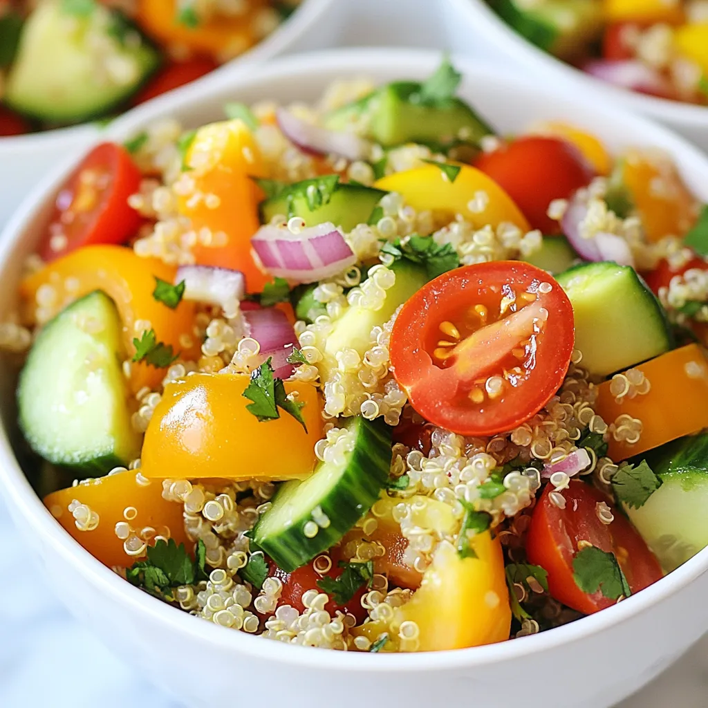 - 1 cup quinoa, thoroughly rinsed - 2 cups water or vegetable broth - 1 cup cherry tomatoes, halved - 1 cucumber, peeled and diced - 1 red or yellow bell pepper, diced - 1/4 red onion, finely chopped - 1/4 cup fresh cilantro, finely chopped - 1/4 cup honey - 3 tablespoons freshly squeezed lime juice - 2 tablespoons extra virgin olive oil - Salt and freshly ground black pepper, to taste To make this salad, start with quinoa. It is a healthy grain full of protein. Rinsing it well helps remove any bitter taste. Next, use water or vegetable broth for more flavor. Both will make the quinoa tasty. - Avocado slices Adding avocado is a great choice. It gives a creamy texture and adds healthy fats. You can also sprinkle more cilantro on top for a fresh look. The key flavors come from honey and lime juice. Honey adds sweetness, while lime gives a bright zing. Extra virgin olive oil adds richness. The mix of these flavors makes the salad refreshing and exciting. Each bite is a burst of taste! {{ingredient_image_2}} To start, rinse 1 cup of quinoa in cold water. This step removes any bitter taste. Next, combine the rinsed quinoa with 2 cups of water or vegetable broth in a medium saucepan. Bring this mixture to a boil over high heat. Once it boils, lower the heat to let it simmer gently. Cover the pan and cook for about 15 minutes until the quinoa absorbs all the liquid. After that, remove it from heat but keep it covered for 5 more minutes. This steaming helps the quinoa become fluffy. Finally, fluff it with a fork and spread it out on a plate to cool completely. While the quinoa cools, wash and prepare your veggies. Halve 1 cup of cherry tomatoes and set them aside. Peel and dice 1 cucumber and add it to a large mixing bowl. Next, take a red or yellow bell pepper, dice it, and toss it in. Finely chop 1/4 red onion and add that too. For freshness, chop 1/4 cup of fresh cilantro. All these colorful veggies will make your salad pop! In a small bowl, whisk together 1/4 cup of honey, 3 tablespoons of freshly squeezed lime juice, and 2 tablespoons of extra virgin olive oil. Mix until it’s smooth. Add salt and freshly ground black pepper to taste. This dressing adds a sweet, tangy flavor that ties everything together. You can adjust the lime or honey based on your taste. Once the quinoa is cool, add it to your large bowl with the veggies. Drizzle the honey lime dressing over the salad. Gently toss everything together, making sure all the ingredients are coated well. Taste the salad and adjust the seasoning if needed. For the best flavor, let the salad sit in the fridge for at least 30 minutes. This resting time lets all the flavors blend beautifully. When ready to serve, garnish with avocado slices for creaminess. Enjoy your refreshing and nutritious dish! When picking quinoa, look for whole grains. You want a brand that says "organic" or "non-GMO." Rinsing quinoa is key. This step removes bitter saponins. Rinse it well under cold water before cooking. This makes your salad taste much better. Use fresh lime juice for the best taste. Fresh is always better than bottled. Wildflower honey adds a nice depth of flavor. Whisk the honey with lime juice and olive oil until smooth. Adjust salt and pepper to your liking. This dressing will bring out the salad's flavors. After cooking, let quinoa sit covered for 5 minutes. This steaming makes it fluffier. Spread the quinoa on a plate to cool it down quickly. Cool quinoa helps the veggies stay crisp. Chill the salad in the fridge for at least 30 minutes. This lets all the flavors blend well. Pro Tips Use Vegetable Broth for More Flavor: Cooking quinoa in vegetable broth instead of water enhances the overall flavor of the salad, making it even more delicious. Cool the Quinoa Properly: Spreading the cooked quinoa on a plate to cool helps prevent it from becoming mushy and allows the flavors to develop as it mixes with the other ingredients. Adjust Sweetness to Your Liking: Depending on your preference for sweetness, you can modify the amount of honey in the dressing to create a balance that suits your taste. Marinate for Best Flavor: Allowing the salad to marinate in the refrigerator for at least 30 minutes helps the ingredients meld together, creating a more flavorful dish. {{image_4}} You can easily add protein to the Honey Lime Quinoa Salad. Here are some great choices: - Grilled chicken for a hearty bite. - Shrimp adds a tasty twist. - Black beans make it filling and rich in fiber. - Chickpeas offer a nice crunch and extra nutrients. Adding any of these will make your salad more satisfying and balanced. Using seasonal vegetables can change the flavor and freshness of your salad. Consider these options: - Fresh corn in summer adds sweetness. - Roasted butternut squash in fall gives warmth. - Spinach or kale adds a green pop in winter. - Fresh asparagus in spring brings a nice crunch. These veggies keep your salad exciting and colorful. This salad is perfect for various diets. To make it vegan, simply replace honey with maple syrup. It keeps the sweetness while staying plant-based. For gluten-free options, quinoa is already a safe choice. Just ensure your broth and any added ingredients are gluten-free. These small changes let everyone enjoy this delicious dish! To store leftovers, place the salad in an airtight container. Make sure the lid fits well. This keeps the salad fresh. You can refrigerate it for up to three days. If you notice any sogginess, just add a bit more fresh lime juice before serving. When prepping this salad for the week, keep the dressing separate. Mix the veggies and quinoa, but wait to add the dressing. This way, the salad stays crisp. You can assemble individual portions in jars. Layer the quinoa and veggies first, then add the dressing on top. Shake before eating. Quinoa can last for months if stored well. Keep it in a cool, dry place. Fresh vegetables like tomatoes and cucumbers stay good for about a week in the fridge. Bell peppers last a bit longer, around ten days. Always check for signs of spoilage before using. This helps ensure your salad stays fresh and tasty. Quinoa is a tiny seed that cooks like grain. It has a nutty taste and fluffy texture. Quinoa is full of protein, fiber, and essential vitamins. It makes salads hearty and filling. Adding quinoa to salads boosts nutrition without extra calories. You can enjoy it warm or cold, making it a versatile choice. Yes, you can make this salad ahead. It tastes even better after sitting in the fridge. Let the flavors blend for at least 30 minutes. For best results, prepare the salad a few hours before serving. Just keep it covered in the fridge to stay fresh. You can switch up the dressing in many ways. Try adding garlic for a stronger taste. A splash of apple cider vinegar adds tanginess. You can also use maple syrup instead of honey for a vegan option. Mixing in fresh herbs like mint or basil can add a nice twist. To make the salad more filling, add protein. You can mix in black beans or chickpeas. Grilled chicken or shrimp also works well. Nuts or seeds, like almonds or pumpkin seeds, give crunch and healthy fats. This keeps the salad tasty and satisfying. Yes, Honey Lime Quinoa Salad is very healthy. It includes fresh veggies, healthy fats, and whole grains. Quinoa offers protein and fiber, which help you feel full. The honey and lime dressing adds flavor without too much sugar. This salad is a great choice for a light meal or side dish. Honey Lime Quinoa Salad is simple and tasty. We covered the main ingredients and optional garnishes. You learned how to cook quinoa and make a great dressing. Use the tips to choose quinoa and ensure your salad tastes fresh. Try different protein options and seasonal veggies for variety. Store your leftovers well for long-lasting flavor. Remember, this salad is healthy and can be made in advance. Enjoy making this dish and sharing it with friends!