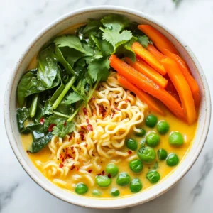 To make your Coconut Curry Ramen Bowl, gather these essential ingredients: - 2 packs of ramen noodles (discard the seasoning packets) - 1 can (13.5 oz) full-fat coconut milk - 2 cups vegetable broth - 2 tablespoons curry paste (red or yellow) - 1 tablespoon olive oil - 1 medium onion, thinly sliced - 2 cloves garlic, finely minced - 1-inch piece of fresh ginger, grated - 1 bell pepper, thinly sliced - 1 cup snap peas or green beans, trimmed - 1 large carrot, julienned - 1 cup baby spinach, rinsed and drained - 2 tablespoons soy sauce (or tamari for gluten-free) - Juice of 1 fresh lime - Fresh cilantro, chopped, for garnish - Crushed red pepper flakes (optional) These ingredients combine to create rich flavors and a warm, comforting meal. You can add these optional ingredients to boost the flavor: - Chopped green onions for freshness - Sliced chili peppers for extra heat - Toasted sesame oil for a nutty touch - Mushrooms for an earthy flavor - Peanuts for crunch and texture These ingredients allow you to customize your bowl to suit your taste. If you have dietary restrictions, here are some great substitutions: - Use gluten-free ramen or rice noodles instead of regular ramen. - Replace soy sauce with coconut aminos for a soy-free option. - For vegan options, ensure the curry paste is plant-based. - Swap vegetable broth with homemade broth for better flavor. These substitutions make it easy to enjoy this dish without compromising your diet. {{ingredient_image_2}} Start by heating olive oil in a large pot over medium heat. Add the thinly sliced onion and sauté for about 3 to 4 minutes. You want the onion to become soft and clear. Next, add minced garlic and grated ginger to the pot. Cook them together for 1 to 2 minutes. Stir well to keep them from burning. The smell will be amazing! Now, it’s time to make the curry base. Add your choice of curry paste to the onion mix. Stir it well so the onions are coated. Let it cook for about 2 minutes to deepen the flavor. Gradually pour in the can of coconut milk and the vegetable broth. Mix until the curry paste blends in completely. Bring this mixture to a gentle simmer. While your broth simmers, it’s time to add some color and crunch! Mix in the sliced bell pepper, snap peas, and julienned carrot. Allow these vegetables to cook for 5 to 7 minutes. You want them to stay bright and slightly crisp. This adds great texture and freshness to your dish. In a separate pot, bring water to a boil. Cook the ramen noodles according to the package instructions, usually about 4 to 5 minutes. Once they are done, drain them and set aside. It’s important not to overcook them, as you want the noodles to hold their shape in the bowl. Now comes the fun part—assembly! Place a portion of the cooked ramen noodles at the bottom of each bowl. Ladle the coconut curry broth and the vibrant vegetables over the noodles. Finish it off by garnishing with freshly chopped cilantro. For a spicy kick, add a pinch of crushed red pepper flakes. Enjoy your delicious bowl of comfort! To make your ramen just right, follow these tips: - Use fresh ramen noodles. They cook faster and taste better than dried ones. - Boil water in a separate pot. This keeps the noodles from getting mushy. - Cook the noodles for 4-5 minutes. Check the package for exact times. - Drain them but do not rinse. Keeping the starch helps the sauce stick. These steps will give you a chewy and satisfying ramen base. To boost flavor, try these ideas: - Use fresh herbs like cilantro and basil. They add brightness to your bowl. - Add a squeeze of lime juice for zest. This brightens the curry's richness. - Include crushed red pepper flakes for heat. Adjust the amount to your taste. - Experiment with different curry pastes. Red paste is spicier, while yellow is milder. Mixing these elements can create a unique taste that you'll love. How you serve your ramen can make it feel special: - Use large, rustic bowls. They add a cozy, homey vibe. - Layer the noodles first. Then, add the curry and veggies on top. - Top with fresh cilantro. A sprinkle adds color and freshness. - Consider using lime wedges on the side. It invites guests to add their own zest. These simple tips will make your dish look as good as it tastes. Pro Tips Choose Your Curry Paste Wisely: The flavor profile can greatly change based on the type of curry paste you choose. Red curry paste typically has a bolder flavor, while yellow curry paste is milder and sweeter. Adjust according to your preference! Don’t Overcook the Vegetables: Aim to keep your vegetables slightly crisp to enhance texture and retain nutrients. Add them at different stages of cooking if you prefer varying textures. Customize Your Protein: This bowl is versatile! Feel free to add tofu, shrimp, or chicken for added protein. Just ensure to cook it thoroughly before adding to the broth. Garnish for Extra Flavor: Fresh herbs like cilantro and a squeeze of lime juice not only add vibrant color but also enhance the flavor profile. Don’t skip this step for a delicious finish! {{image_4}} You can easily make this dish vegetarian and vegan. The main ingredient to watch is the broth. Just use vegetable broth. This makes the dish light and fresh. You can also swap the soy sauce for tamari to keep it gluten-free. Add more veggies like mushrooms or zucchini to enhance the flavor. They add texture and taste. Consider using tofu for added protein. Tofu absorbs flavors well, making it a great choice. Curry paste adds depth to coconut curry ramen. You can choose red or yellow curry paste. Red curry paste is bold and spicy. Yellow curry paste is milder and slightly sweet. Each type brings unique flavors. You can also try green curry paste for a fresh twist. Each one changes the dish, so feel free to experiment. Use the one that matches your taste best. Ramen noodles are delightful, but you can switch them out. Rice noodles offer a gluten-free option. They soak up the broth's flavor well. Udon noodles are thick and chewy. They add a different texture to the dish. Soba noodles, made from buckwheat, are another great choice. They provide a nutty flavor and are also gluten-free. Don’t be afraid to try different noodles to find your favorite! To keep your coconut curry ramen fresh, place leftovers in an airtight container. Store it in the fridge. This will keep the flavors intact for about three days. If you have extra noodles, store them separately. This prevents them from getting soggy in the broth. When you are ready to enjoy your leftovers, reheat the ramen gently. Pour the curry broth into a pot and heat over medium-low heat. Stir to warm it through. If the noodles are separate, add them toward the end. This will keep them from overcooking. You can also use a microwave. Place the ramen in a bowl, cover, and heat in short bursts. Stir between each burst. If you want to freeze your coconut curry ramen, do this before adding fresh veggies or noodles. Place the curry broth in a freezer-safe container. Label it with the date. This meal can last up to three months in the freezer. To eat, thaw it overnight in the fridge. Then, reheat as described above. When ready, cook fresh noodles and add them to your thawed curry for a delicious meal. You can use almond milk or soy milk in place of coconut milk. These alternatives change the flavor. If you want a creamy texture, try cashew cream. You can make cashew cream by blending soaked cashews with water. Yes, you can prepare it ahead of time. Cook the broth and add the veggies. Store the ramen noodles separately. When ready to eat, just combine them. This keeps the noodles from getting soggy. To spice up your ramen, add more curry paste. You can also use crushed red pepper flakes. Another option is fresh chili slices. Taste as you go, so it doesn’t get too hot. Great toppings include sliced green onions, fresh cilantro, or lime wedges. You can also add avocado slices or a soft-boiled egg. Toasted sesame seeds add a nice crunch too. You can find coconut curry ramen at many Asian fusion restaurants. Look for places that serve ramen or Thai food. Some trendy spots may even have creative variations on the dish. In this post, I covered how to make a delicious coconut curry ramen bowl. I shared essential ingredients, ways to enhance flavor, and tips for cooking the perfect noodles. I also discussed presentation and how to store your ramen. Remember, you can swap ingredients easily for gluten-free or vegan options. This dish is fun and flexible. I hope you enjoy making your own unique bowl of coconut curry ramen. Happy cooking!