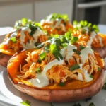 To make Buffalo Chicken Stuffed Sweet Potatoes, gather these simple ingredients: - 4 medium sweet potatoes - 2 cups shredded cooked chicken - ½ cup buffalo sauce - ½ cup cream cheese - 1 cup shredded cheddar cheese - ¼ cup green onions - Salt and pepper - ½ cup ranch dressing - Fresh cilantro These ingredients create a perfect blend of flavors. The sweet potatoes add a natural sweetness, while the buffalo sauce gives a nice kick. Shredded chicken provides protein, making this dish filling and satisfying. Cream cheese makes the filling creamy and rich. The cheddar cheese adds a lovely melty layer on top. Green onions give a fresh crunch, while ranch dressing and cilantro enhance the dish's overall taste. Using rotisserie chicken can save time and effort. It keeps the chicken moist and flavorful. Adjust the buffalo sauce based on your spice preference. If you want it milder, use less sauce. For more heat, add extra sauce or choose a spicier brand. Gather these ingredients, and you're ready to create a delicious meal that everyone will love! Set your oven to 400°F (200°C). This is the best temperature for baking sweet potatoes. Grab a baking sheet and line it with parchment paper. This makes cleanup easy. Wash each sweet potato under cool water. Use a fork to poke several holes in them. This lets steam escape while they bake. Place the sweet potatoes on the lined baking sheet. Bake in the oven for 45-60 minutes. Check if they are tender by piercing them with a knife. In a medium bowl, mix the shredded chicken with buffalo sauce, cream cheese, and half of the cheddar cheese. Stir until the mixture is creamy and smooth. This filling gives a great flavor to the dish. Once the sweet potatoes are done, take them out and let them cool for a few minutes. Cut a slit down the center of each potato. You can scoop out a little flesh if needed, but leave some for texture. Fill each potato with the buffalo chicken mixture. Sprinkle the rest of the cheddar cheese on top. Return the stuffed potatoes to the oven for 10-15 minutes. Bake until the cheese is melted and bubbly. Drizzle ranch dressing over the top and sprinkle with chopped green onions. Finish with fresh cilantro for a nice touch. Enjoy your tasty Buffalo Chicken Stuffed Sweet Potatoes! When picking sweet potatoes, focus on medium size. They should be firm and smooth. Look for sweet potatoes that are not too large or too small. Larger potatoes can take longer to cook, while smaller ones may not hold enough filling. The best varieties for this dish are garnet or jewel sweet potatoes. They have a sweet taste and creamy texture that pairs well with the buffalo chicken. Buffalo sauce can vary in heat. Some brands are quite spicy, while others are milder. If you want less heat, add less buffalo sauce to the chicken mix. You can also mix in cream cheese. This will make the filling creamy and cool it down a bit. It helps balance the spiciness well. To make your dish look great, serve the stuffed sweet potatoes on a big platter. Use a sharp knife to cut them open, showing off the filling. Drizzle ranch dressing over the top for a nice touch. For extra color, sprinkle chopped green onions and fresh cilantro on top. This not only tastes good but makes it visually appealing too. {{image_4}} You can switch out the chicken for turkey. It gives a similar taste and texture. You can also use other meats like shredded beef or pork. If you prefer a meat-free option, try using plant-based proteins. Chickpeas or lentils work well in this recipe. They soak up the buffalo sauce and add a nice bite. If you want to change the cheese, you can use mozzarella instead of cheddar. It melts beautifully and has a mild taste. For a non-dairy option, choose cashew cream cheese. It gives a great flavor without dairy. You can also try nutritional yeast for a cheesy flavor without the calories. These stuffed sweet potatoes pair nicely with a crunchy salad. A simple green salad adds freshness to your meal. For beverages, serve them with iced tea or a light beer. Both drinks balance the spice of the buffalo sauce. You could also try a tangy lemonade for something refreshing. To keep your Buffalo Chicken Stuffed Sweet Potatoes fresh, follow these tips: - Let them cool to room temperature first. - Use airtight containers for storage. - Refrigerate leftovers within two hours of cooking. - Eat within 3-4 days for the best taste. I recommend using glass containers. They keep food fresh and are easy to clean. If you want to keep them longer, consider freezing. Wrap each stuffed potato tightly in plastic wrap, then place them in a freezer-safe bag. They can last up to 3 months in the freezer. You can reheat your stuffed sweet potatoes in two ways: the oven or the microwave. - Oven reheating: Preheat to 350°F (175°C). Place the potatoes on a baking sheet. Heat for about 15-20 minutes. This method keeps the skin crispy and the filling warm. - Microwave reheating: Place the potato on a microwave-safe plate. Heat for 2-3 minutes on high. Check to ensure it's heated evenly. The oven is best for keeping the texture intact. The microwave is quicker but may soften the potato skin. Yes, you can prep these sweet potatoes in advance. Bake the sweet potatoes and make the buffalo chicken filling. Store them separately in the fridge. You can keep them for up to three days. When you're ready to eat, just fill the sweet potatoes and bake them until hot. This saves time on busy days. These stuffed sweet potatoes pair well with several side dishes. Here are a few ideas: - Fresh Salad: A simple green salad adds crunch and freshness. - Roasted Veggies: Carrots or broccoli can add color and flavor. - Coleslaw: The creaminess of coleslaw balances the spicy flavor. - Fruit Salad: A fruity side can cool down the heat. If you want more heat, try these tips: - Extra Buffalo Sauce: Add more buffalo sauce to the filling. - Hot Sauce: Drizzle some hot sauce on top before serving. - Spicy Cheese: Use pepper jack cheese instead of cheddar. - Jalapeños: Mix in chopped jalapeños with the chicken filling. These options can kick up the spice level and make the dish even more exciting! Buffalo Chicken Stuffed Sweet Potatoes combine rich flavors and textures. You start by baking sweet potatoes, mixing chicken with buffalo sauce, and blending in creamy cheese. Then, you assemble and bake for a delightful meal. With tips on choosing ingredients and making variations, this dish fits many tastes. In closing, enjoy experimenting with flavors and presentations. This recipe can cater to your unique preferences. Happy cooking!