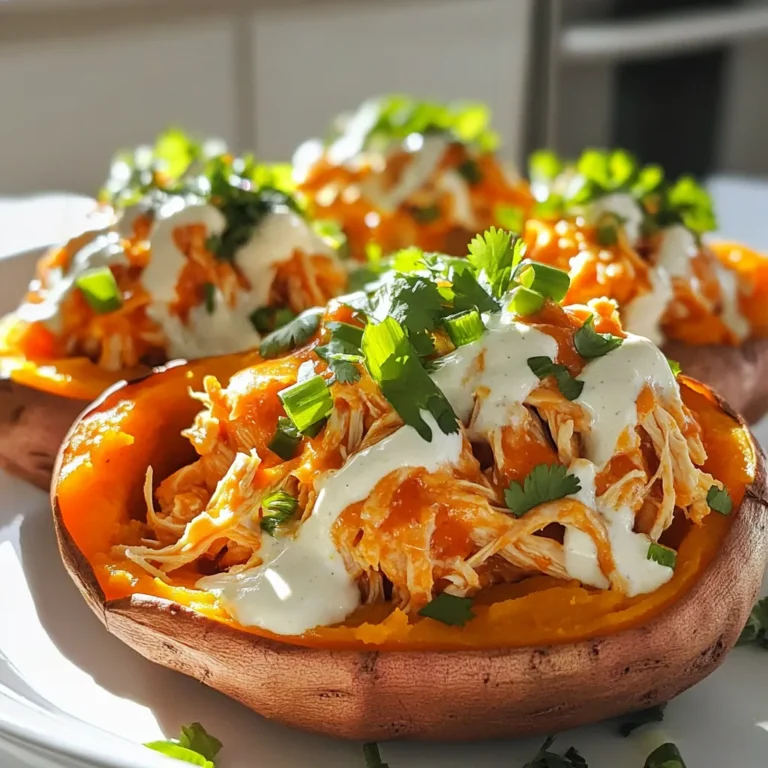 To make Buffalo Chicken Stuffed Sweet Potatoes, gather these simple ingredients: - 4 medium sweet potatoes - 2 cups shredded cooked chicken - ½ cup buffalo sauce - ½ cup cream cheese - 1 cup shredded cheddar cheese - ¼ cup green onions - Salt and pepper - ½ cup ranch dressing - Fresh cilantro These ingredients create a perfect blend of flavors. The sweet potatoes add a natural sweetness, while the buffalo sauce gives a nice kick. Shredded chicken provides protein, making this dish filling and satisfying. Cream cheese makes the filling creamy and rich. The cheddar cheese adds a lovely melty layer on top. Green onions give a fresh crunch, while ranch dressing and cilantro enhance the dish's overall taste. Using rotisserie chicken can save time and effort. It keeps the chicken moist and flavorful. Adjust the buffalo sauce based on your spice preference. If you want it milder, use less sauce. For more heat, add extra sauce or choose a spicier brand. Gather these ingredients, and you're ready to create a delicious meal that everyone will love! Set your oven to 400°F (200°C). This is the best temperature for baking sweet potatoes. Grab a baking sheet and line it with parchment paper. This makes cleanup easy. Wash each sweet potato under cool water. Use a fork to poke several holes in them. This lets steam escape while they bake. Place the sweet potatoes on the lined baking sheet. Bake in the oven for 45-60 minutes. Check if they are tender by piercing them with a knife. In a medium bowl, mix the shredded chicken with buffalo sauce, cream cheese, and half of the cheddar cheese. Stir until the mixture is creamy and smooth. This filling gives a great flavor to the dish. Once the sweet potatoes are done, take them out and let them cool for a few minutes. Cut a slit down the center of each potato. You can scoop out a little flesh if needed, but leave some for texture. Fill each potato with the buffalo chicken mixture. Sprinkle the rest of the cheddar cheese on top. Return the stuffed potatoes to the oven for 10-15 minutes. Bake until the cheese is melted and bubbly. Drizzle ranch dressing over the top and sprinkle with chopped green onions. Finish with fresh cilantro for a nice touch. Enjoy your tasty Buffalo Chicken Stuffed Sweet Potatoes! When picking sweet potatoes, focus on medium size. They should be firm and smooth. Look for sweet potatoes that are not too large or too small. Larger potatoes can take longer to cook, while smaller ones may not hold enough filling. The best varieties for this dish are garnet or jewel sweet potatoes. They have a sweet taste and creamy texture that pairs well with the buffalo chicken. Buffalo sauce can vary in heat. Some brands are quite spicy, while others are milder. If you want less heat, add less buffalo sauce to the chicken mix. You can also mix in cream cheese. This will make the filling creamy and cool it down a bit. It helps balance the spiciness well. To make your dish look great, serve the stuffed sweet potatoes on a big platter. Use a sharp knife to cut them open, showing off the filling. Drizzle ranch dressing over the top for a nice touch. For extra color, sprinkle chopped green onions and fresh cilantro on top. This not only tastes good but makes it visually appealing too. {{image_4}} You can switch out the chicken for turkey. It gives a similar taste and texture. You can also use other meats like shredded beef or pork. If you prefer a meat-free option, try using plant-based proteins. Chickpeas or lentils work well in this recipe. They soak up the buffalo sauce and add a nice bite. If you want to change the cheese, you can use mozzarella instead of cheddar. It melts beautifully and has a mild taste. For a non-dairy option, choose cashew cream cheese. It gives a great flavor without dairy. You can also try nutritional yeast for a cheesy flavor without the calories. These stuffed sweet potatoes pair nicely with a crunchy salad. A simple green salad adds freshness to your meal. For beverages, serve them with iced tea or a light beer. Both drinks balance the spice of the buffalo sauce. You could also try a tangy lemonade for something refreshing. To keep your Buffalo Chicken Stuffed Sweet Potatoes fresh, follow these tips: - Let them cool to room temperature first. - Use airtight containers for storage. - Refrigerate leftovers within two hours of cooking. - Eat within 3-4 days for the best taste. I recommend using glass containers. They keep food fresh and are easy to clean. If you want to keep them longer, consider freezing. Wrap each stuffed potato tightly in plastic wrap, then place them in a freezer-safe bag. They can last up to 3 months in the freezer. You can reheat your stuffed sweet potatoes in two ways: the oven or the microwave. - Oven reheating: Preheat to 350°F (175°C). Place the potatoes on a baking sheet. Heat for about 15-20 minutes. This method keeps the skin crispy and the filling warm. - Microwave reheating: Place the potato on a microwave-safe plate. Heat for 2-3 minutes on high. Check to ensure it's heated evenly. The oven is best for keeping the texture intact. The microwave is quicker but may soften the potato skin. Yes, you can prep these sweet potatoes in advance. Bake the sweet potatoes and make the buffalo chicken filling. Store them separately in the fridge. You can keep them for up to three days. When you're ready to eat, just fill the sweet potatoes and bake them until hot. This saves time on busy days. These stuffed sweet potatoes pair well with several side dishes. Here are a few ideas: - Fresh Salad: A simple green salad adds crunch and freshness. - Roasted Veggies: Carrots or broccoli can add color and flavor. - Coleslaw: The creaminess of coleslaw balances the spicy flavor. - Fruit Salad: A fruity side can cool down the heat. If you want more heat, try these tips: - Extra Buffalo Sauce: Add more buffalo sauce to the filling. - Hot Sauce: Drizzle some hot sauce on top before serving. - Spicy Cheese: Use pepper jack cheese instead of cheddar. - Jalapeños: Mix in chopped jalapeños with the chicken filling. These options can kick up the spice level and make the dish even more exciting! Buffalo Chicken Stuffed Sweet Potatoes combine rich flavors and textures. You start by baking sweet potatoes, mixing chicken with buffalo sauce, and blending in creamy cheese. Then, you assemble and bake for a delightful meal. With tips on choosing ingredients and making variations, this dish fits many tastes. In closing, enjoy experimenting with flavors and presentations. This recipe can cater to your unique preferences. Happy cooking!