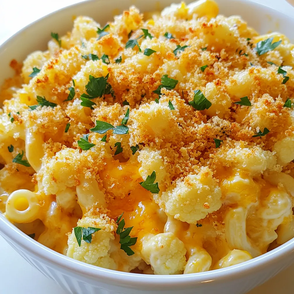 - 1 medium head of cauliflower, cut into bite-sized florets - 8 ounces elbow macaroni (or any pasta of your choice) - 2 tablespoons olive oil - 1 cup sharp cheddar cheese, grated - 1 cup mozzarella cheese, grated - 1/2 cup cream cheese, softened - 1/2 cup unsweetened almond milk (or any milk of your choice) - 1/4 cup buffalo sauce (adjust based on your heat preference) - 1 teaspoon garlic powder - 1 teaspoon onion powder - Salt and black pepper to taste These main ingredients give my Buffalo Cauliflower Mac and Cheese its rich, creamy flavor. The cauliflower adds a healthy twist. The pasta makes it filling, while the mix of cheeses provides that gooey goodness we all crave. - 1/4 cup panko breadcrumbs - 1 tablespoon butter, melted - Fresh parsley, chopped, for garnish The optional ingredients can take your dish up a notch. Panko breadcrumbs add a crunchy topping. A sprinkle of fresh parsley brightens the dish and adds a pop of color. Feel free to mix and match to fit your taste! {{ingredient_image_2}} - Preheat the oven: Start by preheating your oven to 350°F (175°C). This will help your dish cook evenly. - Cook elbow macaroni: In a large pot, bring salted water to a rolling boil. Add 8 ounces of elbow macaroni. Cook it according to the package instructions. Once it’s al dente, drain the pasta and set it aside. - Steam florets until tender: While your pasta cooks, take a medium head of cauliflower. Cut it into bite-sized florets. Steam them in a basket over boiling water for about 5 to 7 minutes. They should be tender but still hold their shape. - Sauté cauliflower for added flavor: In a large skillet, heat 2 tablespoons of olive oil over medium heat. Add the steamed cauliflower florets and sauté for about 3 to 5 minutes. This gives the cauliflower a nice golden color and enhances its flavor. - Combine cream cheese and cauliflower: Lower the heat to low and add 1/2 cup of softened cream cheese to the skillet. Stir the mixture until the cream cheese melts and mixes well with the cauliflower. - Add milk and buffalo sauce: Pour in 1/2 cup of unsweetened almond milk and 1/4 cup of buffalo sauce. Stir to combine. Adjust the buffalo sauce amount based on how spicy you like it. - Mix in garlic and onion powder: Add 1 teaspoon of garlic powder and 1 teaspoon of onion powder. Stir until everything is well blended and creamy. - Incorporate pasta and cheese: Add the drained elbow macaroni to the skillet. Then, mix in 1 cup of grated sharp cheddar cheese and 1 cup of grated mozzarella cheese. Stir until the cheese melts and coats the pasta. If the mix is too thick, add a splash of almond milk for creaminess. - Season to taste: Taste your mixture and add salt and black pepper as needed. - Transfer to baking dish and top with panko: Pour the mac and cheese mixture into a lightly greased baking dish. Spread it evenly. In a small bowl, mix 1/4 cup of panko breadcrumbs with 1 tablespoon of melted butter. Sprinkle this over the top. - Bake to golden perfection: Place the baking dish in your preheated oven. Bake for 20 to 25 minutes or until the top is golden brown and crispy. To get that rich creaminess, start by adjusting the milk. If your mix is too thick, add more almond milk. This helps the sauce blend better and stay smooth. When melting cheese, try to mix it in slowly. Add it in stages, letting each batch melt fully before adding more. This method creates a silky texture. When you have leftovers, store them in an airtight container. This keeps the mac and cheese fresh. Place it in the fridge and use it within three days for best taste. To reheat, use the oven or microwave. If using the oven, cover it with foil to keep moisture in. This helps maintain the creamy texture. If using a microwave, heat in short bursts, stirring in between. This way, it warms evenly without drying out. Pro Tips Adjust Heat Level: Feel free to customize the amount of buffalo sauce based on your spice preference. Start with less and add more if you like it spicier. Choose the Right Pasta: While elbow macaroni is traditional, feel free to experiment with other pasta shapes like shells or fusilli for added texture. Make it Creamier: If your mac and cheese is too thick after combining, simply add a splash more almond milk (or your chosen milk) to achieve your desired creaminess. Use Fresh Herbs: For added freshness, consider garnishing with fresh chives or basil in addition to parsley. This will elevate the flavor profile and presentation. {{image_4}} - Gluten-Free Pasta Options: You can use gluten-free pasta made from rice or quinoa. These options hold up well in the dish and keep it tasty. - Vegan Substitutions for Cheese: For a vegan twist, try using cashew cheese or nutritional yeast. Both bring a nice cheesy flavor without dairy. - Additional Spices for Heat: If you love spice, add cayenne pepper or crushed red pepper flakes. These add a nice kick to the dish. - Different Sauce Variations: Swap buffalo sauce for BBQ sauce for a smoky flavor. You can also mix different hot sauces to find your perfect blend. Store your Buffalo Cauliflower Mac and Cheese in an airtight container. This keeps it fresh. Make sure it cools down first before sealing it. For best results, refrigerate it within two hours of cooking. If you want to freeze it, let it cool completely. Then, transfer it to a freezer-safe container. Here are some quick tips: - Refrigeration: Keep in the fridge for easy access. - Freezing: Wrap tightly in plastic wrap or foil for long-term storage. In the fridge, this dish lasts about 3-5 days. Check for signs of spoilage before eating. Look for changes in color or smell. If it looks off, it’s best to throw it away. Here are key signs of spoilage: - Off smell: A sour or strange odor. - Color change: Darkening or unusual spots. - Texture: If it feels slimy or mushy, discard it. You can use cottage cheese instead of cream cheese. It gives a nice creamy texture. Greek yogurt also works well for a tangy flavor. If you want a dairy-free option, try cashew cream. Blend soaked cashews with a bit of lemon juice and water until smooth. Yes, you can prepare this dish in advance. Make the mac and cheese, then store it in the fridge. Cover it tightly with plastic wrap or a lid. It can last for 2-3 days. When you're ready to eat, just bake it. You might need a bit more time in the oven to heat it through. To kick up the heat, add more buffalo sauce than the recipe suggests. You can also mix in some diced jalapeños or crushed red pepper flakes. For an extra punch, toss in a dash of cayenne pepper. Adjust the heat to fit your taste. Yes, this dish is great for kids! The cheese makes it creamy and tasty. If your kids like a bit of spice, adjust the buffalo sauce to a milder flavor. You can add more cheese or serve it with a side of veggies for balance. Serve Buffalo Cauliflower Mac and Cheese with a fresh green salad for a complete meal. You can also pair it with grilled chicken or veggie sticks. For a fun twist, serve it in small ramekins. Top with extra parsley for a pop of color. This blog post covered how to make Buffalo Cauliflower Mac and Cheese. You learned about the key ingredients like cauliflower, pasta, and cheeses. I shared step-by-step instructions from cooking to baking. We discussed tips for perfect creaminess and ways to customize your dish. In conclusion, this recipe offers a tasty twist on a classic. With easy variations, you can make it just right for you. Enjoy this dish as a fun meal that everyone will love.