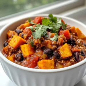 - 2 medium sweet potatoes, peeled and diced into 1-inch cubes - 1 can (15 oz) black beans, rinsed under cold water and drained well - 1 can (15 oz) diced tomatoes with green chilies, including juices - 1 bell pepper (red or yellow), diced into small pieces - 1 large onion, chopped finely - 4 cloves garlic, minced into a paste - 2 tablespoons chipotle peppers in adobo sauce, finely chopped - 1 teaspoon ground cumin - 1 teaspoon smoked paprika - 1 teaspoon dried oregano - Salt and freshly cracked pepper to taste - 1 tablespoon olive oil for sautéing - 2 cups vegetable broth for added depth of flavor - Fresh cilantro leaves, roughly chopped, for garnish The main ingredients bring a sweet and hearty base to the chili. Sweet potatoes add creaminess and natural sweetness. Black beans provide protein and texture, while diced tomatoes with green chilies add a kick. The bell pepper, onion, and garlic fill the pot with rich flavors as they cook down. On to the spices, chipotle peppers in adobo sauce are key for heat and smokiness. The ground cumin, smoked paprika, and oregano work together to create a warm, earthy flavor. Salt and pepper enhance all these tastes. For cooking, I use olive oil to sauté the onions and bell peppers. Vegetable broth adds depth and keeps the chili rich. Lastly, fresh cilantro offers a bright finish, making each bowl look inviting. {{ingredient_image_2}} To start, I heat olive oil in a large pot over medium heat. The oil should shimmer but not smoke. Next, I add the chopped onion and diced bell pepper. I sauté them for about five to seven minutes until they soften and smell great. This is key to building flavor. Once the onion and bell pepper are tender, I add minced garlic. I sauté it for one more minute until it releases that lovely aroma. I make sure it doesn’t brown, as burnt garlic can taste bitter. Now it’s time to introduce the main star: sweet potatoes! I add the diced sweet potatoes to the pot, mixing them well with the sautéed veggies. I let them cook for two minutes, so their flavors blend nicely. Then, I pour in the diced tomatoes with their juices and the vegetable broth. I also add the rinsed black beans, chopped chipotle peppers, cumin, smoked paprika, oregano, and a pinch of salt and pepper. I stir everything until well mixed. I raise the heat to bring the chili to a gentle boil. Once it bubbles, I reduce the heat to low, cover the pot, and let it simmer. This part takes about 25 to 30 minutes. I stir it occasionally to make sure it doesn’t stick. The sweet potatoes should be tender, and the flavors will meld perfectly. After the chili has simmered, I taste it to see if it needs more seasoning. If I want more heat, I add extra chipotle or some salt and pepper. Finally, I ladle the chili into bowls while it’s hot. I garnish each bowl with fresh chopped cilantro. This adds a nice pop of color and freshness. Enjoying this dish makes me feel warm and satisfied! To perfect your chili, you can adjust the spice level. If you want it hotter, add more chipotle peppers. Start with a little, and taste as you go. If you prefer it milder, reduce the chipotle or add a bit of sugar to balance the heat. Ensure your sweet potatoes are tender. To check, pierce them with a fork. They should be soft but not mushy. If they need more time, let the chili simmer a bit longer. For sautéing vegetables, use medium heat and olive oil. This heat allows the onions and bell peppers to cook evenly. Stir them often to avoid burning. To reduce cooking time, chop your sweet potatoes into smaller cubes. The smaller pieces cook faster and blend well with other ingredients. Pair your chili with crusty bread or tortilla chips. These add texture and flavor. You can also serve it with a dollop of sour cream or avocado for creaminess. For presentation, serve the chili in deep bowls. Garnish with whole cilantro leaves on top. This adds a pop of green and makes the dish look vibrant. Pro Tips Choose the Right Sweet Potatoes: Opt for medium-sized sweet potatoes for even cooking and a sweeter flavor. Red or orange-fleshed varieties work best for this chili. Store Leftovers Properly: Allow the chili to cool completely before transferring it to an airtight container. It can be stored in the refrigerator for up to 5 days or frozen for up to 3 months. Adjust the Spice Level: If you prefer a milder chili, reduce the amount of chipotle peppers or substitute with mild green chiles. Taste before serving to ensure it meets your spice preference. Add Extra Vegetables: Enhance the nutritional profile by adding more diced vegetables such as zucchini, carrots, or corn. They will add more texture and flavor to your chili. {{image_4}} You can easily change up the beans in this chili. Try using pinto beans or kidney beans instead of black beans. Each type brings its own flavor and texture. You can also swap out spices. Try using chili powder or cayenne for a different kick. These swaps keep the dish exciting and fresh. To make this chili fully plant-based, just skip the chipotle in adobo sauce that has animal products. You can add more veggies for a hearty meal. Think about adding corn, zucchini, or spinach. These veggies boost nutrition and flavor without changing the base of the chili. You can cook this chili in a slow cooker. Just sauté the veggies first, then add everything to the slow cooker. Set it on low for about 6 to 8 hours. If you want it fast, try the Instant Pot. Cook on high pressure for 10 minutes. Both methods give you a rich, flavorful dish with less effort. After making Spicy Chipotle Sweet Potato Chili, let it cool first. Place leftover chili in an airtight container. Store it in the fridge for up to five days. When reheating, use a pot over medium heat. Stir often to avoid sticking. You can also use a microwave. Heat it on high for 2-3 minutes, stirring halfway. To freeze chili, allow it to cool completely. Transfer it to freezer-safe bags or containers. Remove as much air as possible before sealing. This chili can last up to three months in the freezer. For thawing, place the container in the fridge overnight. Reheat in a pot or microwave, just as you would with refrigerated chili. In the fridge, your chili will stay fresh for about five days. If frozen, it can last up to three months. To ensure the best taste and texture, use it within these time frames. Always check for signs of spoilage before eating. You can serve this chili with several tasty sides. Here are some great options: - Crusty bread for dipping. - Tortilla chips for crunch. - A simple green salad for freshness. - Avocado slices for creaminess. - Shredded cheese or sour cream for richness. These sides enhance the chili's flavor and add fun textures. Yes, you can make this chili ahead of time. It actually tastes better after sitting for a day. The flavors meld together and become richer. Just store it in the fridge in an airtight container. Absolutely! This chili is great for meal prep. It stores well and reheats easily. You can portion it into containers for quick lunches or dinners. Just remember to keep it in the fridge for up to five days. To make this chili spicier, you can add more chipotle peppers in adobo sauce. Start with a small amount and taste as you go. You can also add hot sauce or red pepper flakes for an extra kick. Yes, this recipe is naturally gluten-free! All the ingredients used, like sweet potatoes and black beans, do not contain gluten. Just make sure any added items, like broth or toppings, are gluten-free too. Enjoy worry-free! This chipotle sweet potato chili combines bold flavors and healthy ingredients. You learned about the key ingredients, cooking steps, and tips to make it your own. Whether you prefer spice or a milder taste, there’s a version for everyone. You can enjoy this dish fresh or store leftovers easily. With simple swaps and additions, you can personalize every bowl. Try it out and discover how satisfying and fun cooking can be. Happy cooking!