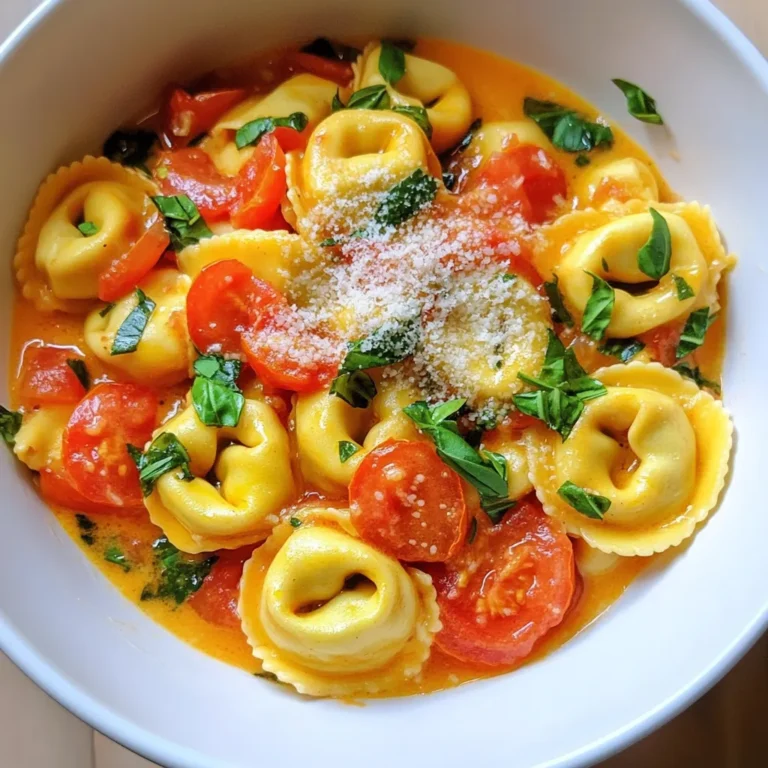 - 2 tablespoons extra virgin olive oil - 3 cloves garlic, finely minced - 1 can (14 oz) diced tomatoes with juices - 4 cups vegetable broth, low-sodium preferred - 1 package (9 oz) fresh or frozen cheese tortellini - 1 teaspoon dried Italian seasoning blend - Salt and freshly ground pepper to taste - 1 cup fresh basil leaves, roughly chopped - 1/2 cup heavy cream (or substitute with coconut cream for a dairy-free option) These core ingredients create a comforting and rich dish. The olive oil adds a nice base, while garlic brings a warm flavor. Diced tomatoes and vegetable broth create a savory sauce. The tortellini makes it hearty, and the Italian seasoning ties it all together. Fresh basil gives a bright touch, and cream makes it creamy. - 1/2 teaspoon red pepper flakes (optional for heat) - Grated Parmesan cheese, for serving You can add red pepper flakes for some heat. This spice pairs well with the creamy sauce. Grated Parmesan cheese on top adds a salty, rich flavor. It also looks great and makes the dish feel special. - Fresh herbs like oregano or thyme - A splash of balsamic vinegar for depth - Lemon zest for brightness If you want to mix it up, try fresh herbs like oregano or thyme. A splash of balsamic vinegar can deepen the flavor. For a fresh twist, add lemon zest. These seasonings can make your One Pot Tomato Basil Tortellini more distinct and personal. First, grab a large pot. Heat 2 tablespoons of extra virgin olive oil over medium heat. Wait until the oil shimmers. Add 3 cloves of finely minced garlic. Stir and cook for about 1 minute. Watch it closely so it doesn’t burn. You want it fragrant and lightly golden. Next, pour in one can of diced tomatoes with their juices. Then, add 4 cups of low-sodium vegetable broth. Stir everything together well. Bring this mixture to a gentle boil. This helps the flavors mix nicely. Once boiling, add a 9-ounce package of cheese tortellini. Also, toss in 1 teaspoon of dried Italian seasoning. If you like a little heat, add 1/2 teaspoon of red pepper flakes. Stir it all together to combine. This gives the tortellini space to cook evenly. Lower the heat to medium-low. Let it simmer for about 5 to 7 minutes. Stir it gently now and then. This keeps the tortellini from sticking to the bottom. Check for doneness. The pasta should be tender but not mushy. When your tortellini is just right, add 1 cup of roughly chopped fresh basil. Then, pour in 1/2 cup of heavy cream. This makes the dish creamy and rich. Season with salt and freshly ground pepper to your taste. Cook for another 2 to 3 minutes. Stir gently until everything is hot and well mixed. Serve your tortellini hot. Top it with freshly grated Parmesan cheese and extra basil leaves. This adds a nice touch of freshness and flavor. Enjoy your one-pot meal! To boost the taste of your One Pot Tomato Basil Tortellini, use fresh herbs. Fresh basil makes a big difference. You can also add a splash of balsamic vinegar for a tangy kick. If you like heat, toss in more red pepper flakes. You can add a bit of lemon juice for brightness. This simple touch can elevate your dish. While cooking tortellini, stirring is key. Stir gently every couple of minutes. This helps prevent sticking to the pot. Make sure to use enough broth. The liquid keeps everything moving. If you notice sticking, add a little more broth or water. Serve your tortellini hot with grated Parmesan on top. This creamy dish pairs well with crusty bread. A side salad adds freshness and crunch. For a fun twist, try it as a filling for baked peppers. You can even put it in a bowl and enjoy it as a soup! {{image_4}} To make this dish vegan, swap out the cheese tortellini for a plant-based version. Use coconut cream instead of heavy cream for a rich, creamy texture. This change keeps the dish flavorful while meeting vegan needs. You can also skip the cheese garnish or use vegan cheese instead. Fresh basil adds a nice touch, no matter what! If you want to add protein, consider cooked chickpeas or white beans. They blend well with the tortellini and boost nutrition. If you eat meat, cooked chicken, or Italian sausage can work wonders. Just add them when you cook the garlic, so they warm up nicely with the sauce. Feel free to switch up the seasonings! You can add fresh herbs like parsley or oregano for a different taste. If you like spice, try more red pepper flakes. A splash of balsamic vinegar can add depth. Experiment with garlic powder or onion powder for an extra kick. Each change can take your dish in a new direction! You can keep One Pot Tomato Basil Tortellini in the fridge for up to three days. Store it in an airtight container. Make sure it cools down before sealing. This helps keep the flavors fresh and tasty. To freeze, let the dish cool completely. Then, transfer it to a freezer-safe container. It can stay in the freezer for up to three months. When ready to eat, thaw it in the fridge overnight. This way, it retains the best flavor and texture. Reheat the tortellini on the stovetop for the best results. Use medium heat and stir often. Add a splash of vegetable broth or cream for creaminess. You can also microwave it in a safe dish. Heat in short intervals and stir until warm. Enjoy it just as you did when it was freshly made! Yes, you can use frozen tortellini in this recipe. Just add it directly to the pot when you add the vegetable broth. Frozen tortellini cooks well in the same time as fresh. It will soak up the flavors of the sauce as it cooks. I find that frozen tortellini is a great option when I'm short on time. If you want a dairy-free option, use coconut cream instead of heavy cream. It gives a nice creaminess and a hint of sweetness. You can also use cashew cream or almond milk for a lighter feel. Both options work well and still keep the dish rich and tasty. Store leftovers in an airtight container in the fridge. They will stay fresh for about three days. You can also freeze the dish for later. Just make sure to let it cool completely before freezing. To reheat, warm it on the stove over low heat. Add a splash of broth to keep it creamy. To sum it up, we explored the core and optional ingredients for your dish. We covered step-by-step instructions for preparing and cooking the tortellini. You learned tips to enhance flavor and prevent sticking. Variations included vegan options, protein choices, and different seasonings. Finally, I shared storage info and answered common questions. With these details, you can create a delicious meal effortlessly. Enjoy every bite and feel proud of your cooking!