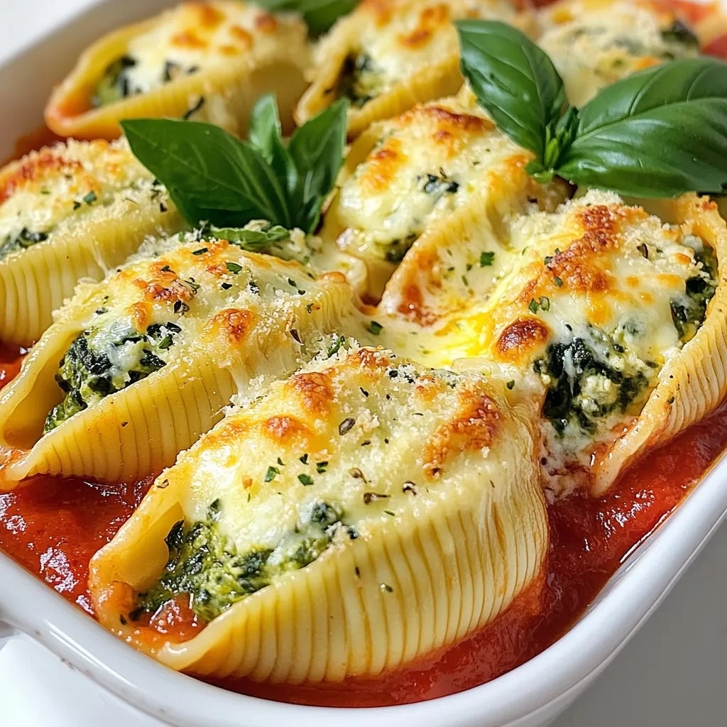 - 20 large jumbo pasta shells - 2 cups ricotta cheese - 1 cup shredded mozzarella cheese, divided - 1/2 cup grated Parmesan cheese - 2 cups fresh spinach, finely chopped - 1 large egg - 2 cloves garlic, minced - 1 teaspoon dried oregano - 1/2 teaspoon salt - 1/4 teaspoon freshly ground black pepper - 2 cups marinara sauce To create creamy spinach stuffed shells, you need some key ingredients. The large jumbo pasta shells hold the rich filling well. I use ricotta, mozzarella, and Parmesan for a mix of flavors. The ricotta gives creaminess, while mozzarella adds stretch. Parmesan offers a sharp contrast. Spinach is essential too. Fresh spinach adds color and nutrients. Garlic and oregano help to enhance the taste. Salt and pepper balance the flavors. Finally, marinara sauce layers in a rich tomato base that pairs perfectly with the stuffed shells. - Red pepper flakes for heat - Fresh herbs for garnish You can customize your dish with optional ingredients. If you like heat, add red pepper flakes to the filling. For a fresh touch, garnish with basil leaves before serving. These small tweaks can make a big difference in flavor and presentation. {{ingredient_image_2}} 1. First, preheat your oven to 350°F (175°C). This ensures even cooking later on. 2. Next, bring a large pot of salted water to a boil. Add your jumbo pasta shells and cook them until they are al dente. This usually takes about 9-11 minutes. 3. Once cooked, drain the shells and rinse them under cold water. This stops the cooking process and helps keep them from sticking together. 1. In a large mixing bowl, combine the ricotta cheese, half of the shredded mozzarella, and grated Parmesan cheese. 2. Add the finely chopped spinach, a large egg, minced garlic, dried oregano, salt, black pepper, and optional red pepper flakes for heat. 3. Stir all the ingredients together until you get a creamy mixture. Make sure it’s well blended for the best flavor. 1. Start by pouring a thin layer of marinara sauce into the bottom of a 9x13 inch baking dish. This keeps the shells moist. 2. Carefully stuff each cooked pasta shell with the creamy spinach filling. Use a spoon to pack the filling in well. 3. Place the stuffed shells in a single layer over the marinara sauce in the dish. 4. Drizzle the remaining marinara sauce over the shells, ensuring they are covered well. 5. Sprinkle the rest of the shredded mozzarella cheese on top for a cheesy finish. 6. Cover the baking dish tightly with aluminum foil. This keeps moisture in while baking. 7. Place the dish in the preheated oven and bake for 25 minutes. 8. After 25 minutes, carefully remove the foil. Return the dish to the oven and bake for another 10-15 minutes. Look for bubbling and golden cheese on top. 9. Once done, take the dish out and let it cool for about 5 minutes before serving. 10. For a fresh touch, add a few fresh basil leaves on top just before serving. This adds color and flavor. To get the best texture, cook the pasta shells until they are al dente. This means they should be firm but not hard. Follow the package instructions closely. After cooking, drain the shells and rinse them under cold water. This stops the cooking and helps them not stick together. When it comes to marinara sauce, an even spread makes a big difference. Pour a thin layer at the bottom of the dish first. Then, after stuffing your shells, drizzle the remaining sauce on top. Use a spoon to cover each shell well. This keeps them moist while baking. For leftovers, store the stuffed shells in an airtight container in the fridge. If you want to keep them fresh, cover them tightly. They will last about three days. When reheating, use the oven for the best results. Preheat the oven to 350°F (175°C). Place the shells in a baking dish and cover with foil. Bake for 15 to 20 minutes. This keeps the cheese creamy and prevents the pasta from drying out. Pro Tips Choose the Right Shell: Jumbo shells are ideal for this recipe, but you can also use manicotti pasta if you prefer a slightly different shape. Make it Ahead: You can prepare the stuffed shells a day in advance. Just cover them tightly with foil and refrigerate until you're ready to bake. Add Extra Veggies: Feel free to mix in other vegetables like mushrooms, zucchini, or bell peppers into the filling for added flavor and nutrition. Rest Before Serving: Allow the stuffed shells to rest for about 5 minutes after baking. This helps the filling set and makes serving easier. {{image_4}} You can swap in other veggies if you want to mix it up. Try adding: - Chopped bell peppers - Sautéed mushrooms - Zucchini or yellow squash - Artichoke hearts These options boost flavor and add texture. Each veggie brings new tastes to your dish. You can also use different greens like kale or Swiss chard. They work great with the creamy filling. If you need gluten-free options, use these pasta shells: - Brown rice pasta shells - Chickpea pasta shells - Corn pasta shells These choices keep the dish gluten-free without losing taste. For cheese, you can choose low-fat options such as: - Part-skim ricotta - Low-fat mozzarella - Vegan cheese alternatives Using these substitutions makes the dish lighter but still creamy. Each option helps you enjoy this meal while sticking to your diet. Creamy spinach stuffed shells are a hit on their own, but pairing them enhances the meal. Try these sides: - Garlic Bread: The crunch and flavor of garlic bread balance the creamy shells. - Caesar Salad: Crisp romaine, croutons, and dressing make a fresh side. - Roasted Vegetables: Carrots and zucchini bring color and a sweet taste. - Steamed Broccoli: This green veggie adds nutrition and a nice crunch. These sides complement the rich flavors of the stuffed shells. They also add texture and freshness to your plate. How you present your dish can impress your guests. Here are some tips to make your creamy spinach stuffed shells shine: - Garnish with Fresh Herbs: A sprinkle of basil or parsley adds color and flavor. - Add Extra Cheese: A light dusting of Parmesan on top brings a cheesy finish. - Use a Beautiful Serving Dish: A bright or patterned dish can make the meal more inviting. - Drizzle Marinara Sauce: A swirl of sauce around the plate adds extra flavor and elegance. These simple ideas can take your meal from ordinary to extraordinary. Enjoy making your dish look as good as it tastes! How long do the stuffed shells take to bake? The stuffed shells take about 35 to 40 minutes to bake. You first cover them for 25 minutes. Then, you uncover and bake for another 10 to 15 minutes. This helps the cheese get bubbly and golden. Can I prepare these shells in advance? Yes, you can prepare the shells ahead of time. Assemble them in the baking dish and cover with foil. Store them in the fridge for up to 24 hours. When ready to bake, just add a few extra minutes to the baking time. What can I use instead of ricotta cheese? You can use cottage cheese as a substitute for ricotta. Just blend it until smooth. Cream cheese also works well for a richer taste. Can I use frozen spinach instead of fresh? Yes, frozen spinach can be used. Just make sure to thaw and drain it well. This removes excess water and keeps the filling from getting soggy. Can I make this recipe in a slow cooker? Yes, you can make these stuffed shells in a slow cooker. Layer the shells and sauce in the cooker. Cook on low for about 4 to 5 hours. It’s a great way to keep them warm and perfect for a busy day. Is it possible to make creamy spinach stuffed shells without eggs? Yes, you can skip the egg. Just add a bit more cheese to help bind the filling. This will still keep your shells creamy and delicious. In this article, we explored how to make delicious stuffed pasta shells. We covered key ingredients, preparation steps, and tips to ensure perfect results. You learned about variations, including vegetarian and diet-friendly options. Finally, we shared serving suggestions to elevate your dish. Remember, cooking is about creativity. Don't hesitate to mix flavors and try new ingredients. Enjoy your stuffed shells, and impress your family and friends with your culinary skills!