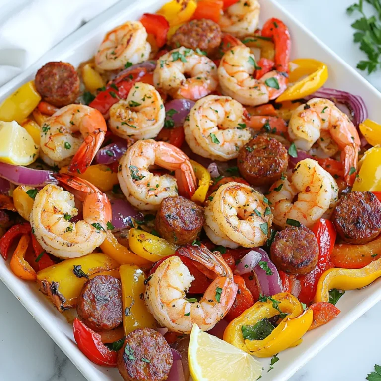 - 1 pound large shrimp, peeled and deveined - 1 pound smoked sausage, sliced - 1 red bell pepper, sliced - 1 yellow bell pepper, sliced - 1 large red onion, cut into wedges - 4 cloves garlic, minced - 3 tablespoons olive oil - 2 tablespoons Cajun seasoning - 1 teaspoon smoked paprika - Salt and black pepper, to taste - Fresh parsley, roughly chopped for garnish - Lemon wedges, for serving Each ingredient plays a key role in the dish. The shrimp should be large and fresh for the best taste. The smoked sausage adds a hearty flavor, while the bell peppers and onion bring sweetness and color. Use four cloves of garlic for a robust aroma. The olive oil helps everything brown nicely. Cajun seasoning is the star here, so don’t skimp. Smoked paprika adds depth, while salt and pepper enhance all flavors. You can switch things up if needed. Use chicken or turkey sausage for a lighter meal. If you want more heat, add cayenne pepper to the Cajun seasoning. For veggies, zucchini or asparagus work well too. If you don’t have fresh parsley, use dried or skip it. Lemon wedges are key for brightness, but lime can work too. {{ingredient_image_2}} Preheat your oven to 400°F (200°C). This helps the shrimp and sausage cook well. A hot oven gives a nice roast. Heat it up while you prepare the other ingredients. In a large bowl, combine the shrimp, sausage, and vegetables. Use 1 pound of shrimp that is peeled and deveined. Slice 1 pound of smoked sausage into pieces. Add sliced red and yellow bell peppers and cut a large red onion into wedges. Finally, mince 4 cloves of garlic and toss them in. This mix of flavors will make your dish pop! Drizzle 3 tablespoons of olive oil over the mixture. Next, add 2 tablespoons of Cajun seasoning and 1 teaspoon of smoked paprika. Don’t forget to add salt and black pepper to taste. Use your hands or a spatula to mix everything well. Make sure each piece is coated in oil and seasonings. This step is key for flavor! Bake the shrimp and sausage at 400°F (200°C). This high heat helps cook everything evenly. Aim for 20-25 minutes of baking time. This allows the shrimp to cook through and the sausage to heat up well. Look for the shrimp to turn pink and opaque. This change means they are cooked. The sausage should be hot throughout. Stir the mix halfway through. This helps with even cooking and caramelization. Spread the shrimp and veggies in one layer on the sheet pan. Avoid crowding the pan; this ensures all sides get roasted. Stirring halfway helps everything cook evenly. This simple step enhances the flavors and texture in each bite. Pro Tips Choose Your Sausage Wisely: Opt for a smoked sausage that complements the Cajun spices well. Chicken or turkey sausage is a lighter alternative that still provides great flavor. Don't Overcrowd the Pan: Spreading the shrimp and vegetables in a single layer allows for even roasting and caramelization, ensuring a perfectly cooked dish. Adjust the Spice Level: If you prefer a milder dish, reduce the amount of Cajun seasoning used or add it gradually until you reach your desired spice level. Fresh Herbs Make a Difference: Garnishing with freshly chopped parsley not only adds a pop of color but also enhances the dish's flavor profile. Don't skip this step! {{image_4}} To make your dish pop, use fresh herbs. Fresh parsley adds a bright touch. You can also try cilantro for a different twist. If you want more heat, add diced jalapeños or a dash of hot sauce. Lemon juice brightens the flavors too. Squeeze it over the dish before serving for a zing. Cook shrimp until they turn pink and opaque. This usually takes about 20 to 25 minutes. Be careful not to overcook them. Overcooked shrimp can become rubbery. Stir the mixture halfway through baking to ensure even cooking. This way, all the flavors blend nicely, giving you a tasty meal. Serve your dish on a large platter for a beautiful look. Sprinkle fresh parsley on top for color. Place lemon wedges around the platter. This makes it easy for guests to add a squeeze of lemon. For a fun touch, use colorful plates that match the vibrant veggies. Enjoy your meal! You can swap the shrimp for other proteins. Chicken breast works well and cooks nicely. You can also try firm white fish. For a vegetarian option, use tofu or tempeh. These options will still soak up the Cajun flavors. Feel free to change the veggies in this dish. Zucchini and cherry tomatoes add a fresh taste. Broccoli or snap peas can give you a nice crunch. You can even use sweet potatoes for a sweet touch. Just make sure your veggies cut evenly for even cooking. You can adjust the heat in this recipe. For a milder dish, use less Cajun seasoning. Adding a bit of honey can balance out the heat nicely. If you love spice, add cayenne pepper or hot sauce. This way, you can make it just right for your taste. Yes, you can use frozen shrimp. Just make sure to thaw them first. To thaw, place them in the fridge overnight or run them under cold water for a quick thaw. Using frozen shrimp may change the cooking time slightly. Check them often to avoid overcooking. To store leftovers, let the dish cool completely. Transfer it to an airtight container. Keep it in the fridge for up to three days. You can also freeze leftovers for up to three months. To reheat, use the oven for the best texture. Cajun shrimp and sausage go well with many sides. Here are some tasty options: - Rice: White or brown rice soaks up the flavors. - Cornbread: Sweet cornbread balances the spice. - Coleslaw: A crunchy slaw adds freshness. - Green salad: A light salad cools the heat. - Roasted vegetables: More roasted veggies add color and flavor. These sides will round out your meal and please your guests. In this blog post, I covered key ingredients, step-by-step instructions, and cooking details for a Cajun shrimp and sausage dish. I shared tips for enhancing flavor and presented fun variations, including protein and spice options. Remember, using fresh ingredients and perfect roasting techniques will make your meal shine. Enjoy cooking and feel free to mix things up! Your cooking journey is about trying new tastes and having fun.
