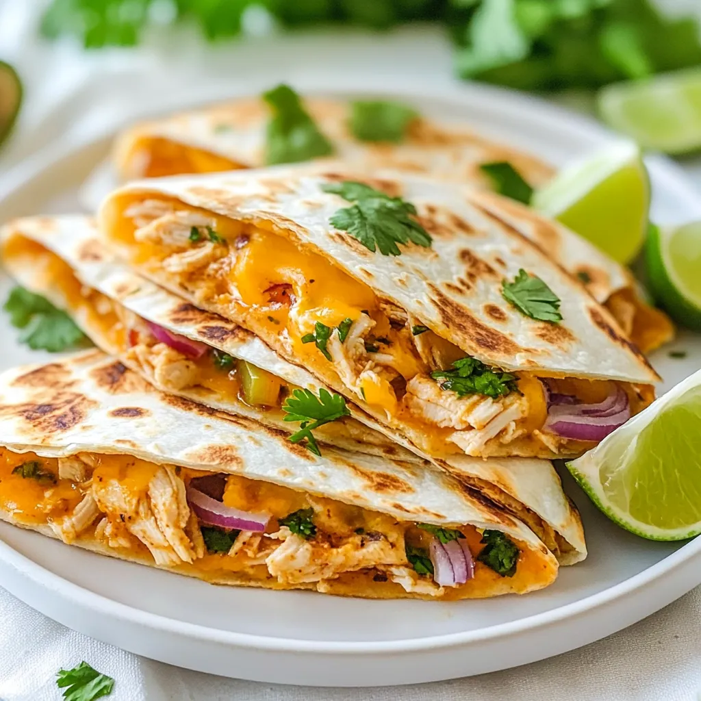 To make Spicy Chipotle Chicken Quesadillas, you will need: - 2 cups cooked chicken, shredded - 1 tablespoon chipotle peppers in adobo sauce, finely minced - 1 teaspoon ground cumin - 1 teaspoon smoked paprika - 1 cup sharp cheddar cheese, freshly grated - 1 cup Monterey Jack cheese, freshly grated - 1 small red onion, thinly sliced - 1 bell pepper (any color), thinly sliced - 4 large flour tortillas - 2 tablespoons extra virgin olive oil - Salt and freshly cracked black pepper to taste - Fresh cilantro, chopped (for garnish) - Lime wedges (for serving) These quesadillas pack a spicy punch. The chipotle peppers give a smoky heat. Ground cumin adds warmth and depth. Smoked paprika enhances the flavor with a rich, sweet note. The mix of sharp cheddar and Monterey Jack cheeses melts perfectly. Together, they create a creamy texture that balances the spices well. The sautéed onions and bell peppers add sweetness and crunch. Each bite bursts with flavor, making these quesadillas a true delight. If you want to change things up, there are many tasty swaps. Use rotisserie chicken for quicker prep. You can swap chipotle peppers for jalapeños if you prefer less heat. If you don’t have cumin, try chili powder for a different flavor. For cheese, feel free to mix in mozzarella or pepper jack. Using whole wheat tortillas can add a healthier twist. Fresh cilantro is optional, but it does add freshness. Lime juice can also brighten the flavors even more. {{ingredient_image_2}} To start, mix the chicken and spices. In a large bowl, add 2 cups of cooked chicken. Then, add 1 tablespoon of minced chipotle peppers. This gives the chicken a nice kick. Next, sprinkle in 1 teaspoon of ground cumin and 1 teaspoon of smoked paprika. These spices add depth and warmth. Don’t forget to add a pinch of salt and freshly cracked black pepper. Use a spoon to stir everything together until the chicken is well coated. This mixture is the heart of our quesadillas. Next, it’s time for the veggies. Heat a large skillet over medium heat. Pour in 1 tablespoon of extra virgin olive oil and let it warm up. Once hot, add thinly sliced red onion and bell pepper. You can use any color bell pepper you like! Sauté these for 5 to 7 minutes. Stir often until they become tender and slightly caramelized. This step adds sweetness to your quesadilla. Once done, transfer the veggies to a plate and set them aside. Now, let’s cook the quesadillas. In the same skillet, add another tablespoon of olive oil. Place one flour tortilla in the pan. On one half, spread a generous amount of the chicken mixture. Then, add a mix of both cheeses—1 cup of sharp cheddar and 1 cup of Monterey Jack. Top it off with some sautéed veggies. Carefully fold the tortilla over to form a half-moon shape. Cook it for about 3 to 4 minutes on each side. You want a golden brown tortilla and melted cheese. Once cooked, move the quesadilla to a cutting board. Let it cool for a moment, then slice it into wedges. Repeat this with the rest of the tortillas and filling. Finally, garnish with fresh cilantro and serve with lime wedges for extra zest. Enjoy your spicy chipotle chicken quesadillas! To get golden quesadillas, heat your skillet well. A hot pan helps the tortilla crisp up nicely. Use enough olive oil; it adds flavor and prevents sticking. Cook each quesadilla for about 3-4 minutes on each side. Flip it carefully to keep the filling inside. If you want extra crispiness, press down gently with a spatula. This helps the cheese melt into a gooey delight. The right cheese can make a big difference. I love using sharp cheddar and Monterey Jack. Cheddar gives a rich, bold flavor. Monterey Jack melts beautifully and adds creaminess. You can also mix in some pepper jack for a spicy kick. Other great options are queso blanco or mozzarella. Feel free to experiment with your favorites. Each cheese brings its own unique taste and texture. To store leftover quesadillas, let them cool first. Wrap them tightly in foil or place them in an airtight container. They will stay fresh in the fridge for about 3 days. When you’re ready to eat, reheat them in a skillet. This keeps the tortilla crispy. Cook them over medium heat for about 5 minutes on each side. You can also use the oven at 375°F for about 10-12 minutes. Enjoy them warm with fresh lime juice! Pro Tips Use Fresh Ingredients: Always opt for freshly grated cheese and fresh vegetables to enhance the flavor and texture of your quesadillas. Customize the Heat: Adjust the amount of chipotle peppers based on your heat preference. You can add more for extra spice or reduce for a milder taste. Perfectly Crispy Tortillas: Ensure your skillet is hot enough before adding the tortilla. This helps achieve a crispy exterior while the cheese melts inside. Serving Suggestions: Pair your quesadillas with a side of sour cream or guacamole for a delightful complement to the spicy flavors. {{image_4}} You can easily make a tasty vegetarian version of these quesadillas. Start by swapping the chicken for a mix of black beans and sautéed mushrooms. You can also use zucchini or corn for extra texture. Replace the chipotle peppers with smoked paprika for a flavorful twist. This way, you still get that smoky taste without meat. If you want to turn up the heat, add some spicy ingredients. You can mix in diced jalapeños or sliced chili peppers with the chicken. For a fiery kick, try adding a dash of hot sauce or some cayenne pepper to the chicken mix. These add-ins will give your quesadillas an extra layer of flavor and spice. Cheese is key to a great quesadilla. While sharp cheddar and Monterey Jack are classic, you can experiment with other cheeses. Try using pepper jack for a spicy flavor or Gouda for creaminess. Mixing different cheeses like mozzarella and feta can also create a unique taste. Feel free to get creative with your cheese blends! Spicy Chipotle Chicken Quesadillas shine with tasty dips. I recommend serving them with: - Guacamole: The creaminess balances the spice. - Sour Cream: A dollop cools each bite. - Pico de Gallo: Fresh, bright flavors add zest. - Salsa Verde: A tangy kick that enhances the quesadilla. These dips not only add flavor but also make your meal colorful and fun. How you present food makes a big impact. For your quesadillas, try these ideas: - Plate Them Neatly: Slice quesadillas into wedges and fan them out on a large platter. - Garnish with Cilantro: Fresh cilantro adds color and an aromatic touch. - Serve with Lime Wedges: Place lime wedges around the dish for a pop of brightness. A well-presented plate makes your meal feel special and inviting. Pairing drinks and sides boosts the whole meal experience. Here are my favorites: - Drinks: - Margaritas: A classic choice, refreshing and tangy. - Mexican Beer: Light beers like Corona or Modelo complement the spices well. - Iced Tea: Sweetened or unsweetened, it cools the palate. - Sides: - Mexican Rice: Flavored rice rounds out the meal. - Refried Beans: Creamy beans add texture and heartiness. - Corn on the Cob: Grilled or boiled, it’s a great sidekick. These pairings enhance your Spicy Chipotle Chicken Quesadillas and create a feast everyone will enjoy. Spicy Chipotle Chicken Quesadillas can be quite spicy. The heat comes from the chipotle peppers in adobo sauce. If you like spice, these quesadillas are perfect. If you prefer less heat, use fewer chipotle peppers. You can also add more cheese to balance the spice. Yes, you can freeze quesadillas. First, let them cool completely. Then, wrap each quesadilla in plastic wrap. Store them in a freezer bag or container. They can last up to three months in the freezer. When you are ready to eat, just thaw and reheat. The best way to reheat quesadillas is in a skillet. Heat the skillet over medium heat. Place the quesadilla in the pan and cook for about 3-4 minutes on each side. This method keeps the quesadilla crispy. You can also use an oven set to 350°F for about 10-15 minutes. To make Spicy Chipotle Chicken Quesadillas, we covered the key ingredients, steps, and tips. This dish comes alive with the right spices and fresh veggies. You can explore variations like vegetarian options or spicy add-ins to match your taste. Plus, I shared tips for perfecting your quesadilla, including the best cheese and how to store leftovers. Don't forget to pair your meal with tasty dips or drinks. Enjoy making these delicious quesadillas! They’re simple, fun, and always a crowd-pleaser.