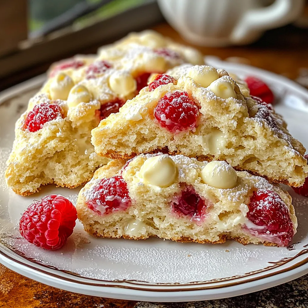 - 2 cups all-purpose flour - 1 tablespoon baking powder - 1/4 teaspoon salt - 1/4 cup granulated sugar - 1/2 cup unsalted butter, cold and cubed - 1/2 cup heavy cream - 1 large egg - 1 teaspoon vanilla extract - 3/4 cup fresh raspberries - 1/2 cup white chocolate chips - Extra cream for brushing - Raw sugar for sprinkling - Powdered sugar for dusting - Clotted cream - Raspberry jam Gathering the right ingredients is key when making these scones. You want to use fresh raspberries and good quality white chocolate chips. The butter should be cold for a flaky texture. This mix of flavors creates a perfect balance of sweet and tart. The optional ingredients can elevate the scones more. Dusting with powdered sugar adds a nice touch. Clotted cream and raspberry jam make a delightful pairing when serving. They add richness and extra raspberry flavor. All these ingredients come together to make a treat that is easy and fun to make. You can impress family and friends with this simple recipe. Enjoy the process as much as the result! {{ingredient_image_2}} - Preheat your oven to 400°F (200°C). - Line a baking sheet with parchment paper. In these first steps, we set the stage for baking. Preheating the oven ensures that the scones rise properly. The parchment paper makes cleanup easy and keeps the scones from sticking. - In a large bowl, mix together 2 cups of all-purpose flour, 1 tablespoon baking powder, 1/4 teaspoon salt, and 1/4 cup granulated sugar. This combination is the base of your scones. Whisk them well to combine. - Add 1/2 cup cold, cubed unsalted butter into the flour mixture. Use your fingers or a pastry cutter to blend until it looks like coarse crumbs. Cold butter creates flaky layers in your scones. It’s key to keeping the scones light and airy. - In another bowl, whisk together 1/2 cup heavy cream, 1 large egg, and 1 teaspoon vanilla extract. Then, pour this into the dry mixture. Gently stir until just combined. Don’t over-mix; a few lumps are okay. This keeps your scones tender. - Now, gently fold in 3/4 cup fresh raspberries and 1/2 cup white chocolate chips. Be careful not to crush the raspberries too much. You want bursts of flavor in every bite. - Lightly flour your surface. Turn out the dough and shape it into a disc, about 1 inch thick. - Cut the disc into 8 equal wedges and place them on the baking sheet, giving them space. - Brush the tops with extra cream and sprinkle raw sugar on top for crunch. - Bake in the oven for 18-22 minutes. They should be golden brown. Once they are done, let them cool for a few minutes. This helps them set and makes them easier to move. Enjoy the process, and soon you'll have scones that are not just tasty but beautifully presented! Cold ingredients make all the difference. Use cold butter and cream. This keeps the butter solid. Solid butter creates steam while baking. Steam makes your scones fluffy and light. Avoid over-mixing the dough. Mix the wet and dry ingredients just until they blend. If you mix too much, the scones can become tough. Remember, less is more when it comes to mixing. Raspberry white chocolate scones shine when served with clotted cream and raspberry jam. The rich cream adds a smooth layer. The sweet jam brings out the berry flavor. This combo makes each bite special. For drinks, serve with a hot cup of tea or coffee. Both drinks enhance the scone experience. Try a light herbal tea for a refreshing touch. Dust the warm scones with powdered sugar. This adds a sweet look and taste. A light sprinkle goes a long way in making your scones pop. Arrange the scones on a pretty plate. You can place them in a circle or stack them. Add fresh raspberries around for color. This makes your scones look stunning and ready to enjoy! Pro Tips Use Cold Ingredients: Ensure your butter and cream are cold; this helps create flaky layers in the scones. Handle the Dough Gently: Mix the dough until just combined to avoid tough scones; overworking the dough can lead to a dense texture. Choose Fresh Raspberries: Opt for fresh, firm raspberries for the best flavor and to prevent excess moisture in the dough. Cool Before Serving: Allow the scones to cool slightly on a wire rack for the best texture before serving; this helps them firm up and enhances flavor. {{image_4}} You can change the flavors of your scones easily. Try using different berries like blueberries or strawberries. These fruits add sweetness and a nice pop of color. You can also swap out the white chocolate chips. Use dark chocolate or even milk chocolate for a richer taste. Want something crunchy? Add chopped nuts like pecans or walnuts. For a fresh burst, mix in some citrus zest, like lemon or orange. If you need a gluten-free option, use a gluten-free flour blend. Make sure it has a good binding agent to help the scones hold together. For a vegan version, swap the butter for a plant-based alternative. Use almond milk or coconut milk instead of heavy cream. Replace the egg with a flaxseed meal or applesauce to keep the moisture. Scones can adapt to any season. In summer, try peaches or cherries when they are ripe. In fall, pumpkin or spice can add warmth. For winter holidays, think of cranberries or peppermint. This way, you can enjoy a different flavor all year long. Each season brings new tastes to explore! After baking, let the scones cool on the baking sheet for about five minutes. Transfer them to a wire rack for complete cooling. This step helps keep the scones light and fluffy. If you stack them while warm, they may get soggy. Store your cooled scones at room temperature in an airtight container. They stay fresh for about two days. If you want to keep them longer, refrigeration works too. Just wrap each scone in plastic wrap before placing them in the fridge. For even longer storage, consider freezing. Place the cooled scones in a freezer-safe bag. They can last up to three months in the freezer. To enjoy warm scones again, reheat them in the oven. Preheat the oven to 350°F (175°C). Place the scones on a baking sheet for about 10 minutes. This method keeps their texture and flavor intact. You can also use a microwave, but only for 10-15 seconds. This warms them but may make them softer. Enjoy your scones fresh and warm! To make scones from scratch, start with simple ingredients. Mix flour, baking powder, salt, and sugar in a bowl. Add cold, cubed butter and mix until it looks like crumbs. In another bowl, whisk heavy cream, egg, and vanilla extract. Pour this into the flour mix and stir gently. Finally, fold in raspberries and white chocolate. Shape, cut, and bake until golden. Scones may not rise due to a few reasons. First, check if your baking powder is fresh. Old baking powder may not work well. Also, avoid over-mixing the dough. This can make scones dense. Lastly, make sure your oven is preheated. Baking in a cold oven can prevent proper rising. Yes, you can use frozen raspberries. They work well in scones. Just remember to add them straight from the freezer. Do not thaw them, as they may become mushy. This keeps the scones from turning too wet. Scones last for about 2-3 days at room temperature. To store them, place scones in an airtight container. This keeps them fresh. If you want to keep them longer, freeze them. Properly wrapped, they can last for up to 3 months. Yes, you can freeze the scone dough. Shape the dough into a disc and cut it into wedges. Then, wrap each wedge in plastic wrap. Place the wrapped pieces in a freezer bag. When ready to bake, just add a few extra minutes to the baking time. Raspberry white chocolate scones pair well with various treats. Serve them with clotted cream for a rich touch. You can also add raspberry jam for a sweet kick. A hot cup of tea or coffee makes a great drink choice. You’ve learned how to make tasty raspberry white chocolate scones. We covered key ingredients, preparation, and baking steps. Remember to keep your ingredients cold for the best texture. Consider adding variations like other berries or nuts. Store your scones properly for fresh bites later. Enjoy pairing them with clotted cream and raspberry jam. With these tips, your scones will impress family and friends. Happy baking!