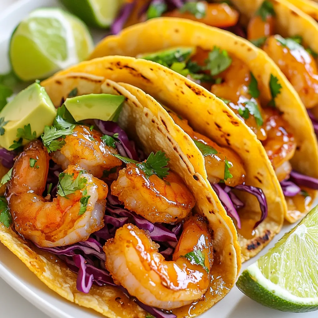 To make honey garlic shrimp tacos, you will need: - 1 lb large shrimp, peeled and deveined - 1/4 cup honey - 2 tablespoons soy sauce - 3 cloves garlic, finely minced - 1 tablespoon fresh ginger, freshly grated - 1 tablespoon freshly squeezed lime juice - 1 tablespoon extra virgin olive oil - 8 small soft corn tortillas - 1 cup red cabbage, finely sliced - 1 ripe avocado, sliced - 1/4 cup fresh cilantro, roughly chopped - Lime wedges for serving - Sea salt and freshly cracked black pepper to taste This recipe includes both fresh and pantry staples. The fresh ingredients are shrimp, ginger, lime, avocado, and cilantro. These ingredients add bright flavors and textures. For the pantry items, you will use honey, soy sauce, and olive oil. They provide a sweet and salty base for the shrimp. Garlic brings depth and aroma, while red cabbage adds crunch. You can swap some ingredients if needed. Here are a few options: - Instead of large shrimp, use medium shrimp or even diced chicken. - If you don’t have honey, maple syrup works well as a sweetener. - You can use tamari instead of soy sauce for a gluten-free option. - If fresh ginger is unavailable, ground ginger is a good substitute. - Feel free to replace corn tortillas with flour or lettuce wraps for a low-carb choice. These substitutions keep the dish tasty while catering to your needs. {{ingredient_image_2}} To start, gather your ingredients. You need honey, soy sauce, garlic, ginger, lime juice, olive oil, sea salt, and black pepper. In a medium bowl, whisk together the honey, soy sauce, minced garlic, grated ginger, lime juice, and olive oil. Add a pinch of sea salt and black pepper for taste. Mix it well until smooth. This marinade brings a sweet and savory flavor to the shrimp. Next, add the peeled and deveined shrimp to your bowl. Gently toss the shrimp in the marinade. Make sure each shrimp is coated well. Let them sit for 15 to 20 minutes. This helps the shrimp soak up all those tasty flavors. Once the time is up, heat a large skillet over medium heat. Add the marinated shrimp in a single layer. Cook them for about 2 to 3 minutes on each side. You know they are done when they turn bright pink and opaque. Remove the skillet from the heat. Now it’s time to build your tacos. First, warm the corn tortillas in another skillet over low to medium heat. Heat them for about 30 seconds on each side. Alternatively, you can warm them over an open flame for a few seconds. This makes them soft and easy to fold. Lay two or three cooked shrimp on each tortilla. Top with slices of avocado and a handful of shredded red cabbage. Finally, add a sprinkle of fresh cilantro. Serve your tacos right away with lime wedges for that zesty squeeze. Enjoy! To make sure your shrimp come out just right, follow these simple tips: - Choose fresh shrimp: Look for shrimp that smell like the ocean, not fishy. - Don’t overcook: Cook shrimp for about 2-3 minutes on each side. They should turn pink and opaque. - Use a hot skillet: Make sure the skillet is hot before adding the shrimp. This helps them cook evenly. Marinating your shrimp for 15-20 minutes allows them to soak up all that honey and garlic goodness. This step is key for flavor! Warming tortillas is easy and makes a big difference in taste. Here’s how to do it: - Skillet method: Place a skillet on low to medium heat. Warm each tortilla for about 30 seconds on each side. - Stovetop flame: Hold the tortilla with tongs and pass it over an open flame. This gives them a nice char and makes them soft. Warm tortillas fold better and taste great with the shrimp! Making your tacos look good is part of the fun. Here are some tricks: - Stack neatly: Place tacos on a colorful plate. This makes them pop! - Add garnishes: Sprinkle extra cilantro on top for a fresh look. - Serve lime wedges: Put lime wedges in a small dish on the side. This adds a nice touch for squeezing over the tacos. A well-presented taco not only tastes good but also looks inviting! Pro Tips Marinate for Maximum Flavor: Allow the shrimp to marinate for at least 20 minutes to fully absorb the honey garlic flavors. For an even bolder taste, marinate for up to an hour in the refrigerator. Perfectly Cooked Shrimp: Keep a close eye on the shrimp while cooking. They cook quickly and are done when they turn pink and opaque. Overcooking can make them rubbery. Warm Tortillas: Warm the corn tortillas on a skillet or over an open flame just until pliable. This enhances their flavor and texture, making them the perfect vessel for your tacos. Garnish Wisely: Don't skip the fresh cilantro and lime wedges! They add a bright, zesty finish that balances the sweetness of the honey garlic sauce and enhances the overall flavor of the tacos. {{image_4}} You can swap shrimp for other proteins. Chicken works great in this recipe. Use boneless pieces and cut them into small chunks. You can also try fish, like salmon or tilapia. These fish cook quickly and soak up flavors well. For a plant-based option, use tofu or tempeh. Simply marinate them like the shrimp. To add a kick, try adding chili flakes or diced jalapeños to the marinade. This gives the shrimp a nice heat. If you prefer herbs, add fresh basil or dill. These herbs will lighten the dish and add freshness. You can also try citrus zest, like lemon or grapefruit, for a bright twist. Mix and match to find your favorite flavor! Toppings make tacos fun and tasty. Besides avocado and cabbage, you can add diced tomatoes or corn. Pickled onions bring a tangy crunch. For a creamy touch, drizzle sour cream or yogurt over the top. Fresh lime juice brightens the entire dish. You can also add hot sauce for extra flavor. Each topping brings its own flair, so get creative! To store leftover shrimp, let them cool first. Place the shrimp in an airtight container. Ensure you keep them in the fridge. They will stay fresh for up to three days. If you want to keep them longer, freeze the shrimp. Just seal them well in a freezer-safe bag. They can last up to three months in the freezer. Tacos are best when fresh, but you can store them too. Keep the shrimp and toppings separate from the tortillas. Place tortillas in a sealed bag. Store the shrimp and toppings in their own containers. This way, the tortillas won’t get soggy. They can last up to two days in the fridge. For best taste, eat them as soon as possible. To reheat shrimp, place them in a skillet over medium heat. Cook for about three minutes or until warm. You can also use the microwave. Place shrimp in a bowl and heat for 30 seconds. For tortillas, warm them in a dry skillet. Heat for about 30 seconds on each side. You want them soft and pliable. Avoid overheating to keep them tasty. The best shrimp for these tacos is large shrimp. They are easy to handle and cook well. Look for shrimp that are fresh, firm, and have a mild scent. Wild-caught shrimp often taste better than farmed. If you can, buy shrimp that are peeled and deveined to save time. You can prepare some parts of this dish ahead of time. Marinate the shrimp a few hours before cooking. This helps the flavors mix well. You can also slice the avocado and cabbage in advance. Just keep them in the fridge until you are ready to serve. I don’t recommend assembling the tacos too early. They taste best fresh. To make this recipe gluten-free, use gluten-free soy sauce. Many brands offer gluten-free options that taste great. Make sure to check the labels. The rest of the ingredients are already gluten-free. Use corn tortillas as they are naturally gluten-free. Enjoy your tacos without worry! This blog post covered how to make tasty shrimp tacos from start to finish. We looked at ingredients, cooking steps, and useful tips. Remember, using fresh shrimp and warming tortillas right makes a big difference. You can also try different proteins or flavors to mix things up. Storing leftovers properly keeps your tacos fresh for later. With these steps, you can make shrimp tacos that everyone will enjoy. Get cooking and have fun with these delicious options!