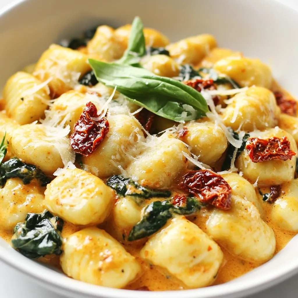 - 1 pound (450g) gnocchi (either store-bought or homemade) - 1 cup sun-dried tomatoes packed in oil, drained and roughly chopped - 1 cup heavy cream - 1 cup baby spinach, chopped into bite-sized pieces - 1/2 cup freshly grated Parmesan cheese - 2 tablespoons extra virgin olive oil - 2 cloves garlic, minced - 1 cup vegetable broth - 1 teaspoon dried basil - 1/2 teaspoon red pepper flakes (optional for extra heat) - Salt - Black pepper - Fresh basil leaves for garnish You need these ingredients to create a rich and creamy dish. The gnocchi serves as a soft base. The sun-dried tomatoes add a punch of flavor. Heavy cream gives the sauce its creamy texture. Baby spinach brings in freshness and color. Lastly, Parmesan cheese enhances the taste with a savory finish. In your pantry, you likely have olive oil and garlic. These will form the backbone of your sauce. Vegetable broth adds depth to the mix. Dried basil and red pepper flakes give it a fragrant kick. Salt and pepper are essential for balancing the flavors. When you finish, don’t forget to use fresh basil leaves as a garnish. They add a lovely touch to each plate. Enjoy the vibrant colors and flavors this dish brings to your table. {{ingredient_image_2}} Start by filling a large pot with water. Add a generous amount of salt. The water should taste like the sea. Bring it to a rapid boil. Carefully add the gnocchi to the boiling water. They will sink at first. Cook them according to the package directions. Usually, this takes about 3 to 5 minutes. You know they are done when they float to the top. Once cooked, drain the gnocchi and set them aside. In a large skillet, add two tablespoons of olive oil. Heat it over medium flame. Once hot, add two cloves of minced garlic. Sauté for about one minute. You want it fragrant but not brown. Next, add one cup of chopped sun-dried tomatoes. Stir and cook this for another 2 to 3 minutes. This allows the flavors to combine beautifully. Slowly pour in one cup of heavy cream. Then, add one cup of vegetable broth. Stir continuously to blend everything well. Bring this mixture to a gentle simmer. Let it cook for about 3 to 5 minutes. You want the sauce to thicken slightly. Now, stir in one cup of chopped spinach and half a cup of grated Parmesan cheese. Add one teaspoon of dried basil and optional red pepper flakes. Mix everything well. The spinach should wilt, and the cheese should melt. Taste your sauce and add salt and black pepper to your liking. Finally, gently fold the cooked gnocchi into the creamy sauce. Make sure each piece gets well coated in the flavorful mixture. To get a creamy sauce, focus on the right ratio of cream to broth. Start with equal parts of both. You can adjust this as you cook. If the sauce is too thick, add more broth. A gentle simmer helps it thicken nicely without burning. Taste often and add salt and pepper gradually. Balancing the seasoning is key to a great dish. Use fresh herbs like basil or parsley for a burst of flavor. Dried basil works too, but fresh adds more brightness. Red pepper flakes give a nice kick. If you like heat, add them to the sauce. For deeper flavor, consider mixing in a splash of white wine while cooking. You can also add cooked chicken or mushrooms for extra richness. When serving, use shallow bowls for a nice touch. This makes the dish look elegant. For garnish, sprinkle fresh basil leaves on top. A light dusting of grated Parmesan adds a beautiful finish. You can also drizzle a bit of olive oil for shine. Serve with crusty bread on the side to soak up that tasty sauce. Pro Tips Fresh Herbs for Flavor: Adding fresh basil or parsley at the end of cooking enhances the dish's freshness and aroma. Gnocchi Cooking Tip: For the best texture, ensure your gnocchi floats to the surface before removing it from the boiling water. Cheese Variations: Experiment with different cheeses like pecorino or mozzarella for a unique flavor profile in your sauce. Make it Vegan: Substitute heavy cream with coconut cream and use nutritional yeast instead of Parmesan for a creamy vegan version. {{image_4}} You can add grilled chicken for a hearty meal. Shrimp also works well and cooks quickly. For a vegetarian option, you might try mushrooms. Tofu is another great choice. It absorbs flavors well and adds protein. If you need gluten-free gnocchi, many brands offer it now. You can also make your own with gluten-free flour. For a dairy-free dish, use coconut milk instead of cream. Nutritional yeast can replace Parmesan cheese for a cheesy taste. Want to jazz it up? Add sun-dried tomato pesto for extra flavor. You can also use kale or arugula as a fresh twist. These veggies bring great color and nutrients, making the dish even better. To store creamy gnocchi, cool it down first. Place it in an airtight container. This keeps the dish fresh and tasty. Use a container that seals well to avoid spills. You can keep it in the fridge for up to 3 days. When reheating, avoid the microwave if possible. The stovetop works best for keeping the texture nice. Add a splash of vegetable broth or cream to help it stay creamy. Heat over low to medium heat, stirring gently until warm. If you must use a microwave, reheat in short bursts. Stir in between to help heat evenly. You can freeze creamy gnocchi for later. Make sure it is cool before you pack it. Place it in a freezer-safe bag or container. Squeeze out the air to prevent freezer burn. To thaw, place it in the fridge overnight. Reheat it on the stovetop with a bit of liquid. This helps the gnocchi regain its creamy texture. Yes, you can use frozen gnocchi. To cook frozen gnocchi, bring a pot of salted water to a boil. Add the frozen gnocchi directly to the water. They usually take about 5-7 minutes to cook. When they float to the top, they are ready to drain and use. This method saves time and still gives you a tasty dish. To make this recipe healthier, consider these options: - Use low-fat cream instead of heavy cream. - Substitute half of the cream with Greek yogurt for a tangy flavor. - Add more vegetables like zucchini or bell peppers. - Reduce the amount of cheese or use a low-fat version. - Serve with a side salad to boost nutrients. Creamy sun-dried tomato gnocchi pairs well with: - A fresh green salad with lemon vinaigrette. - Steamed broccoli or asparagus for a nice crunch. - Garlic bread to soak up the sauce. - Roasted vegetables for extra flavor and color. This blog post covered the creamy gnocchi recipe from ingredients to storage tips. You learned about key ingredients like gnocchi, sun-dried tomatoes, and heavy cream. We explored cooking steps and fun ways to enhance flavor. I also shared options for protein and dietary needs. In closing, this dish is comforting and versatile. Feel free to experiment with flavors and ingredients. Enjoy your delicious creamy gnocchi creation!
