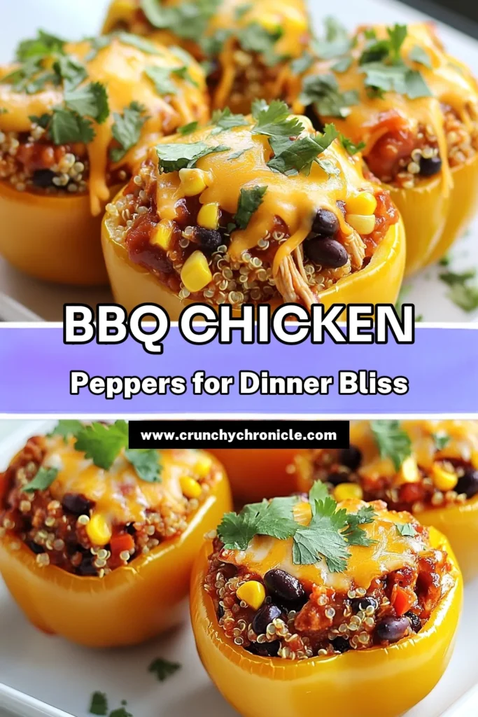 Looking for a delicious and healthy dinner idea? Try these BBQ chicken stuffed peppers! This easy stuffed pepper recipe combines shredded chicken, sweet corn, black beans, and quinoa for a filling meal that's bursting with flavor. Top it off with cheesy goodness for an irresistible twist! Perfect for meal prep or family dinners. Save this recipe for BBQ stuffed peppers with quinoa today! #BBQChickenStuffedPeppers #HealthyStuffedPeppers #CheesyStuffedBellPeppers #EasyStuffedPeppers
