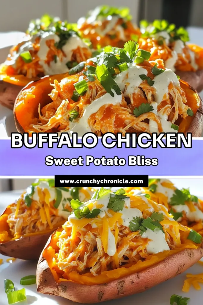 Spice up your dinner with this delicious Buffalo Chicken Stuffed Sweet Potatoes recipe! Perfectly baked sweet potatoes are loaded with creamy buffalo chicken and topped with cheese, making for a comforting and flavorful meal. Easy to prepare and packed with flavor, this dish is sure to impress. Click through for the full recipe and get cooking today! #BuffaloChicken #SweetPotatoes #HealthyRecipes #DinnerIdeas