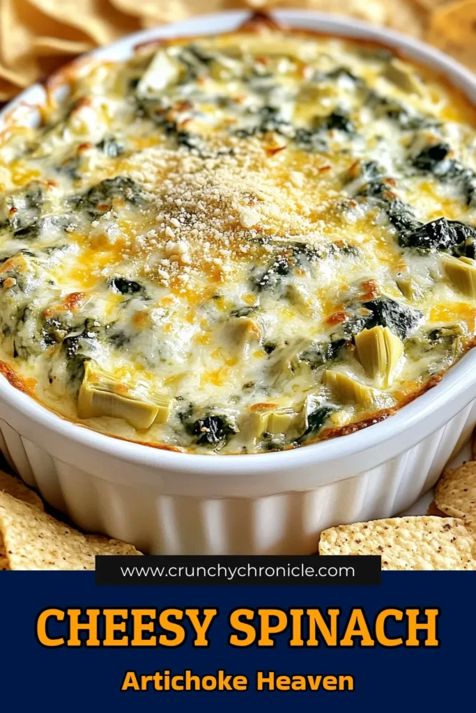 Delight your guests with this creamy spinach artichoke dip, the perfect easy party appetizer! This cheesy spinach dip recipe is a crowd-pleaser, featuring baked spinach artichoke dip packed with mozzarella and Parmesan. Serve this warm cheesy dip with tortilla chips or veggies for a delicious treat! Get the full recipe and impress at your next gathering. Try it today! #SpinachArtichokeDip #CheesyAppetizer #PartyRecipes #DipsAndSpreads