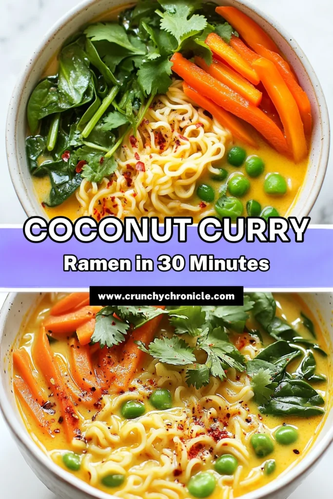 Craving something delicious and nutritious? Try this Coconut Curry Ramen! This vegan ramen recipe combines rich coconut milk and aromatic curry for a quick coconut curry that is full of flavor. In just 30 minutes, you can prepare this easy curry noodle bowl packed with vegetables, making it a healthy ramen bowl recipe for any night of the week. Save this recipe for a satisfying meal today! #CoconutCurryRamen #VeganRamenRecipe #HealthyRamen #EasyCurryNoodleBowl