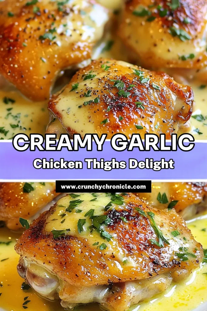 Savor the deliciousness of creamy garlic chicken thighs with this roasted garlic chicken recipe! This oven-baked chicken thighs dish features tender, juicy meat smothered in a decadent creamy chicken sauce that’s perfect for dinner. With easy-to-follow steps, you'll have a mouthwatering chicken thigh dinner recipe ready in no time. Click to discover this tasty recipe today! #CreamyGarlicChickenThighs #OvenBakedChickenThighs #ChickenThighDinnerRecipe #CreamyChickenSauce