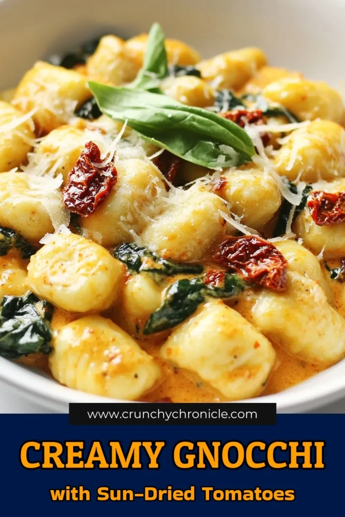 Indulge in this creamy gnocchi recipe featuring sun-dried tomatoes and fresh spinach for a delightful vegetarian gnocchi dish. This easy gnocchi recipe comes together in just 20 minutes, making it perfect for weeknight dinners. Elevate your meals with this exquisite gnocchi with spinach and cream that everyone will love. Save this recipe for a flavorful, comforting dish you can enjoy any time! #CreamyGnocchi #SunDriedTomatoGnocchi #VegetarianRecipes #EasyDinners