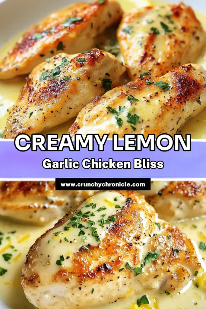 Discover the tantalizing flavors of creamy lemon garlic chicken! This easy chicken dinner recipe features a luscious lemon garlic sauce for chicken that will please everyone at the table. Perfect for those seeking healthy chicken breast recipes, this creamy chicken dish is not only delicious but also quick to prepare, taking just 30 minutes. Save this recipe for a weeknight win! #CreamyLemonGarlicChicken #EasyDinner #HealthyRecipes #ChickenDishes