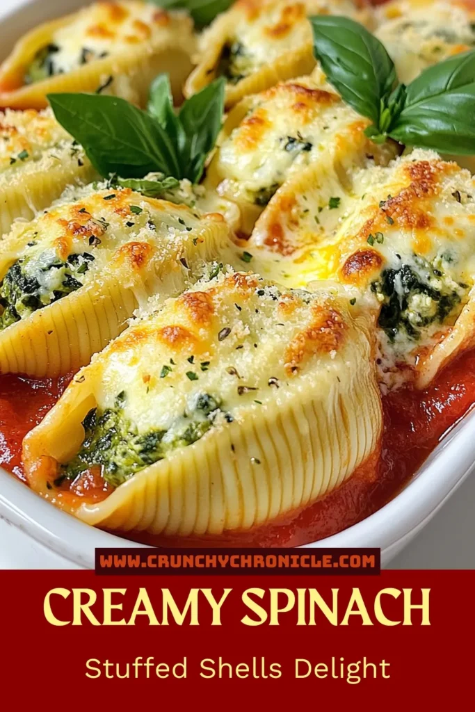 Indulge in these creamy spinach stuffed shells, a delightful vegetarian stuffed shells recipe perfect for any occasion. Packed with ricotta cheese and fresh spinach, this jumbo pasta shells recipe offers a rich and satisfying flavor. Baked to perfection with marinara sauce and topped with melting mozzarella, this baked pasta with spinach is sure to impress. Try this ricotta cheese pasta recipe tonight and elevate your weeknight dinners! Save for later! #VegetarianRecipes #PastaDishes #ComfortFood #HealthyEating