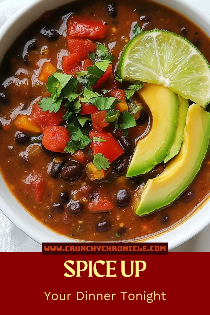 Discover the ultimate spicy vegetable soup recipe with this Fiery Black Bean Delight Soup! Packed with robust flavors and healthy beans, this easy vegetarian chili soup is perfect for any meal. Enjoy the combination of black beans, fresh vegetables, and zesty lime for a nutritious bowl of black bean delight. Perfect for warming up your day, this healthy soup is easy to make! Save this recipe to try it out. #BlackBeanSoup #VegetarianRecipe #HealthyEating #EasySoupRecipes