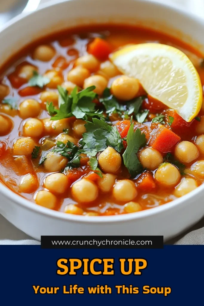 Warm up your day with this Spicy Harissa Chickpea Soup, a flavorful and healthy chickpea soup that’s perfect for any meal. This harissa chickpea recipe combines tender chickpeas, vibrant veggies, and aromatic spices into a comforting chickpea soup that’s vegetarian and delicious. Quick to make and loaded with nutrients, it’s a must-try! Click for the full recipe and save for later! #SpicyChickpeaSoup #HealthyChickpeaSoup #VegetarianSoupRecipe #HarissaChickpeaRecipe