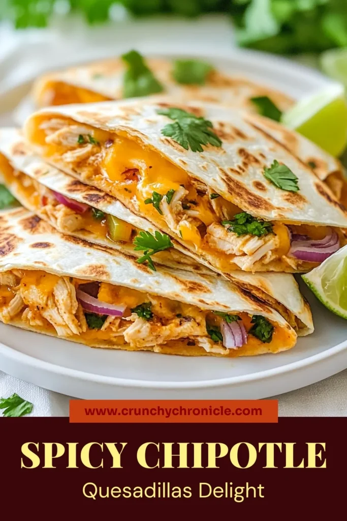 Looking for a delicious meal? Try these Spicy Chipotle Chicken Quesadillas! This easy quesadilla recipe combines spicy chicken with melted cheese for cheesy quesadillas that are simply irresistible. Packed with flavor and easy to make, this chipotle chicken recipe will be a hit at your dinner table. Perfect for a quick lunch or dinner, so grab your tortillas and get cooking! Save this stuffed tortilla recipe for later! #SpicyChickenQuesadillas #EasyQuesadillaRecipe #ChipotleChickenRecipe #CheesyQuesadillas